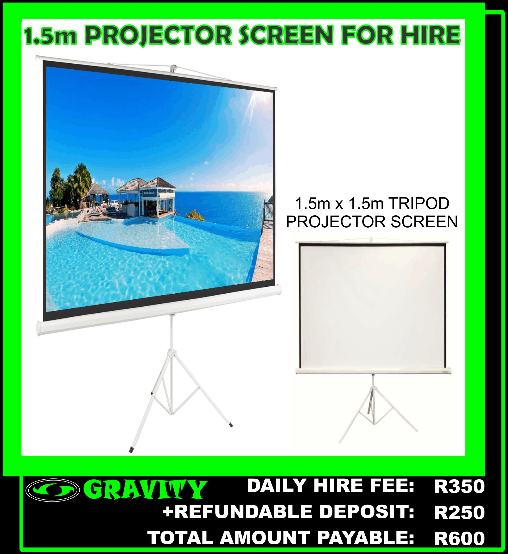1.5m PROJECTOR SCREEN FOR HIRE IN DURBAN AREA NOW AVAILABLE ON DAILY HIRE AT GRAVITY SOUND AND LIGHTING WAREHOUSE DURBAN PHOENIX 0315072463  OR 0315072736  DAILY HIRE FEE: R350  1.5m TRIPOD PROJECTOR SCREEN ONLY