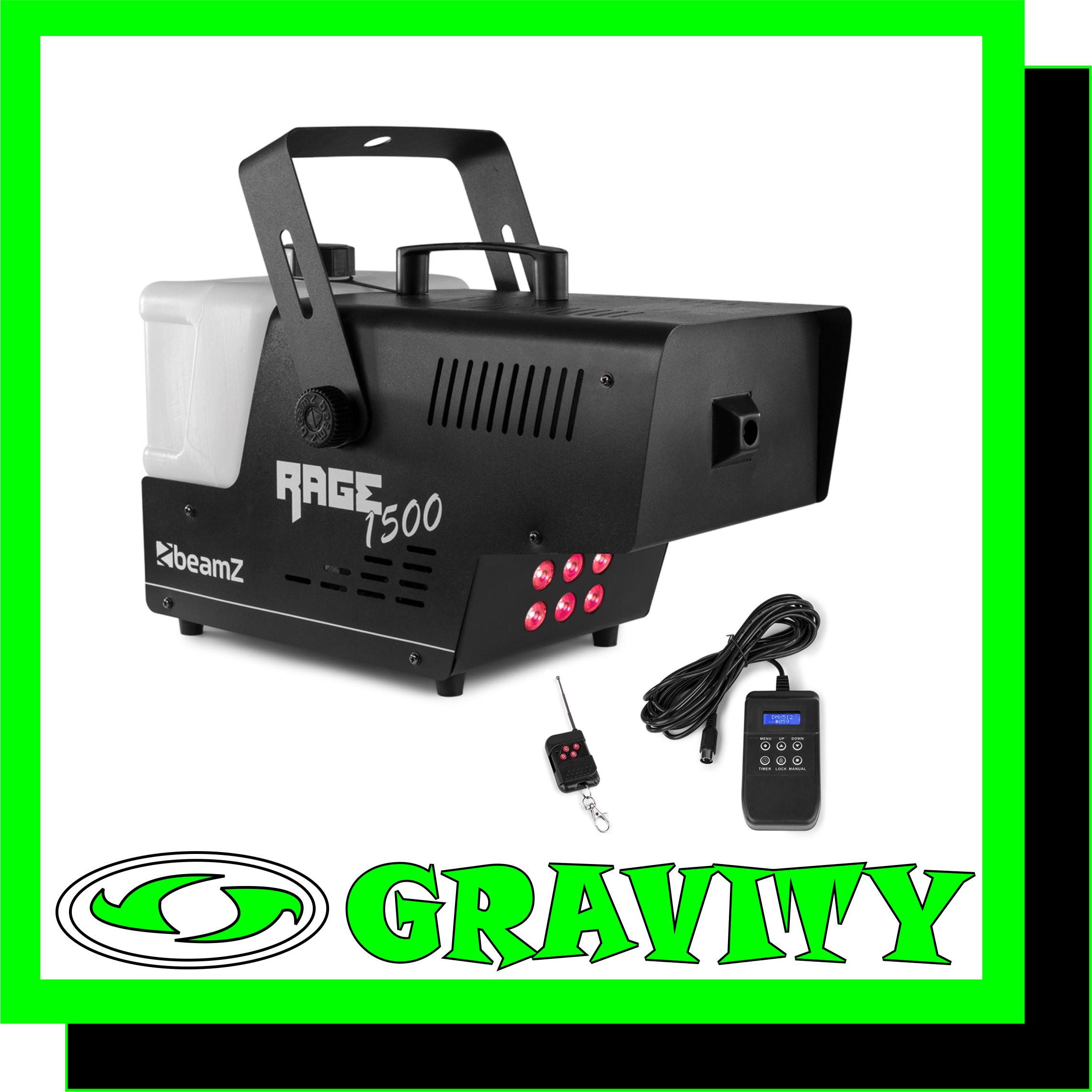 The Rage 1500LED is a powerful 1500W DMX smoke machine with 6x 9W 3-in-1 (RGB) built-in LEDs producing a stunning, sparkling and colourful light show. With fabulous smoke emissions, making it perfect for various premises, like large venues, on stages, etc. Equipped with a wired remote control (LCD with 3m cable) as well as with a wireless remote control, a high quality heating element and a built-in big reservoir (3,5 liters!) for smoke fluid. 1500W smoke machine with 3-in-1 LEDs A high illuminated column of smoke LCD remote control with timer function Red, Green or Blue LED colour control by DMX or stand alone Digital display to set DMX functions and stand-alone settings easy 3500ml smoke fluid tank Wired remote control, cable length 4m.