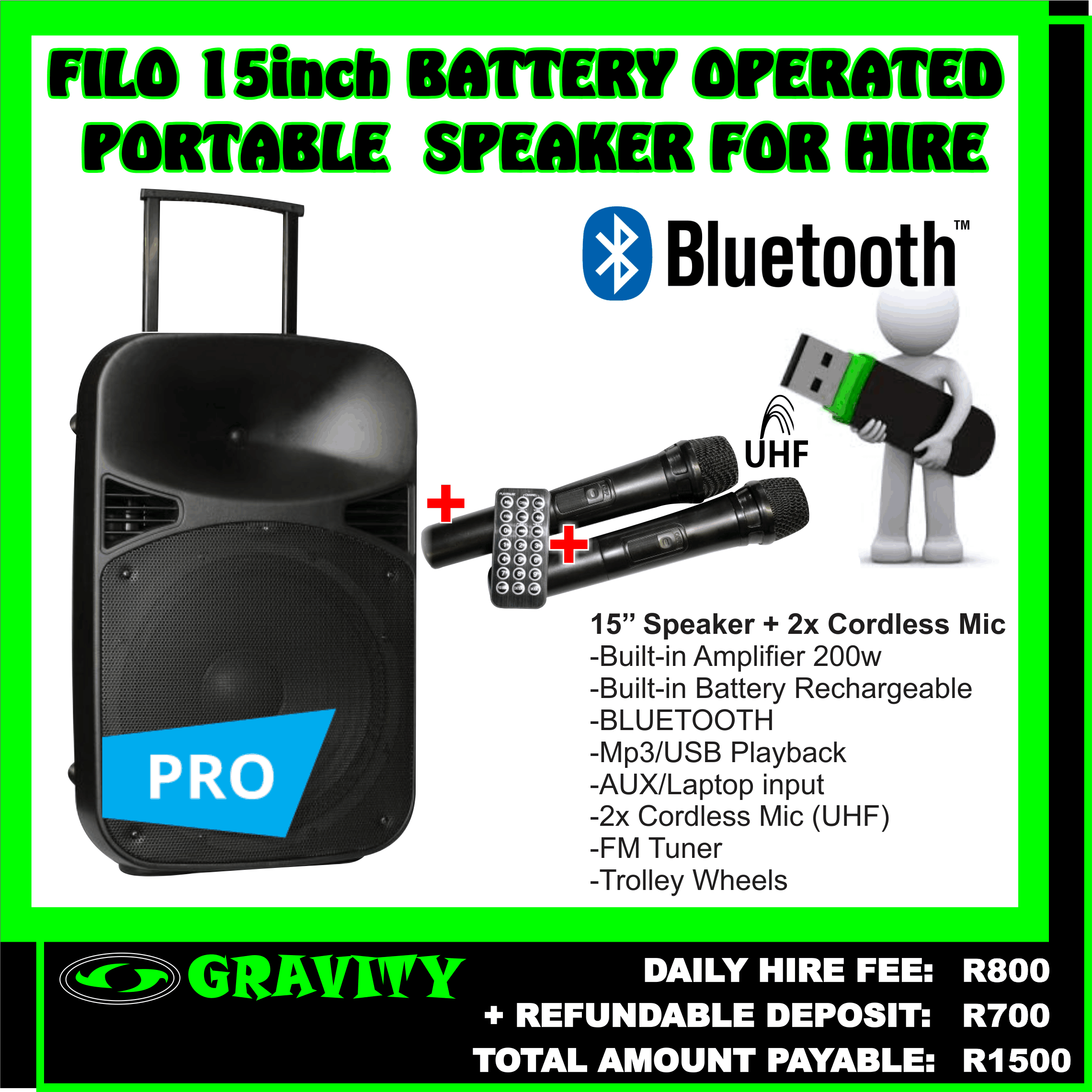 15inch battery operated portable active speaker for hire durban . load shedding speaker