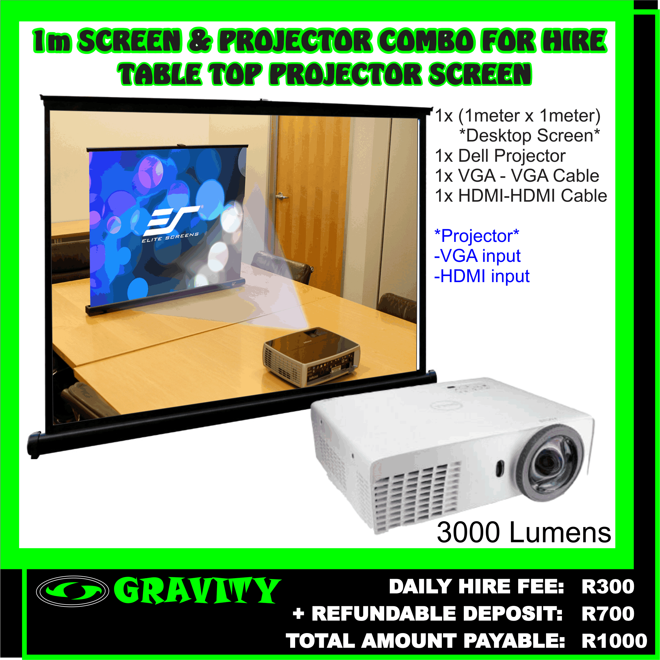 1.5m PROJECTOR SCREEN AND PROJECTOR COMBO FOR HIRE IN DURBAN AREA NOW AVAILABLE ON DAILY HIRE AT GRAVITY SOUND AND LIGHTING WAREHOUSE DURBAN PHOENIX 0315072463  OR 0315072736  DAILY HIRE FEE: R850  PROJECTOR +  1.5m PROJECTOR SCREEN  +  AND PROJECTOR ACCESSORIES     DOCUMENTS REQUIRED WHEN HIRING EQUIPMENT:  *COPY OF ID DOCUMENT (original SA id)  *CAR REGISTRATION NUMBER  *PROOF OF RESIDENCE (not older than 3months)