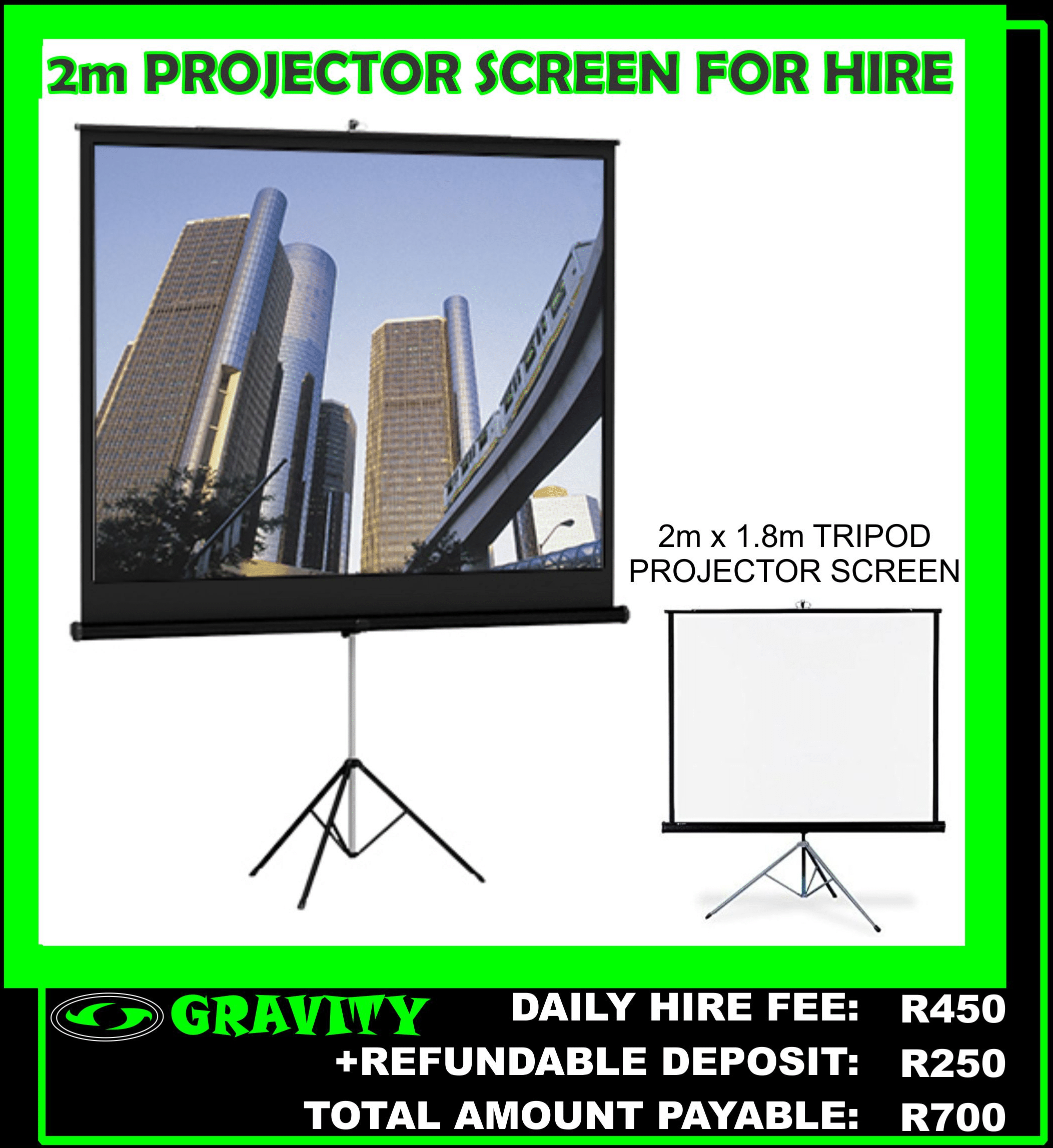 2m PROJECTOR SCREEN FOR HIRE IN DURBAN AREA NOW AVAILABLE ON DAILY HIRE AT GRAVITY SOUND AND LIGHTING WAREHOUSE DURBAN PHOENIX 0315072463  OR 0315072736  DAILY HIRE FEE: R350  2m TRIPOD PROJECTOR SCREEN ONLY     DOCUMENTS REQUIRED WHEN HIRING EQUIPMENT:  *COPY OF ID DOCUMENT (original SA id)  *CAR REGISTRATION NUMBER  *PROOF OF RESIDENCE (not older than 3months)