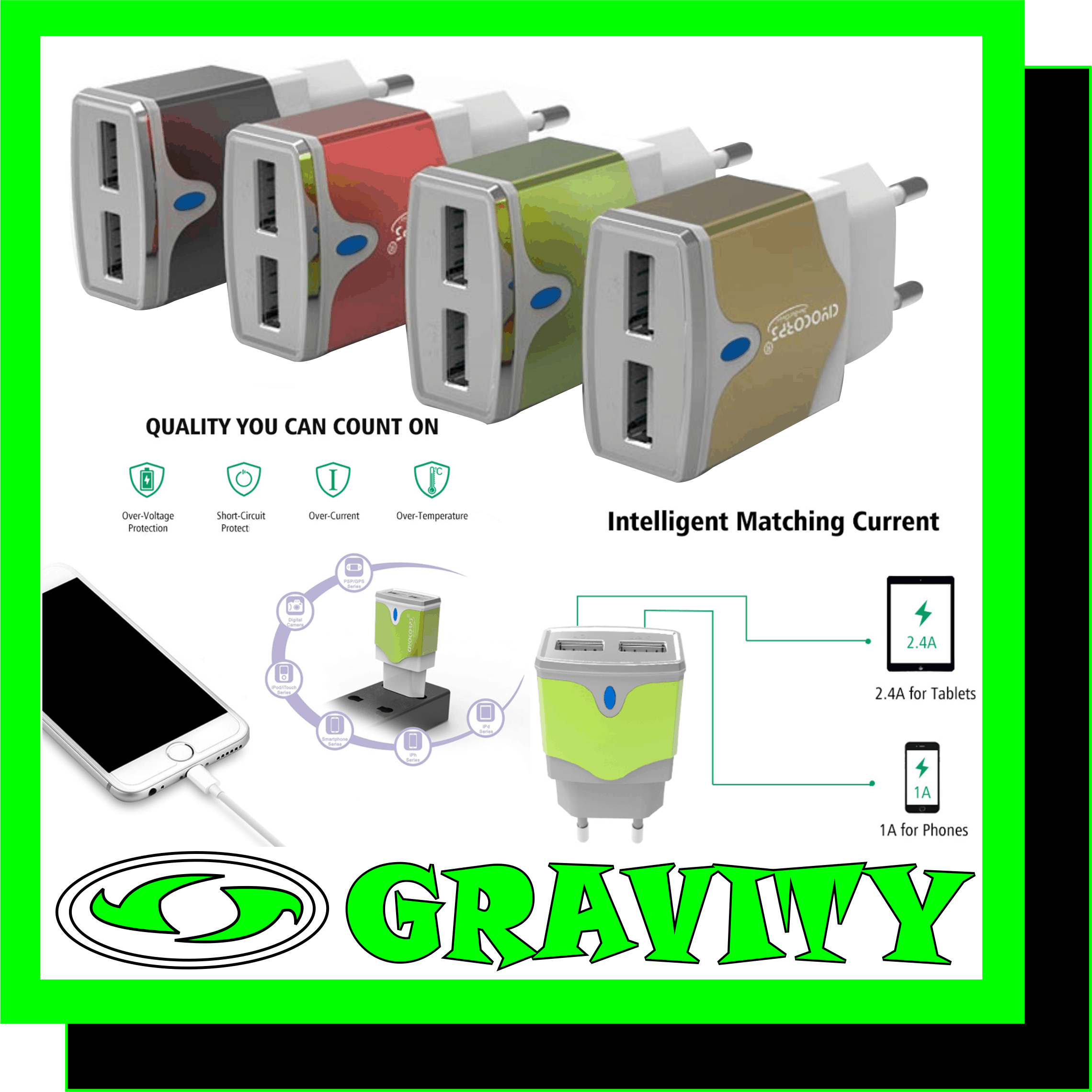 Product Name: Dual USB Travel & Wall Universal USB Phone Charger  Input Specifications: EU Plug-in  Input:AC 110-240v  Output:5V/ One USB is 2.4A(MAX); Other is 1A  Material: Aluminium alloy  Feature: LED Indicator  Suitable: For Iphone 7 plus  Samsung  Nokia  LG Google Nexus Xiaomi Huawei  Phone Devices