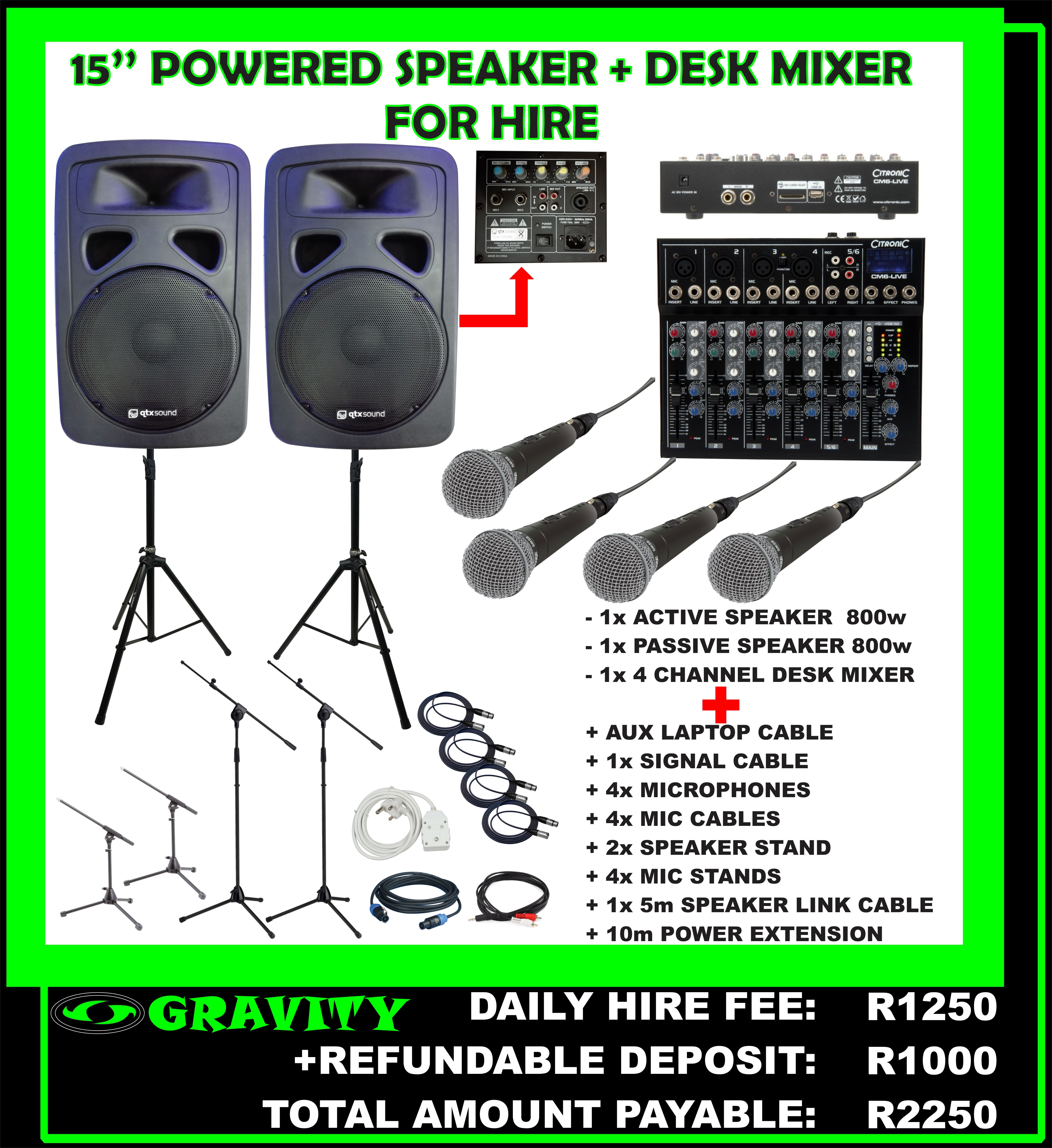 4 MIC PA SOUND BAND SOUND SYSTEM 15'' POWERED SPEAKER HIRE 4 CHANNEL DESK MIXER USB INPUT SD CARD INPUT GRAVITY SOUND AND LIGHTING WAREHOUSE 0315072463
