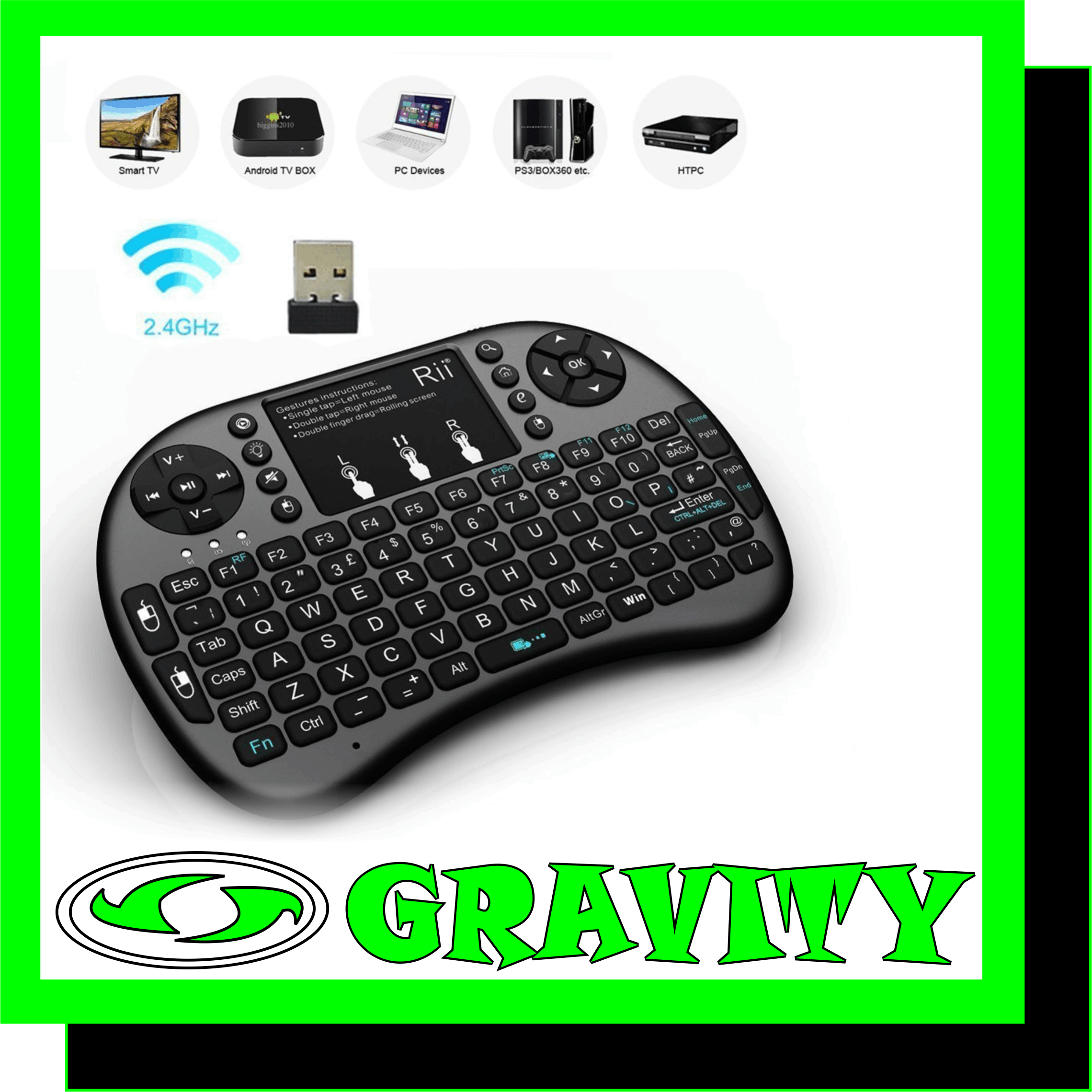 This is a mini 2.4GHz wireless keyboard and TouchPad combo, with USB interface receiver. It consists not only of normal wireless keyboard keys but also of multimedia control keys and PC game control keys. Plug and play, simple and smooth. The mini-keyboard ensures convenient typing, and you can control your devices on your sofa.   Features:  [Multifunction Combo] Wireless keyboard, touchpad mouse . Compatible with PC, Notebook, Smart TV, Android TV BOX, etc.  [2.4GHz Wireless Connection] With the included USB interface adapter, no driver, plug and play is required. 2.4GHz wireless connection, enjoy wireless control up to 10 meters.  [Backlight Function]Very easy and convenient to use the keyboard in the dark. Blue, Green, Red, three types of backlight can be toggled freely (Fn + F2).  [High sensitivity touchpad] Easy to operate the left mouse (single finger touch), right mouse (two finger touch) and the rolling screen (drag two fingers). Touchpad DPI adjustable functions.  [92 Keys Keyboard] Consists of normal wireless keyboard keys, multimedia control keys, and PC game control keys. The keyboard also features the sleep mode and self-alarm clock. 
