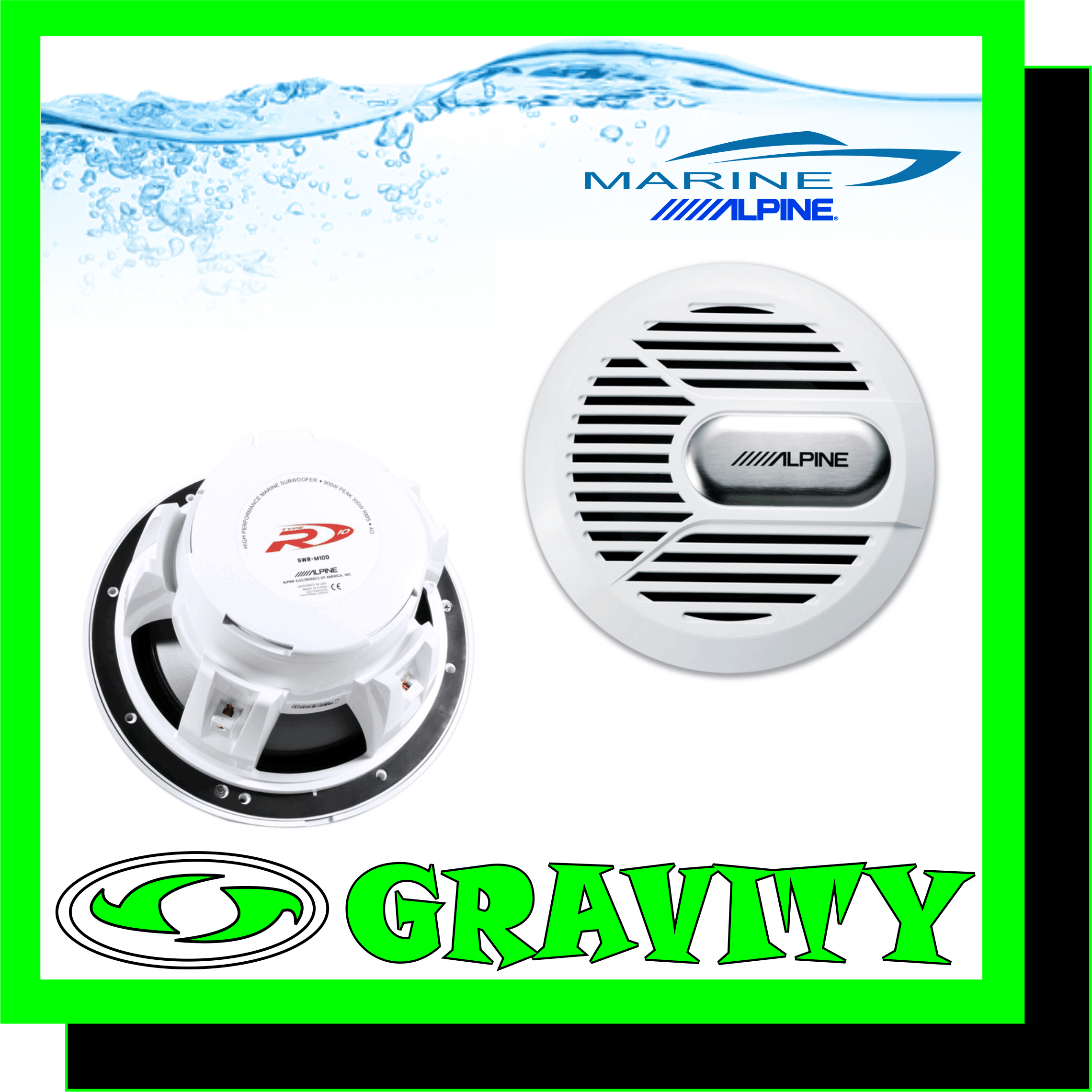ALPINE SWR-M100 MARINE SUBWOOFER  DESCRIPTION General Features:  300W RMS/ 900W Peak 4 O Impedance High Excursion for deep, high output bass Infinite Baffle Design for widest application Custom high-strength polypropylene frame High AMplitude Multi-Roll (HAMR) Surround (Pat. Pend) CRC Motor Structure (Patented) Thermal Management System Integrated Insert & Spade Terminals Hidden Screw Mounting & Grille Design Waterproof Rubber Mounting Gasket Included  Gasket Design: Rubber Mounting Gasket  Tinsel Leads Design: 16ga. Stranded Leads, Insulated  Terminals Design: 2-Way, Insert & Quick-Connect Terminals Layout: One Side  Frame Design: Custom High Strength 5-Leg Material: Injection Molded Polypropylene  Motor Structure Configuration: Airflow Management System Pole Geometry: Compound Radius Curve  Voice Coil Design: 4-Layer Single Voice Coil Material: High Temp. Copper Wire on TIL Former  Spider Design: Progressive Material: Nomex�  Surround Design: High Amplitude Multi-Roll Material: Injection Molded Sanoprene� Diaphram Design: 2-Piece Structural Parabolic Material: Molded Polypropylene  SPECIFICATIONS Dimensions Added Volume: 0.055 cu. ft. (Reverse Mount, Magnet Out) Displacement: 0.083ft cu. ft. (Front Mount) Mounting Diameter: 229 mm (9-1/32?) Mounting Depth: 144.72 mm (5-11/16?) Power Handling Peak Power Handling: 900 Watts RMS Power Handling: 300 Watts CEA-2006 Power Rating: 300 Watts