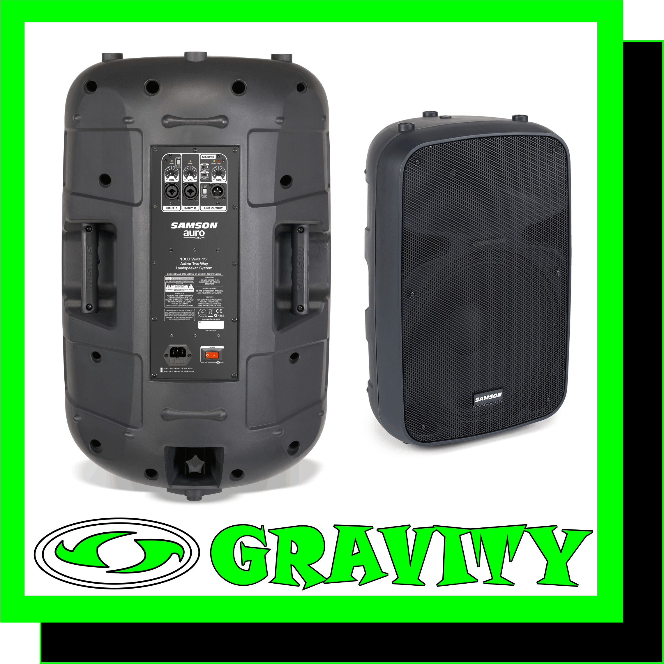 Serious Power & Sonic Purity. Samson's Auro X15D 2-Way Active Loudspeaker provides outstanding reliability and sound quality for musicians, DJs and other live sound professionals. When sound matters, the Auro X15D is the solution   -Compact, lightweight Class D 2-way active loudspeakers -1,000 watts of output power -15" extended range low frequency driver -1.34" (34mm) titanium compression driver -Samson's R.A.M.P. (Reactive Alignment/Maximum Protection) DSP technology -Master Volume control with peak indicator -Two XLR-1/4" combo input channels with independent volume controls -3-position EQ and HPF presets -XLR Link output allows expanded sound to additional speakers -Solid polypropylene enclosure with impact resistant design -Full metal grill protects all speaker components -Two large ergonomic carry handles -Integrated 1 3/8" speaker stand mount -Dual-angle floor monitor positioning options