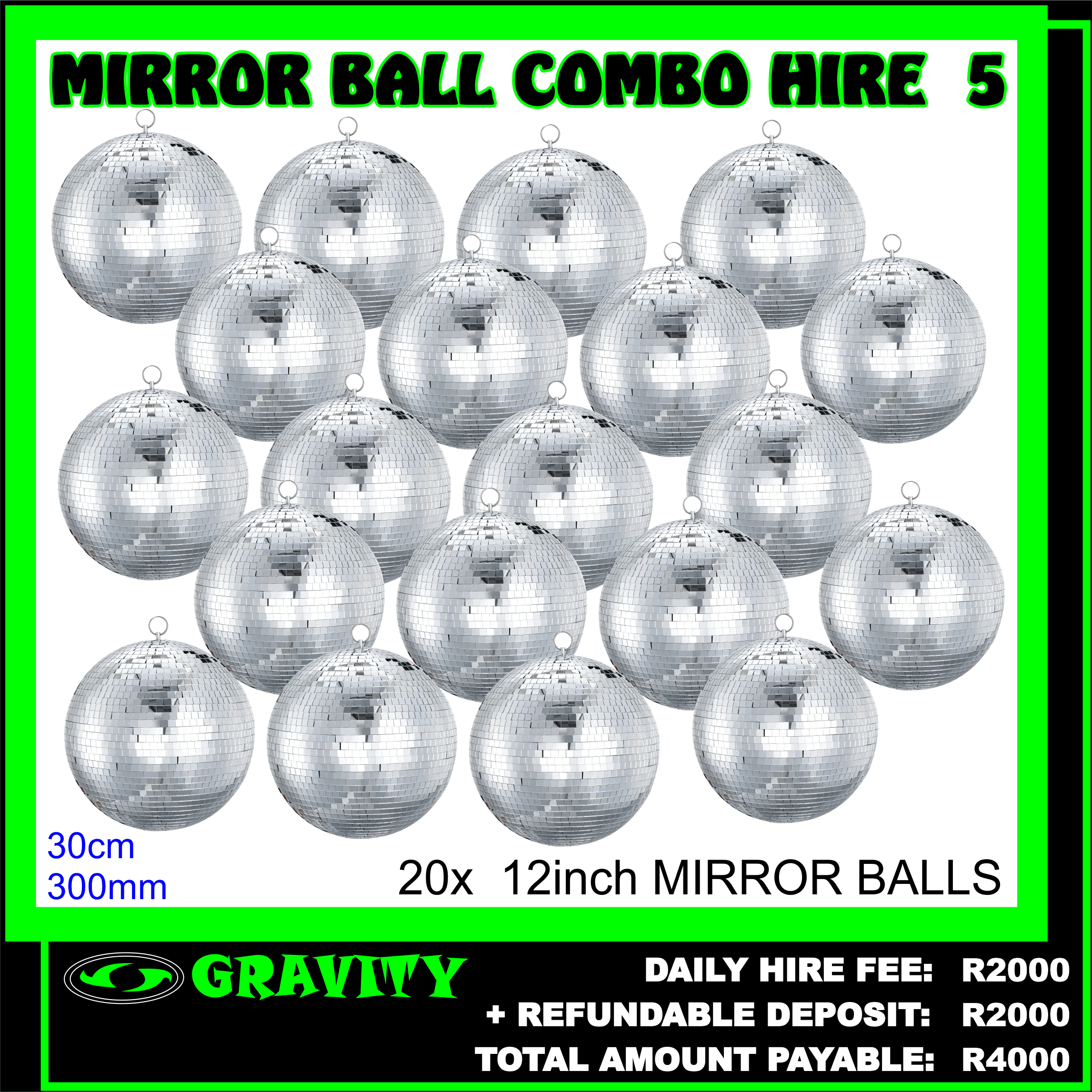 *Total daily hire combo fee is payable upfront (includes deposit)       mirror balls - Prodecor Function Decorators - Show Category MIRROR BALL HIRE DURBAN , 80s THEME PARTY MIRROR BALL HIRE DURBAN .  Home Disco Effects Hire For Party or Event - Joy Jukes  Mirror Ball Hire | Mirror Ball, Motor, Pin Spot and Stand ...https://cal-x.co.za › product › mirror-ball-hire Mirror ball hire from CAL-X Rentals. The mirror ball is a classic lighting accessory. Our rental kit includes everything you need. It comes with a 30cm mirror ...     STRICTLY CASH ONLY (NO CARDS PAYMENTS)  *I acknowledge the price given to me is a per day charge rate.   *Equipment is hired & picked up from Gravity Store on the specific day of use.  *Equipment must to be returned the following day  by latest 12pm .  * If goods are not returned a further daily hiring fee will be charged ( for every late day).   *Refundable deposit will be deducted for any damages to equipment.    *Documents required:    > COPY OF ID or  DRIVERS LICENSE   (original SA id)  > PROOF OF RESIDENCE.  (not older than 3 months)   > CAR REGISTRATION NUMBER 