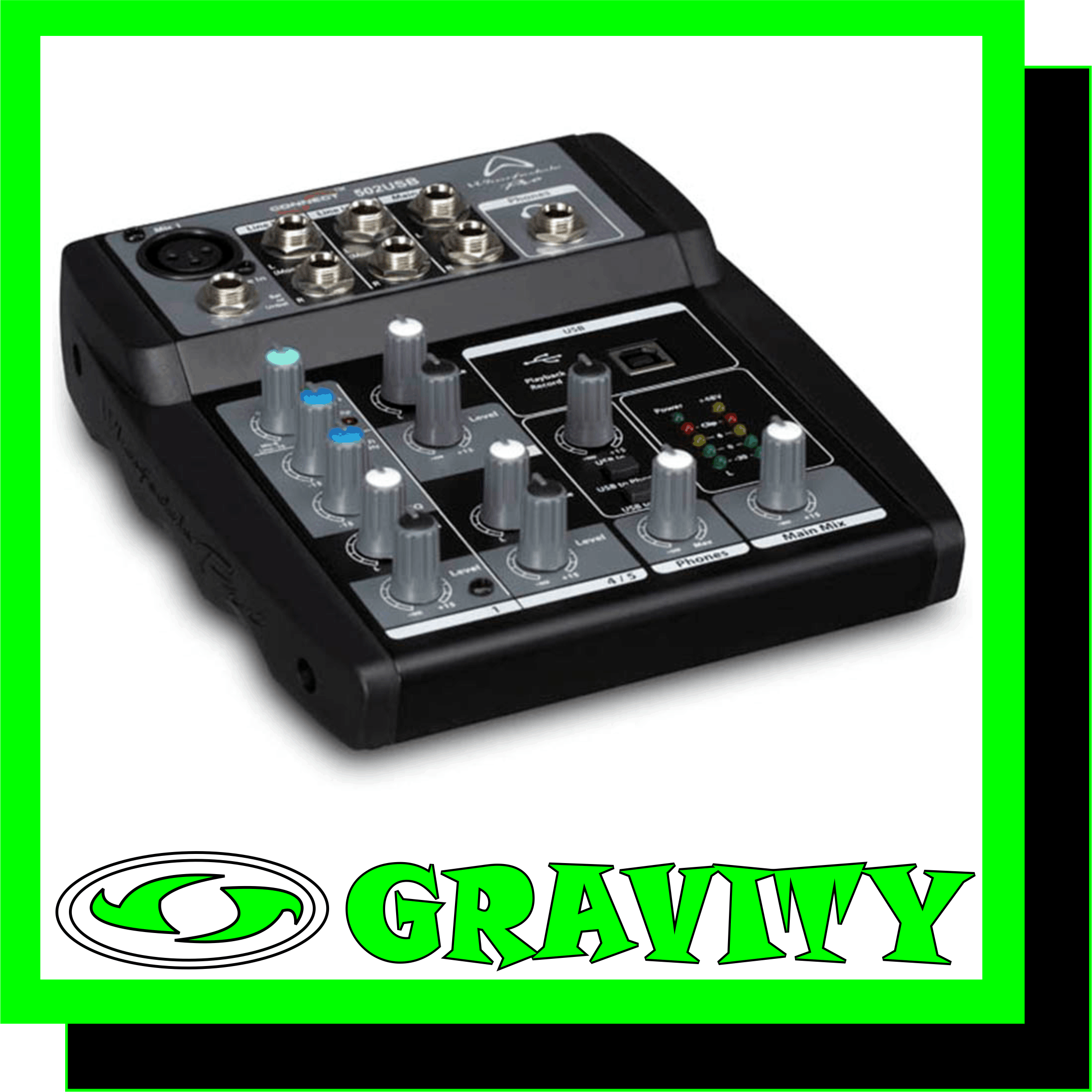 Connect 502USB  Key Features:  -5 Total inputs (1 x XLR / 6.3mm Jack, 2 x twin 6.3mm jack) -2 x 6.3mm jack outputs, headphon -Studio grade phantom power XLR -16 bit / 48kHz built in USB audio interface -Playback and record via USB audio interface -Headphone output -Pan / Balance control -Clip LED display -Ideal for home studio recording and live use -slimline profile for portability and to fit in gig bags  The Wharfedale Pro Connect 502USB is a compact mixing desk with massive capabilities. If you need a portable mixing desk and you do not want to sacrifice space for connections we have managed to condense ample inputs, outputs and other digital features into a slim, small footprint usb mixer which is at home in the studio as it is the road.