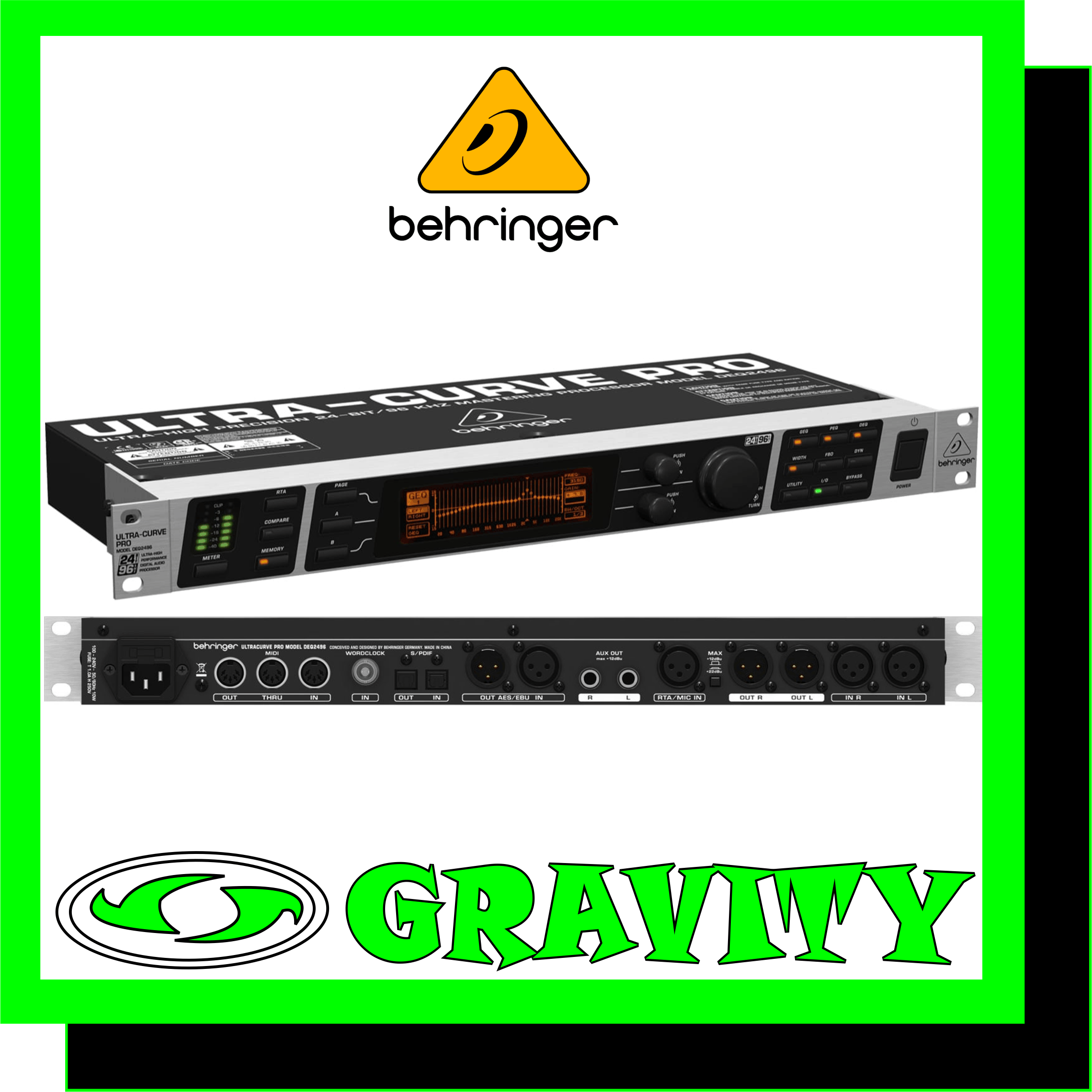 ULTRACURVE PRO DEQ2496 Ultra-High Precision 24-Bit/96 kHz Equalizer, Analyzer, Feedback Destroyer and Mastering Processor  -Ultra-high resolution 24-bit/96 kHz mastering processor featuring 32/40-bit floating-point DSP technology -Audiophile 24-bit/96 kHz A/D - and D/A converters offering 113 dB dynamic range -4 concurrently selectable EQ modules (31-band graphic EQ, 10-band parametric EQ, Feedback Destroyer plus 3 Dynamic EQs per stereo channel) -Ultra-high resolution 61-band real-time FFT analyzer with additional auto EQ function for room and loudspeaker equalization -Unique VPQ (Virtual Paragraphic EQ) option allows parametric control of graphic EQs -State-of-the-art compressor/expander with peak limiter per stereo channel, additional stereo imager and stereo delay for delay line applications -Multi-functional level meters (peak/RMS, VU and SPL meter with dBA/dBC weighting via RTA/Mic input) -64 user memories for complete setups and/or individual module configurations -Separate mic/line input with phantom power for RTA and Auto-EQ applications -Balanced inputs and servo-balanced outputs with gold-plated XLR connectors, stereo aux output, AES/EBU and S/PDIF inputs and outputs (XLR and optical) -Professional Wordclock input and MIDI connections for full remote control, preset dumps and system updates -Open architecture allowing future software updates via MIDI -"Planet Earth" switching power supply for maximum flexibility (100  - 240 V~), noise-free audio, superior transient response plus low power consumption for energy saving