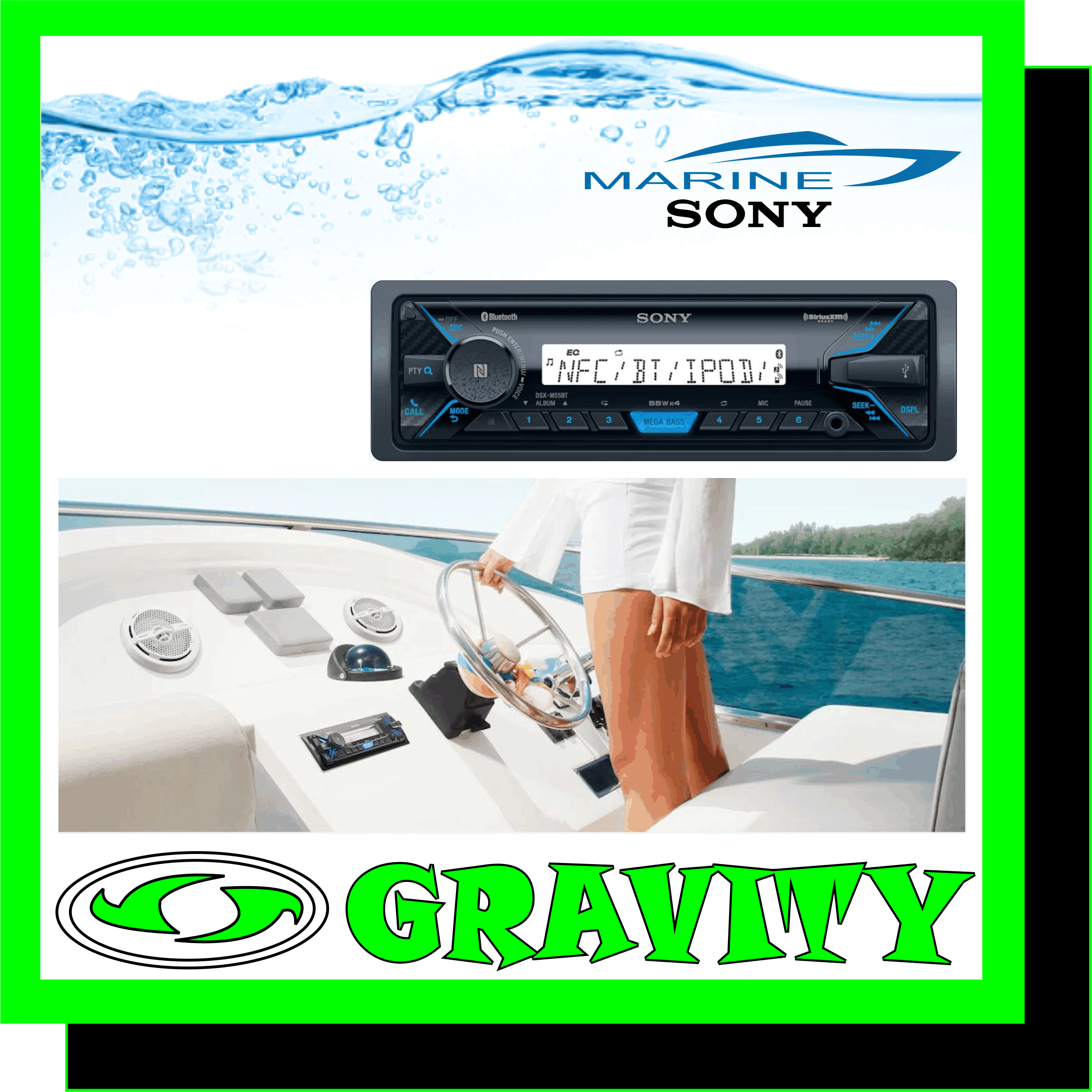 DSX-M55BT  Marine Media Receiver with Bluetooth ? 55W x 4 max. power ? MEGA BASS ? 3 pre out ? 5-band equaliser ? Low-pass filter ? Bluetooth and NFC connectivity ? MP3, WAV, FLAC playback  SPECIFICATIONS Take to the water with the ultra-versatile DSX-M55BT media receiver. Enjoy rich, dynamic sound with Mega Bass, and listen from all of your favorite gadgets with USB, Bluetooth� and One-touch NFC connectivity. Siri� Eyes Free and a hands-free built-in mic make communication simple.  Easy Bluetooth� connectivity with NFC One-touch/Bluetooth� wireless audio streaming  Mega Bass produces rich, punchy sound  FM/AM radio tuner and MP3 playback via USB  Take calls hands-free with a built-in mic