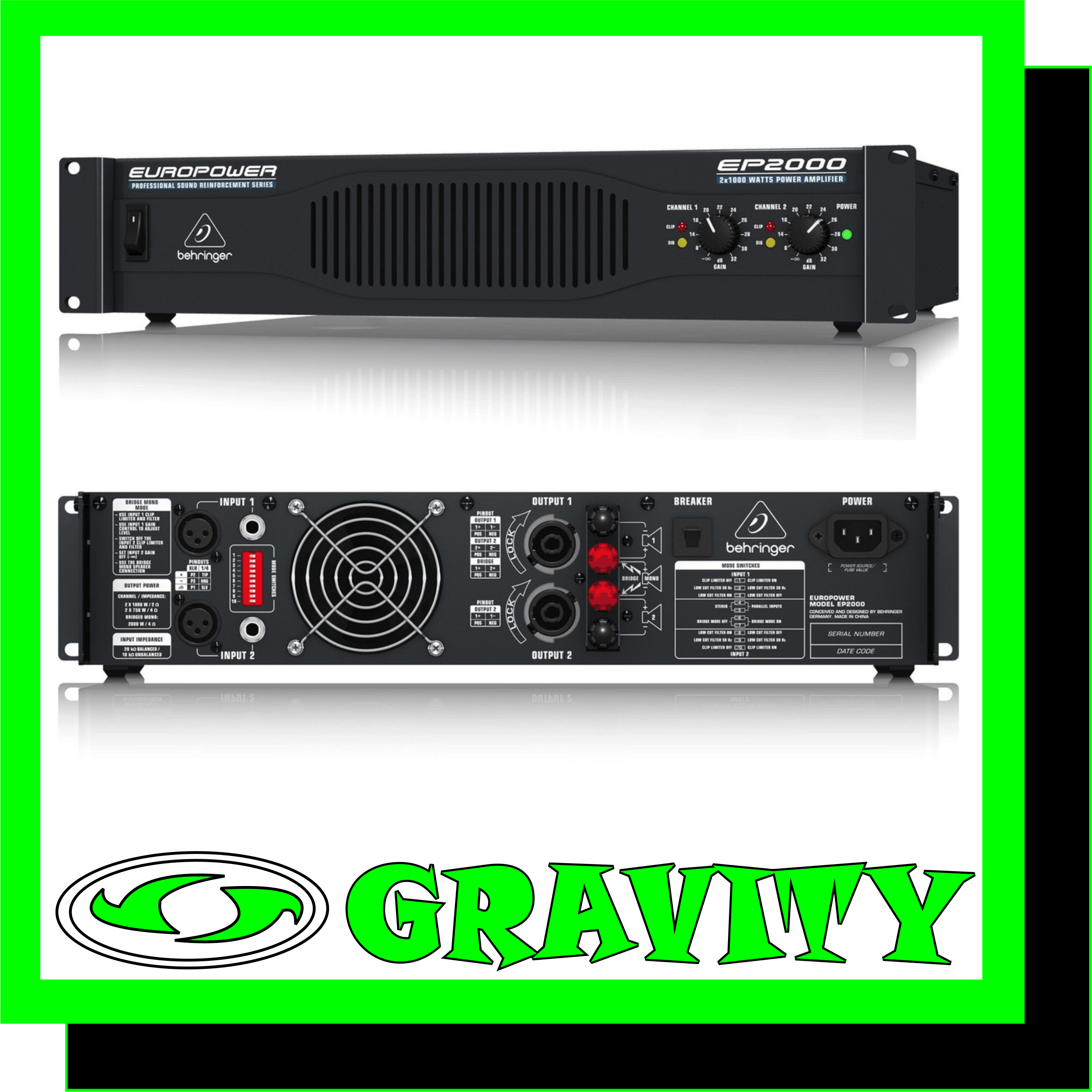 Product Features: -2 x 1,000 Watts into 2 Ohms; 2 x 750 Watts into 4 Ohms; 2,000 Watts into 4 Ohms (bridge mode) -ATR (Accelerated Transient Response) technology for ultimate punch and clarity -Switchable limiters offer maximum output level with reliable overload protection -Detented gain controls for precise setting and matching of sensitivity -Precise Power, Signal and Clip LEDs to monitor performance -XLR and 1/4? TRS input connectors for compatibility with any source -Professional speaker connectors and “touch-proof” binding posts support most speaker wiring systems -Selectable low-frequency filters remove damaging infra-sound frequencies -Independent DC and thermal overload protection on each channel automatically protects amplifier and speakers -High-current toroidal transformer for ultra-high transient response and absolute reliability -“Back-to-front” ventilation system including air filter for reliable operation -“Built-like-a-tank,” impact-resistant, all-steel 2U rackmount chassis -High-quality components and exceptionally rugged construction ensure long life -Conceived and designed by BEHRINGER Germany  EUROPOWER EP2000 Professional 2,000-Watt Stereo Power Amplifier with ATR (Accelerated Transient Response) Technology The EP2000 and EP4000 represent everything musicians love about our popular EP1500 and EP2500—excellent sound quality, road-worthy toughness and reliability, low-noise operation and incredible power. With 2,000 and 4,000-Watts respectively, the EP2000 and EP4000 amplifiers are perfect amplifiers for medium-sized club gigs, mobile PA systems, church services or public spaces.  Everything you need, nothing you don’t The über-simple front panel controls of these amps give you all of your sound’s vital signs at a glance. After flipping the Main switch, the Power LED will light when the amp is ready for action. Both channels have independent gain dials as well as Clip LEDs that indicate when the signal is distorted and you need to reduce the gain. There are also Signal LEDs that light up when a signal is present at the input.  Panel discussion A panel of switches found on the back panel offers an array of cool options to apply to both channels of the EP2000 and EP4000. The Clip Limiter lets you get even more out of the amplifier without overdriving either it or your speaker system. Built-in circuitry automatically senses when the EP2000 or EP4000 is being overdriven into “clipping” and then momentarily reduces the input level to avoid clipping distortion. Since this all happens in just a few thousandths of a second, it’s the ideal way to avoid audible clipping distortion. Rickety stage vibrations, mic thumps and wind noise can cause ultra-low frequency sounds, or infrasonics. While technically inaudible, they can cause a huge drain on amp power, potential damage to your speakers and a sludgy sound in the audible bass ranges. Both EP models feature a defeatable Low Cut Filter that chops off unwanted frequencies below 50 Hz or 30 Hz (depending on your PA system’s capabilities). The same panel contains the switches that put these amps to work in either Stereo or Bridge (mono) mode. Both the EP2000 and EP4000 can be linked to additional power amps by switching into Parallel mode.  These Amps Have Guts There are plenty of awesome features on the outside of the EP2000 and EP4000, but there’s also a team of cool components on the inside helping it work its magic. They come loaded with famously reliable Toshiba/Fairchild power transistors, as well as a high-current toroidal transformer for ultra-high transient response and further reliability. Independent DC and thermal overload protection on each channel automatically protects both the amplifier and your speakers. The EP2000 and EP4000 have both XLR and 1/4? TRS Inputs, plus Speakon-compatible Outputs and 5-way binding posts. Whether you’re dealing with bare wire or boutique audiophile cabling, the EP2000 and EP4000 are right at home. The exhaust fan, visible on the back panel, is the final stage of an internal back-to-front cooling system that keeps these amps working in the mild temperatures they love, even through periods of extended use. Finally, an impact-resistant, all-steel 2U rack-mount chassis helps these workhorses stand up to all the rigors of the road.  Accelerated Transient Response delivers the knock-out punch It takes huge pulses of energy (current and voltage) to propel a woofer cone out fast enough to match a bass beat. That’s called Transient Response and it’s the holy grail of amp designers. By carefully selecting transistors with extremely high slew rates and optimizing other proprietary parts of our circuitry, our amps react instantly to even the most demanding bass impulses. If the woofers in your PA system can keep up, your audience will hear a tighter, crisper, more natural sound.  The legend powers on Read the reviews of the EP1500 and EP2500, and it will become clear that those amps are admired by professionals every—not only for their performance and durability, but also for their astoundingly low price tags. The EP2000 and EP4000 extend that legacy to the next level. Why shell out for a “Brand-X” amp when you can get a BEHRINGER EUROPOWER amp and have money left over for other gear?