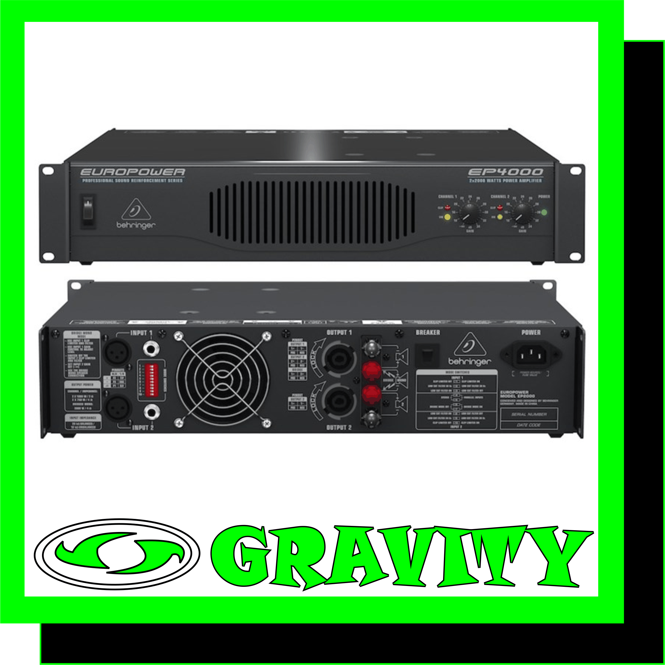 EP4000  Product Features: -2 x 2,000 Watts into 2 Ohms; 2 x 1,400 Watts into 4 Ohms; 4,000 Watts into 4 Ohms (bridge mode) -ATR (Accelerated Transient Response) technology for ultimate punch and clarity -Switchable limiters offer maximum output level with reliable overload protection -Detented gain controls for precise setting and matching of sensitivity -Precise Power, Signal and Clip LEDs to monitor performance -XLR and 1/4? TRS input connectors for compatibility with any source -Professional speaker connectors and “touch-proof” binding posts support most speaker wiring systems -Selectable low-frequency filters remove damaging infra-sound frequencies -Independent DC and thermal overload protection on each channel automatically protects amplifier and speakers -High-current toroidal transformer for ultra-high transient response and absolute reliability -“Back-to-front” ventilation system including air filter for reliable operation -“Built-like-a-tank,” impact-resistant, all-steel 2U rackmount chassis -High-quality components and exceptionally rugged construction ensure long life  The EP2000 and EP4000 represent everything musicians love about our popular EP1500 and EP2500—excellent sound quality, road-worthy toughness and reliability, low-noise operation and incredible power. With 2,000 and 4,000-Watts respectively, the EP2000 and EP4000 amplifiers are perfect amplifiers for medium-sized club gigs, mobile PA systems, church services or public spaces. Everything You Need, Nothing You Don’t The über-simple front panel controls of these amps give you all of your sound’s vital signs at a glance. After flipping the Main switch, the Power LED will light when the amp is ready for action. Both channels have independent gain dials as well as Clip LEDs that indicate when the signal is distorted and you need to reduce the gain. There are also Signal LEDs that light up when a signal is present at the input.  Panel Discussion A panel of switches found on the back panel offers an array of cool options to apply to both channels of the EP2000 and EP4000. The Clip Limiter lets you get even more out of the amplifier without overdriving either it or your speaker system. Built-in circuitry automatically senses when the EP2000 or EP4000 is being overdriven into “clipping” and then momentarily reduces the input level to avoid clipping distortion. Since this all happens in just a few thousandths of a second, it’s the ideal way to avoid audible clipping distortion. Rickety stage vibrations, mic thumps and wind noise can cause ultra-low frequency sounds, or infrasonics. While technically inaudible, they can cause a huge drain on amp power, potential damage to your speakers and a sludgy sound in the audible bass ranges. Both EP models feature a defeatable Low Cut Filter that chops off unwanted frequencies below 50 Hz or 30 Hz (depending on your PA system’s capabilities). The same panel contains the switches that put these amps to work in either Stereo or Bridge (mono) mode. Both the EP2000 and EP4000 can be linked to additional power amps by switching into Parallel mode. These Amps Have Guts  There are plenty of awesome features on the outside of the EP2000 and EP4000, but there’s also a team of cool components on the inside helping it work its magic. They come loaded with famously reliable Toshiba/Fairchild power transistors, as well as a high-current toroidal transformer for ultra-high transient response and further reliability. Independent DC and thermal overload protection on each channel automatically protects both the amplifier and your speakers. The EP2000 and EP4000 have both XLR and 1/4? TRS Inputs, plus Speakon-compatible Outputs and 5-way binding posts. Whether you’re dealing with bare wire or boutique audiophile cabling, the EP2000 and EP4000 are right at home. The exhaust fan, visible on the back panel, is the final stage of an internal back-to-front cooling system that keeps these amps working in the mild temperatures they love, even through periods of extended use. Finally, an impact-resistant, all-steel 2U rack-mount chassis helps these workhorses stand up to all the rigors of the road. Accelerated Transient Response Delivers the Knock-Out Punch It takes huge pulses of energy (current and voltage) to propel a woofer cone out fast enough to match a bass beat. That’s called Transient Response and it’s the holy grail of amp designers. By carefully selecting transistors with extremely high slew rates and optimizing other proprietary parts of our circuitry, our amps react instantly to even the most demanding bass impulses. If the woofers in your PA system can keep up, your audience will hear a tighter, crisper, more natural sound.  The Legend Powers On Read the reviews of the EP1500 and EP2500, and it will become clear that those amps are admired by professionals every—not only for their performance and durability, but also for their astoundingly low price tags. The EP2000 and EP4000 extend that legacy to the next level. Why shell out for a “Brand-X” amp when you can get a BEHRINGER EUROPOWER amp and have money left over for other gear?