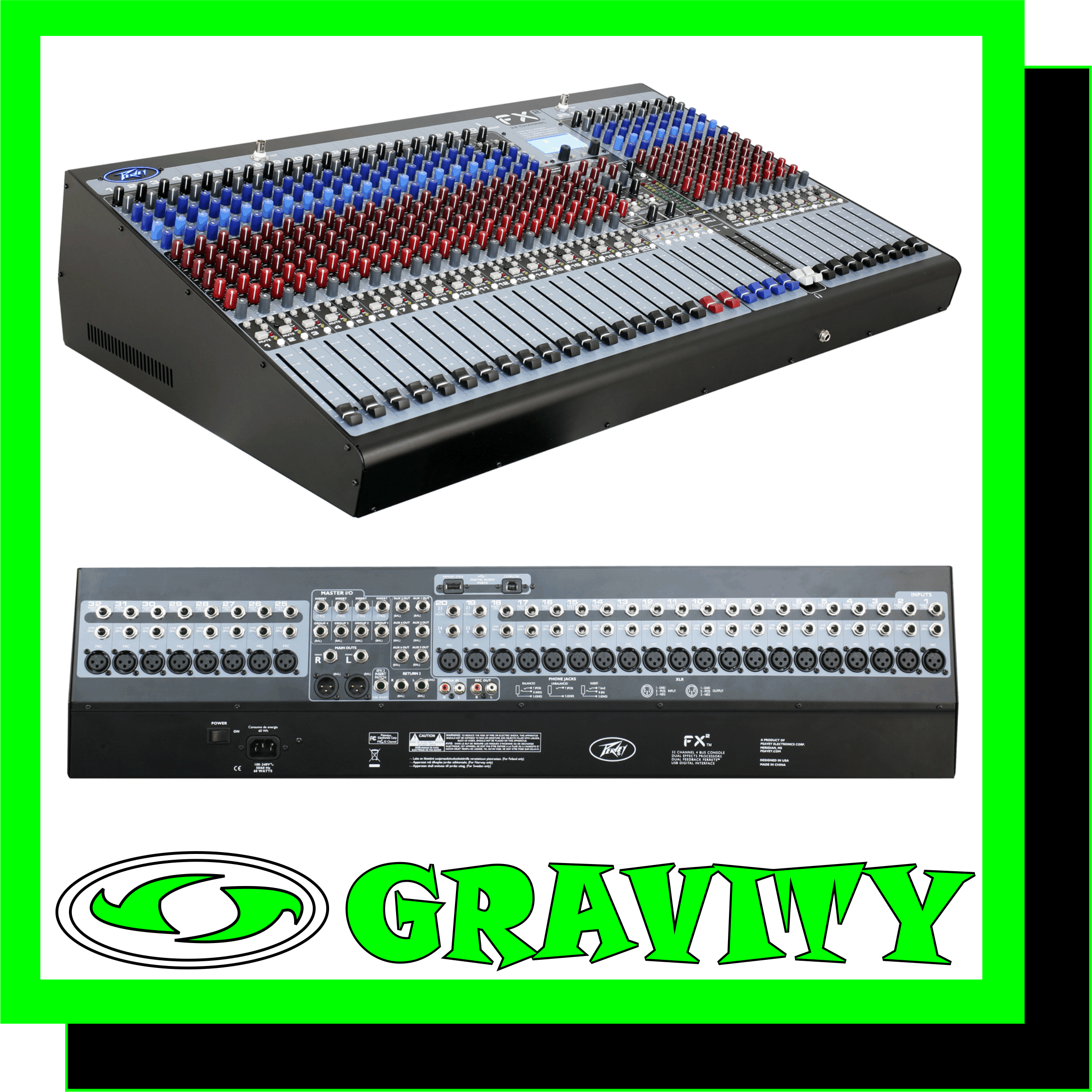 FX™2 32  Features: -High-power dual DSP engine with improved digital effects and output processing including Feedback Ferret®, 28-band GEQ/5-band PEQ, delay and limiter -USB 2.0 "A" connection to record directly to or playback from memory stick -USB 2.0 "B" connection for streaming digital out -3-band EQ with sweepable mid-frequency and variable low cut filters -2 stereo channels with dual mic/line inputs -48 volt phantom power -4 subgroups -100mm faders -Double the processing power of the original FX Series -All new switching power supply design is more efficient than the original -Silencer™ mic preamp XLR inputs -USB 2.0 Streaming Compatibility: Windows XP/Vista/7/8/8.1/10 ; Mac OSX playback only -6 Aux sends -Weight Packed: 45.00 lb(20.412 kg) -Width Packed: 25"(63.5 cm) -Height Packed: 36"(91.44 cm) -Depth Packed: 11.5"(29.21 cm)  Overview: The new FX2 features twice the processing power of the original. FX2 Series mixers feature new, Peavey-exclusive technology to enhance live sound reproduction and project studio recording, including Silencer mic preamps, which allow very high gain with low noise and distortion for crystal-clear signal reproduction. The four pre-fader auxes per channel provide four monitor mixes, while the two post-fader auxes are ideal for adding effects (built-in or outboard). These mixers also include dual DSP engines that allow multiple simultaneous effects assignable to any channel via aux 5/6. Onboard effects include reverb, reverb enhanced, delay, compression, expander, de-esser, chorus, flanger, tube emulator, vocal enhancer and gate. Chain two processors together on each of the two available effects windows. The digital output processing section includes Feedback Ferret®, dual 5-band Parametric EQ or dual 28-band Graphic EQs, digital delay lines, and dynamics/limiters. The output section can be configured for Stereo, Dual Mono or Subwoofer mode with a built-in electronic crossover. The mixer features dual USB 2.0 ports, and the "A" USB connector allows streaming of digital audio directly to a computer or memory stick as well as exclusive, built-in MP3 compression. You can record your rehearsals, songwriting sessions or live performances directly to an inexpensive USB stick ... no other hardware needed and then transfer them to your computer to burn CDs or to transmit electronically. Or insert a memory stick to playback audio files for use between sets.
