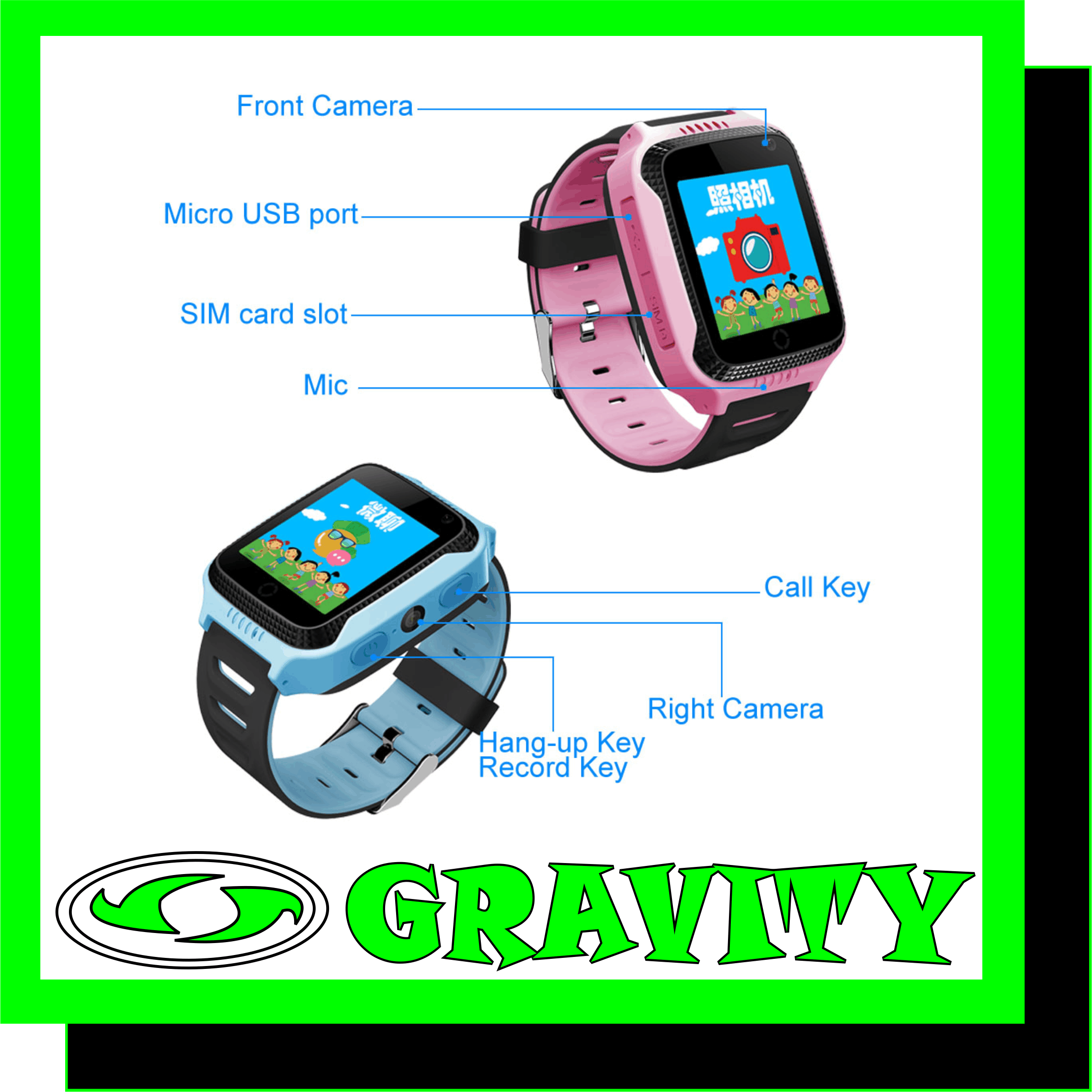 GPS SMART WATCH FOR CHILD BABY SUPPORT SIM CARD SOS CALL CAMERA FLASHLIGHT WRIST WATCH FOR BOY AND GIRL  Call & Chat Communication: Insert a 2G Micro SIM card to communicate with your child by sending calls or voice messages.  Please buy extra GSM network SIM Card  Safety Protection: Kids can press the SOS key for 3 seconds to circularly call families' numbers for help. This function is really helpful for emergency situations.  LBS+AGPS Location: Built-in double Mode Global Positioning System, so you can keep track your kids'location at anytime. When Kids are indoor or at poor gps signal place, the watch will work on LBS mode, and provide an approximately position, the error will be caused by local signal place, error will be 0.3 ~ 4 miles.  Fun Camera: Your kids can enjoy take selfies and picture. And the flashlight can be used anytime if necessary.  Other Features: Calling, Phone Book, Quick Learning, Chat, Camera, Album, SOS Emergency Call, LBS+AGPS Positioning, Anti Lost, Remote Control, Remote Camera, Flashlight. Parents can control and set the smart watch through the APP "Setracker".