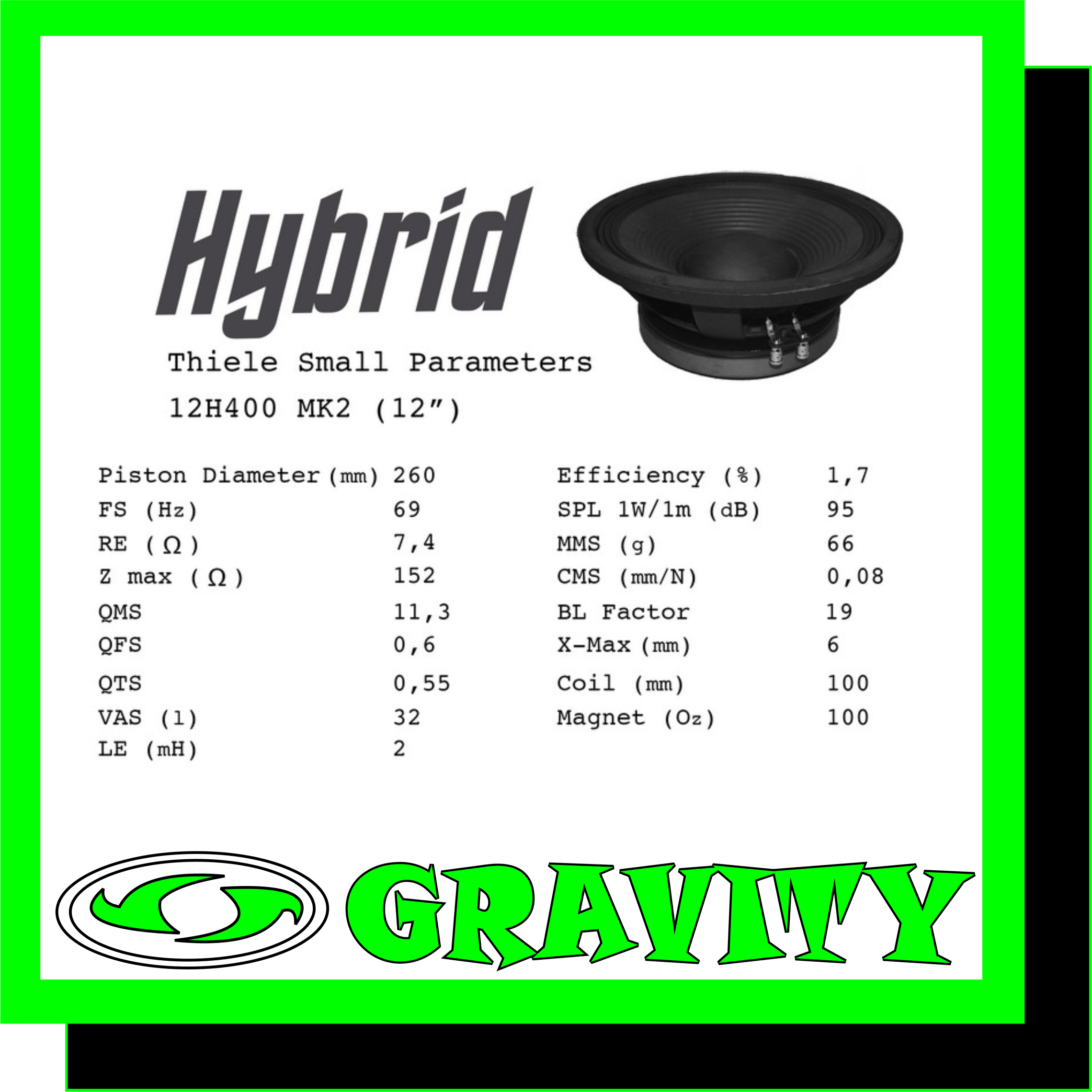 Hybrid 12H400 MKII Detail - 12? Die-cast basket Impedance - 8 O Power (AES) - 400W Voice Coil - 100mm Magnet - 123 Oz Average Sensitivity - 97 dB 2.83v @ 1m Frequency Response - 36 – 2500 Hz