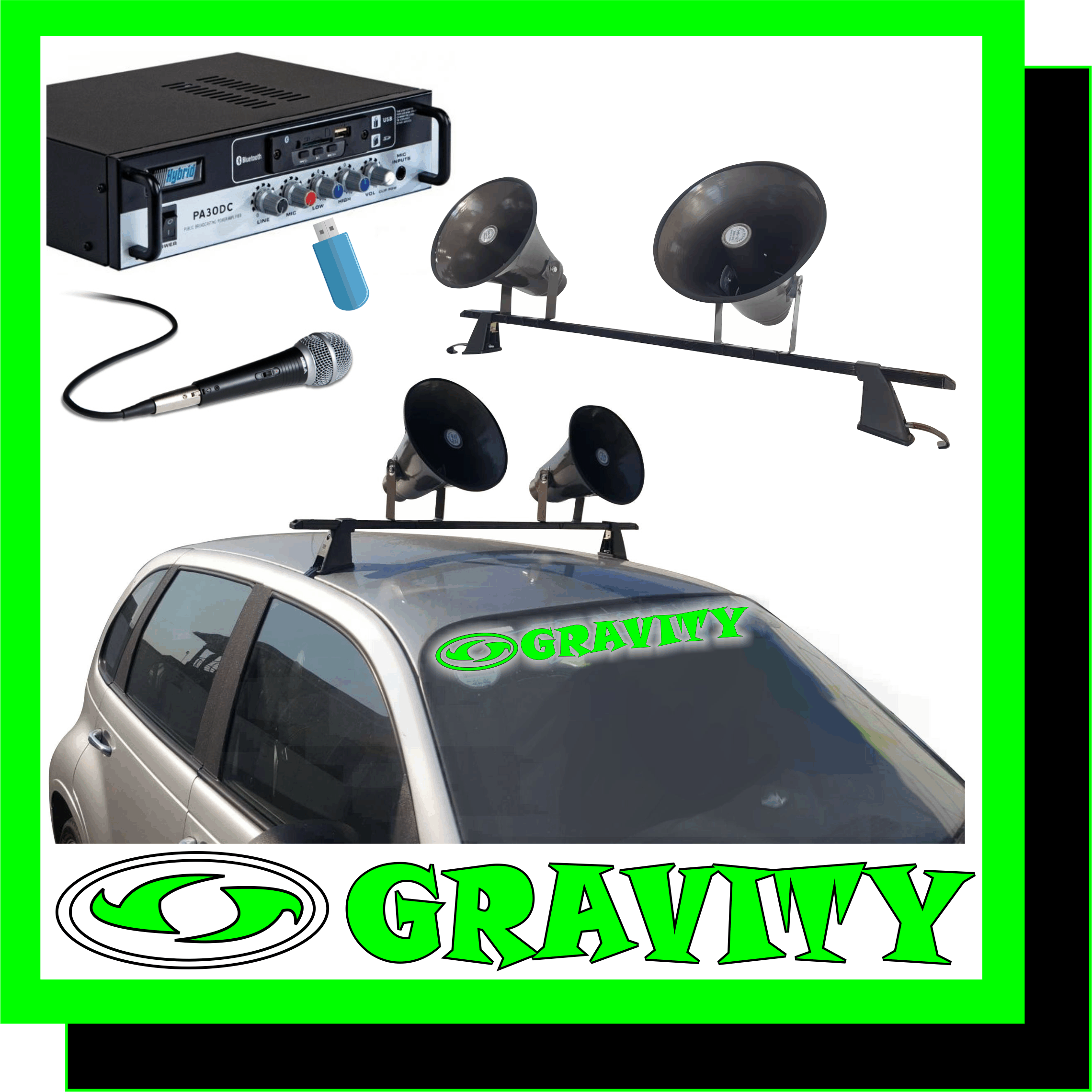 1x Linetec 12v Pa Amplifier   *USB/SD Card input Playback   *2x Mic input with seperate gain controls   *Mic Echo   *300w Amplifeir  +  2x 10inch Pa Loudhailer Horns  +  1x Gutterless Roof Rack  +  1x Handheld Mic + 3meter Mic Cable  +  1x 5meter Power Cable  +  1x 10meter Speaker Cable