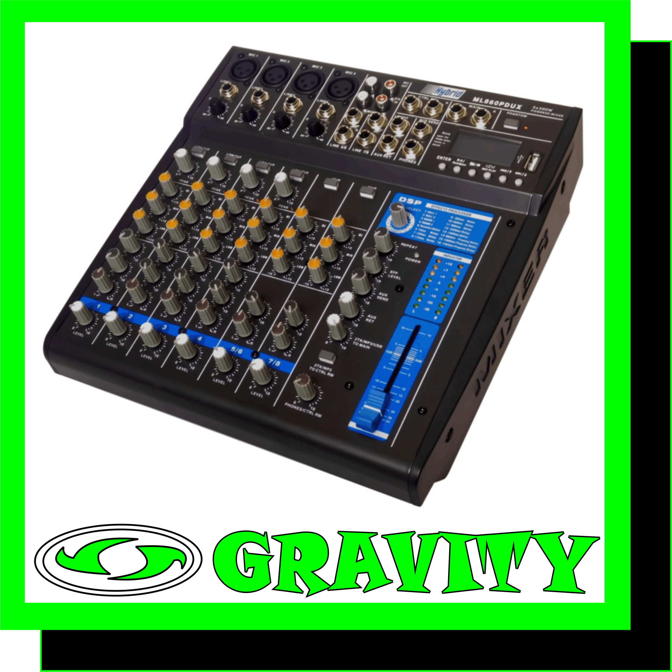 Hybrid ML860PDUX Powered Mixer  -4 Mono Mic/ Line Input Channels (XLR & 1/4' Jack- Balanced) -2 Stereo Line Ch's -Low & High EQ pots (+/-15dB) -16 Digital EFX Processor -Multifunction MP3 Media Player with Record Function -2 x 300Wrms Power Amplifier @4Ohm