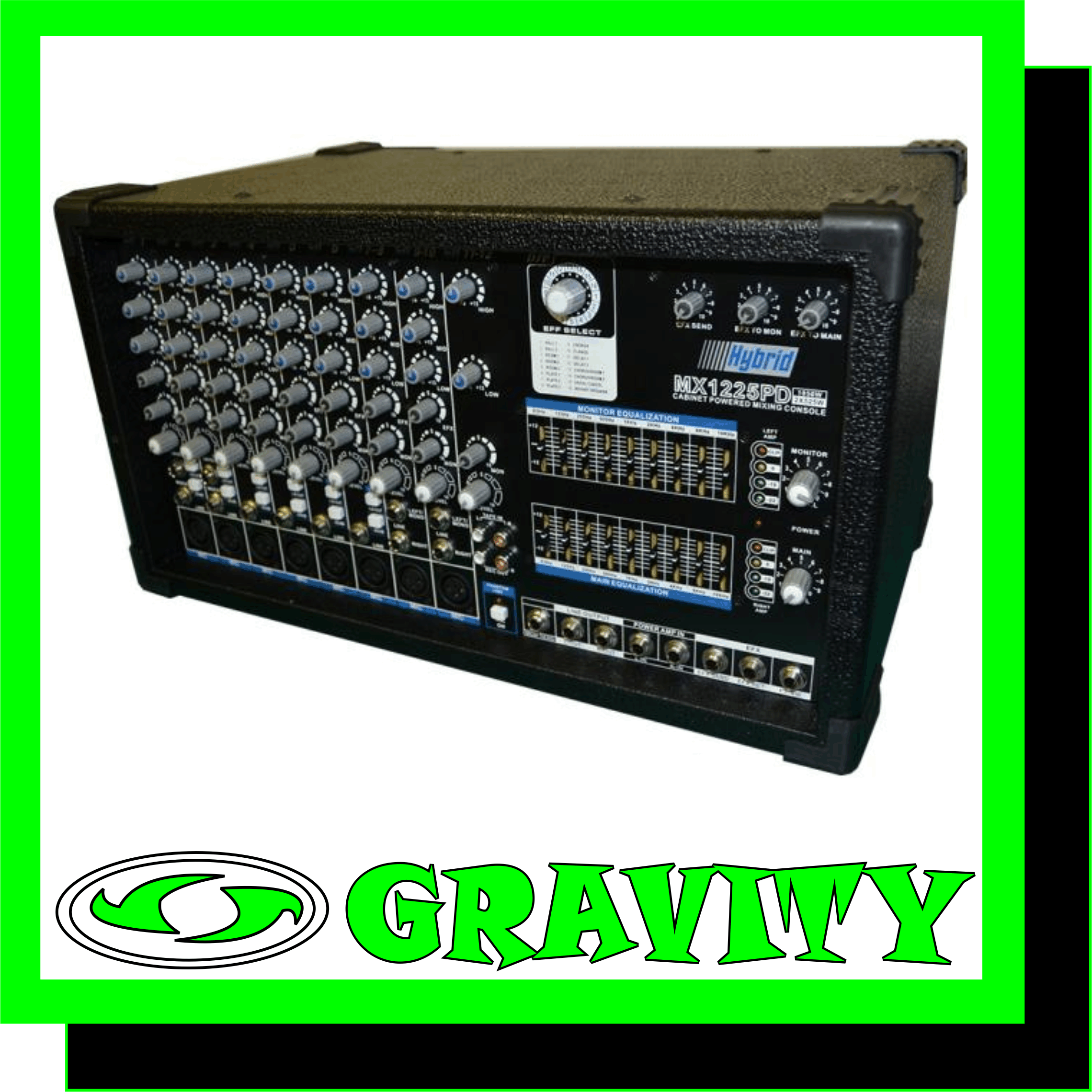 Hybrid MX1225PD 12ch powered mixer with DSP effects  -Optional low cut filter on Mono channels -Stereo power amplifier modules -Forced air cooling -Channels 12 -Channel EQ Bass,Mid,Treble -9 Band Graphic EQ Yes -Phantom Power Yes -Tape inout Yes -Power Output, RMS 2 X 525W BUY ONLINE