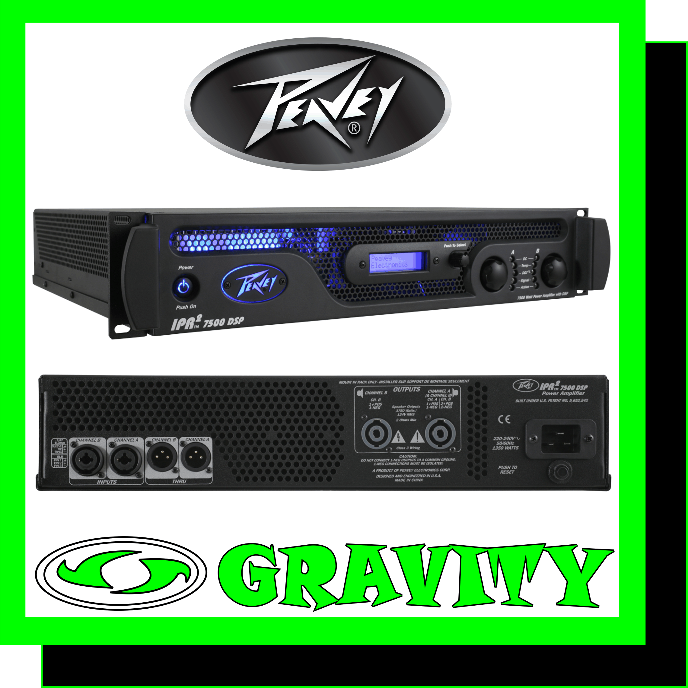 IPR2™ 7500 DSP  Features: -4750 watts 2 Channels @ 2 Ohms -2800 watts 2 Channels @ 4 Ohms -1550 watts 2 Channels @ 8 Ohms -3850W RMS x 1 at 2 ohms -2400W RMS x 1 at 4 ohms -1330W RMS x 1 at 8 ohms -Revolutionary IPR class D topology -Detented input controls -Combination XLR 1/4" inputs -Combination 1/4" or 1/4" 4 pole twist lock output connector -DDT™ protection -Individual signal pass-thru 1/4" jacks on each channel -Light weight -LED illuminated -DSP-based Loudspeaker Management System -120 ms of delay per channel -4 bands of parametric equalization per channel -Security lock -Adjustable fourth-order Linkwitz-Riley Crossover -Adjustable fourth-order high-pass filter each channel -Setup wizard -MAXX Bass® -Horn EQ each channel -Blue, backlit LCD screen -Weight Unpacked: 14.57 lb(6.61 kg) -Weight Packed: 18.39 lb(8.34 kg) -Width Packed: 21"(53.34 cm) -Height Packed: 21.2"(53.848 cm) -Depth Packed: 6"(15.24 cm)  Overview IPR2™ power amplifiers, designed for years of reliable, flawless operation under rigorous use. The groundbreaking IPR2 series utilizes an advanced design that allows Peavey engineers to dramatically reduce weight while increasing output power, reliability and thermal efficiency. IPR2 Series amplifiers are designed with a resonant switch-mode power supply and a high-speed class D topology that yields the highest audio resolution and efficiency available. This revolutionary amplifier offers the sonic superiority and unsurpassed reliability for which Peavey is famous, in an extremely efficient and lightweight design. Advanced technology and extensive protection circuitry allow operation with greater efficiency into difficult loads and power conditions. The DDT™ (Distortion Detection Technique) circuitry ensures trouble-free operation into loads as low as 2 ohms. DDT protects drivers and ensures that sonic integrity is maintained, even in extreme overload conditions. The IPR2's high-efficiency design allows the amplifier to operate at very low temperatures, and does not require massive heat sinks to cool. As the name implies, the IPR2™ 5000 and 7500 DSP all include advanced digital signal processing. The DSP was designed to be incredibly effective, yet extremely easy to use. Using unique and revolutionary advanced bass enhancement processes, the IPR2 DSP amplifiers dramatically improve the perceived level of bass in any system, using a fraction of the power that would be required with any other power amplifier.