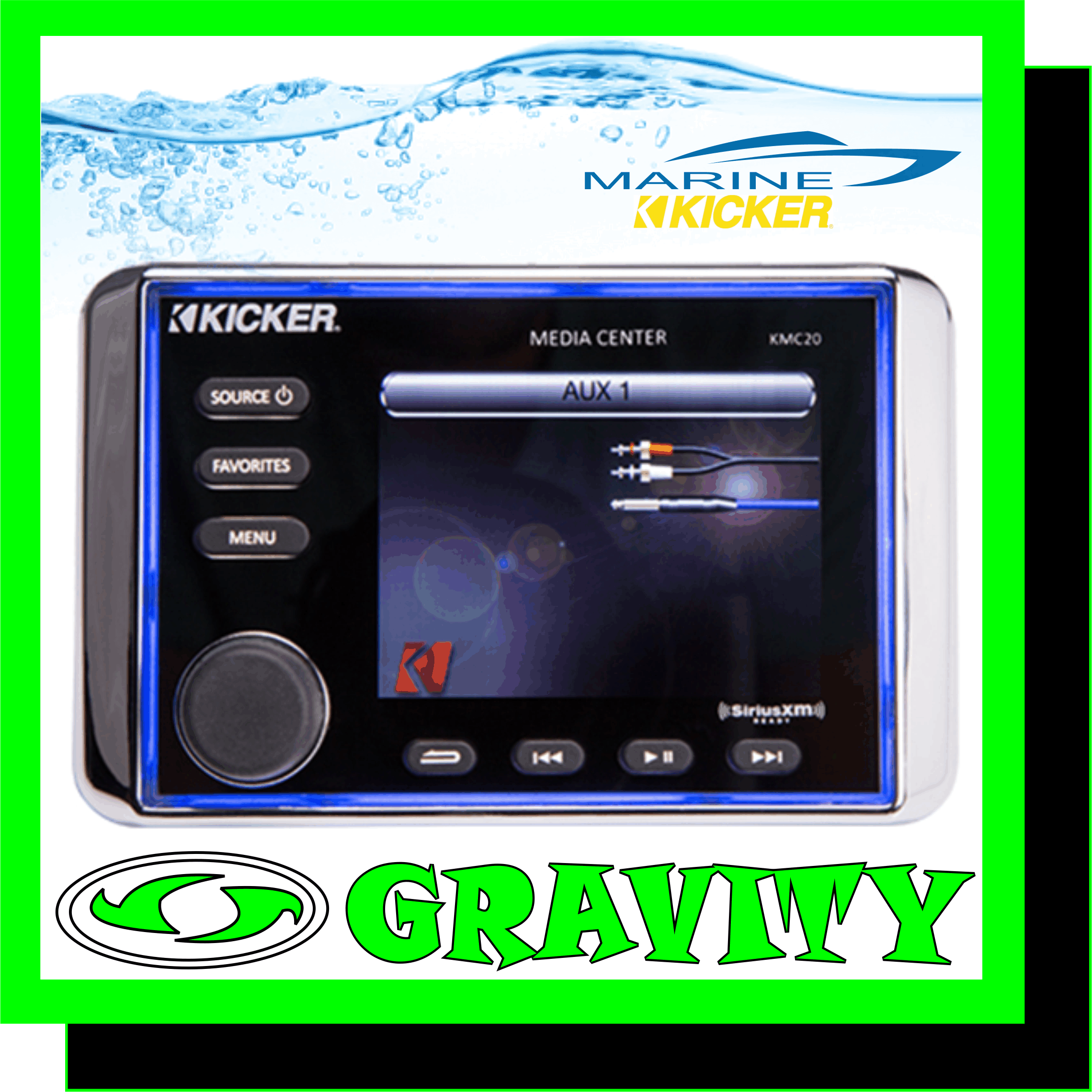 KICKER KMC20 Media Center  This marine digital media receiver will not play CDs.  Product highlights: GENERAL FEATURES: marine digital media receiver (no CD player) package with hideaway module and control panel with 3-1/2? screen hideaway module includes tuner and 2-ohm stable amplifier (25 watts RMS/50 peak x 4 channels) works with Apple and Android smartphones Bluetooth music streaming dual source/dual zone control 5-band EQ AM/FM radio, plus built-in Weather-Band tuner wired control panel meets IPX6 splash-proof standards  EXPANDABILITY: highly legible LCD screen with day/night mode iPod /iPhone direct control via USB input compatible with SiriusXM satellite radio tuner inputs: 2 rear USB inputs, 2 rear AUX inputs  OTHER FEATURES AND SPECS: compatible with Kicker PXIiRCX & KRC15 wired remote controls automatic low voltage sensor EPROM memory with two-wire power  Brains and beauty The KMC20?s ?black box? processor mounts on any flat surface and connects to the screen with the included 6-foot cable, so you can tuck it away behind the dash or in a cubby. If you need a longer run, you can use the optional 25-foot KMCEXT25 extension cable.  The IPX6 waterproof 3-1/2? LCD color display has day and night modes, so it?s always easy to access this system?s features. And this media center offers a ton of great features.  Plenty of ways to play This versatile receiver will stream music from all your Bluetooth devices, complete with onscreen artist, track and title data. A pair of charging USB inputs let you plug in your phone or a thumb drive to enjoy your digital music collection.  Get the latest news and weather from the AM/FM/Weather Band radio. You can also connect a SiriusXM satellite radio tuner (subscription also required) to enjoy your favorite music, sports, news, and entertainment ? great news when you?re out of range of your local stations.  And, to coin a phrase, that?s not all. Two sets of auxiliary stereo RCA inputs allow you to add other audio devices and choose a name for each. Large, backlit buttons and an easy-to-grab rotary volume control make it easy to operate, even in choppy water.  Serious power With a built-in amp that delivers up to 200 watts of peak power, the KMC20 can certainly rock your boat. Right out of the box, you can connect up to eight speakers to this 2-ohm stable system without needing an amp.  Need more power? You?ll find a full set of RCA outputs, including a dedicated sub output with level control, so you can add plenty of Kicker amplifier power to your system.  Dual zone The KMC20 also features dual zone control, so you and your crew can enjoy a variety of sources at different volume levels. You can change the volume on the wakeboard tower speakers, switch radio stations on the deck, or change the source from Bluetooth to satellite radio with just the touch of a button. It?s the kind of control every captain craves.  If you need even more control, you can add Kicker?s KRC15 digital commander remote, or the PXiRCX remote (sold separately).  Safe and smart It?s easy to forget where all that party power comes from ? until you realize you?ve spent the afternoon draining your boat?s battery. The KMC20 monitors the health of your battery, so you?ll know you have a low charge before you have no charge at all.  And when you disconnect the Media Center from the battery, you won?t lose all your custom settings. The black box has the brains to remember custom source names, favorites and even radio presets.  Bluetooth note: Use of this receiver?s Bluetooth features will depend upon your phone?s Bluetooth capabilities. Learn more in our article explaining Bluetooth profiles.  iPod/smartphone note: If you?re going to use your iPod or smartphone with this receiver, be sure to check ?Details? for compatibility information.  Big boat sound You don?t need a big receiver to get big sound on your boat. With this two-piece Kicker KMC20 Media Center, you?ll get awesome sound, tons of functionality, and the ability to expand your system into a dual-zone powerhouse. This marine-rated system installs neatly, rocks hard, and stands up to wind and water.   KICKER KMC20 Media Center The dual-zone KMC20 is perfect for the boat owner who wants the best in marine entertainment. This marine head unit has a large, sunlight-readable 3.5? LCD display with IPX6 waterproof certification, so you can count on reliable tunes on the water. The separate ?black box? processor easily mounts to the screen with the included cable. No matter where the journey takes you, this Media Center is custom made to keep you Livin? Loud every moment of your cruise.