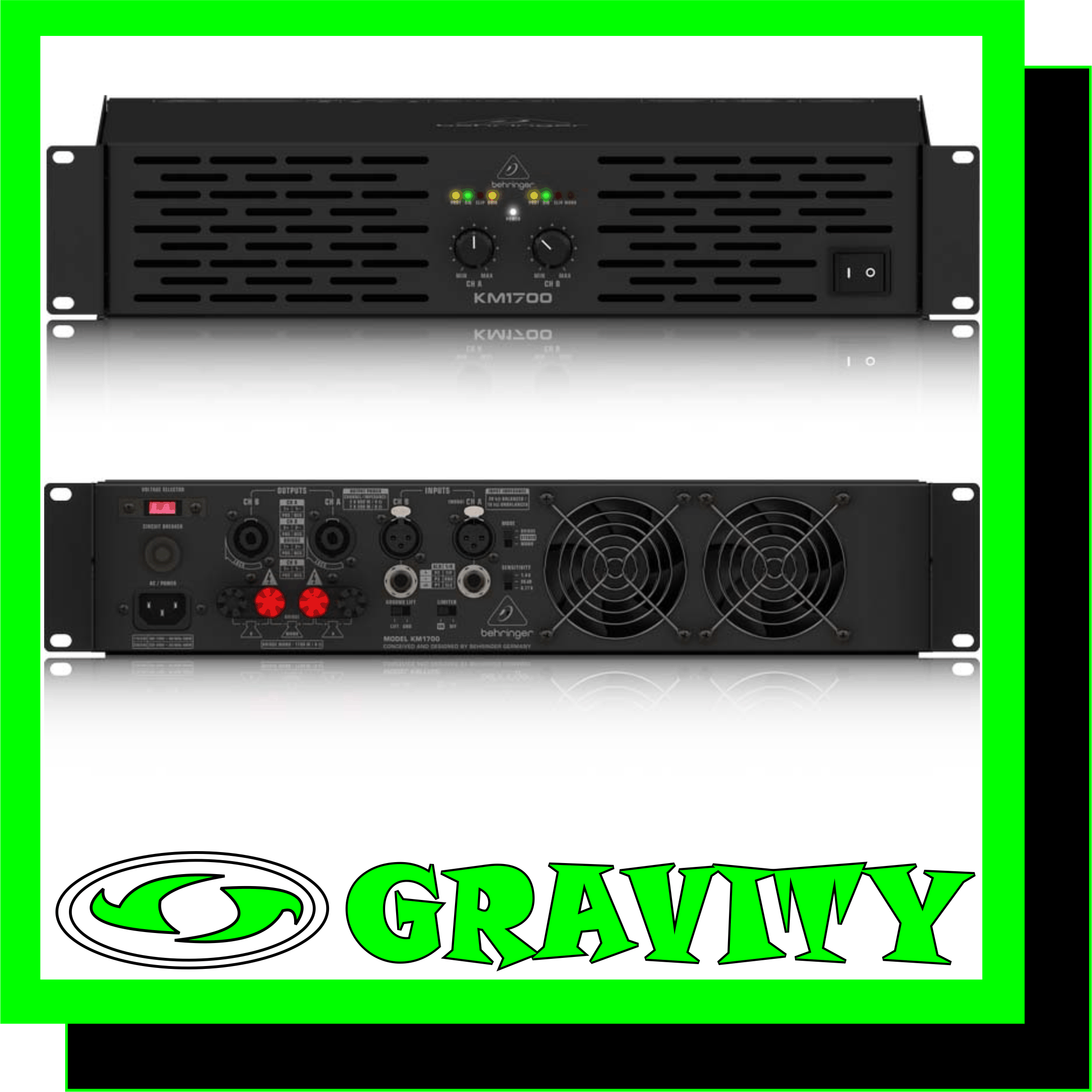 KM1700 Professional 1700-Watt Stereo Power Amplifier with ATR (Accelerated Transient Response)  -2 x 800 Watts into 4 Ohms; 2 x 500 Watts into 8 Ohms; 1700 Watts into 8 Ohms (bridge mode) -ATR (Accelerated Transient Response) technology for ultimate punch and clarity -Switchable limiters offer maximum output level with reliable overload protection -Precise power, signal and clip LEDs to monitor performance -XLR and 1/4? TRS input connectors for compatibility with any source -Professional speaker connectors and “touch-proof” binding posts support most speaker wiring systems -Independent DC and short circuit protection on each channel automatically protects amplifier and speakers -High-current toroidal transformer for ultra-high transient response and absolute reliability -“Front to back” ventilation for reliable operation -“Built-like-a-tank” impact-resistant, all-steel 2U rackmount chassis  KM1700 The remarkable KM1700 packs a heart-stopping 1700 Watts of output power into a lightweight (27.5 lbs/12.5 kg) package, thanks to our Accelerated Transient Response (ATR) technology. Ample power (1700 Watts in Bridge mode; 2 x 800 Watts @ 4 Ohms; 2 x 500 Watts @ 8 Ohms) and high-tech efficiency combine, giving you a supercharged workhorse that will keep your rig kicking for years and years to come.   Accelerated Transient Response Delivers the Knockout Punch It takes huge pulses of energy (current and voltage) to propel a woofer cone out fast enough to match a bass beat. That’s called Transient Response and it’s the holy grail of amp design. By carefully selecting transistors with extremely high slew rates and optimizing other proprietary parts of our circuitry, our amps are able to react instantly to even the most demanding electronic bass impulses. If the woofers in your PA system can keep up, your audience will hear a tighter, crisper, more natural sound.  Instead of operating relatively continuously like most power amps, the KM1700 features rail tracking for effectively modulating the power supply rails with only the peaks of the input signal. This technology has revolutionized pro audio amp designs with its outstanding performance and efficiency.  Sublimely Simple Operation The front panel controls and indicators provide your system’s vital signs at a glance. After pressing the Power button, the Power LED lights to show the amp is ready for action. All channels feature positive-detent Gain controls with Signal LEDs that light when a signal is present, as well as Clip LEDs that alert to reduce the input signal.  Just as elegant as the front, the rear panel is home to the balanced XLR and ¼ ” TRS, plus unbalanced ¼ ” TS connections. Take your pick of professional locking speaker Outputs or touch-proof binding posts to securely connect speakers. The same panel contains the switches that put the KM1700 in Mono, Stereo (two channel mode) or mono Bridge mode. Flick the Limiter On/Off switch to activate the built-in overload protection.   Sound Value The remarkable KM1700 power amp was built for the working musician. It is exceptionally light, packs a massive 1700 Watts of output power, thanks to our Accelerated Transient Response (ATR) technology and is built rugged enough for life on the road. Plus, the KM1700’s ultra-light price tag will leave cash left over for you to get more stuff to amplify! Check out the incredible KM1700 at your BEHRINGER dealer.