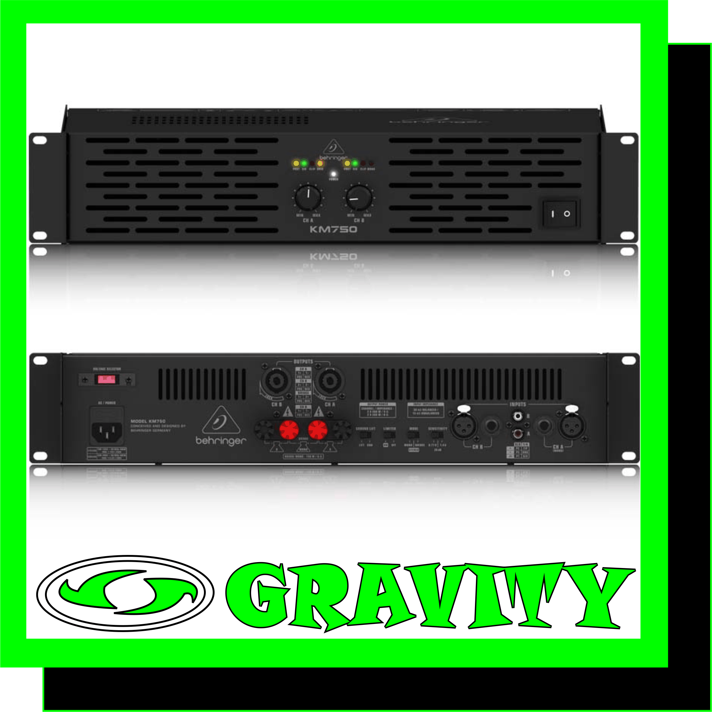 KM750 Professional 750-Watt Stereo Power Amplifier with ATR (Accelerated Transient Response)  -2 x 400 Watts into 4 Ohms; 2 x 200 Watts into 8 Ohms; 750 Watts into 8 Ohms (bridge mode) -ATR (Accelerated Transient Response) technology for ultimate punch and clarity -Switchable limiters offer maximum output level with reliable overload protection -Precise power, signal and clip LEDs to monitor performance -XLR, 1/4” TRS and RCA input connectors for compatibility with any source -Professional speaker connectors and “touch-proof” binding posts support most speaker wiring systems -Independent DC and short circuit protection on each channel automatically protects amplifier and speakers -High-current toroidal transformer for ultra-high transient response and absolute reliability -Active cooling on heatsink -“Built-like-a-tank” impact-resistant, all-steel 2U rackmount chassis  KM750 The remarkable KM750 packs a heart-stopping 750 Watts of output power into a lightweight (18.7 lbs/8.5 kg) package, thanks to our Accelerated Transient Response (ATR) technology. Ample power (750 Watts in Bridge mode; 2 x 400 Watts @ 4 Ohms; 2 x 200 Watts @ 8 Ohms) and high-tech efficiency combine, giving you a supercharged workhorse that will keep your rig kicking for years and years to come.   Accelerated Transient Response Delivers the Knockout Punch It takes huge pulses of energy (current and voltage) to propel a woofer cone out fast enough to match a bass beat. That’s called Transient Response and it’s the holy grail of amp design. By carefully selecting transistors with extremely high slew rates and optimizing other proprietary parts of our circuitry, our amps are able to react instantly to even the most demanding electronic bass impulses. If the woofers in your PA system can keep up, your audience will hear a tighter, crisper, more natural sound.  Instead of operating relatively continuously like most power amps, the KM750 features rail tracking for effectively modulating the power supply rails with only the peaks of the input signal. This technology has revolutionized pro audio amp designs with its outstanding performance and efficiency.  Sublimely Simple Operation The front panel controls and indicators provide your system’s vital signs at a glance. After pressing the Power button, the Power LED lights to show the amp is ready for action. All channels feature positive-detent Gain controls with Signal LEDs that light when a signal is present, as well as Clip LEDs that alert to reduce the input signal.  Just as elegant as the front, the rear panel is home to balanced XLR and ¼ ” TRS, plus unbalanced ¼ ” TS and RCA connections. Take your pick of professional locking speaker Outputs or touch-proof binding posts to securely connect speakers. The same panel contains the switches that put the KM750 in Mono, Stereo (two channel mode) or mono Bridge mode. Flick the Limiter On/Off switch to activate the built-in overload protection.   Sound Value The remarkable KM750 power amp was built for the working musician. It is exceptionally light, packs a massive 750 Watts of output power, thanks to our Accelerated Transient Response (ATR) technology and is built rugged enough for life on the road. Plus, the KM750’s ultra-light price tag will leave cash left over for you to get more stuff to amplify! Check out the KM750 at your BEHRINGER dealer