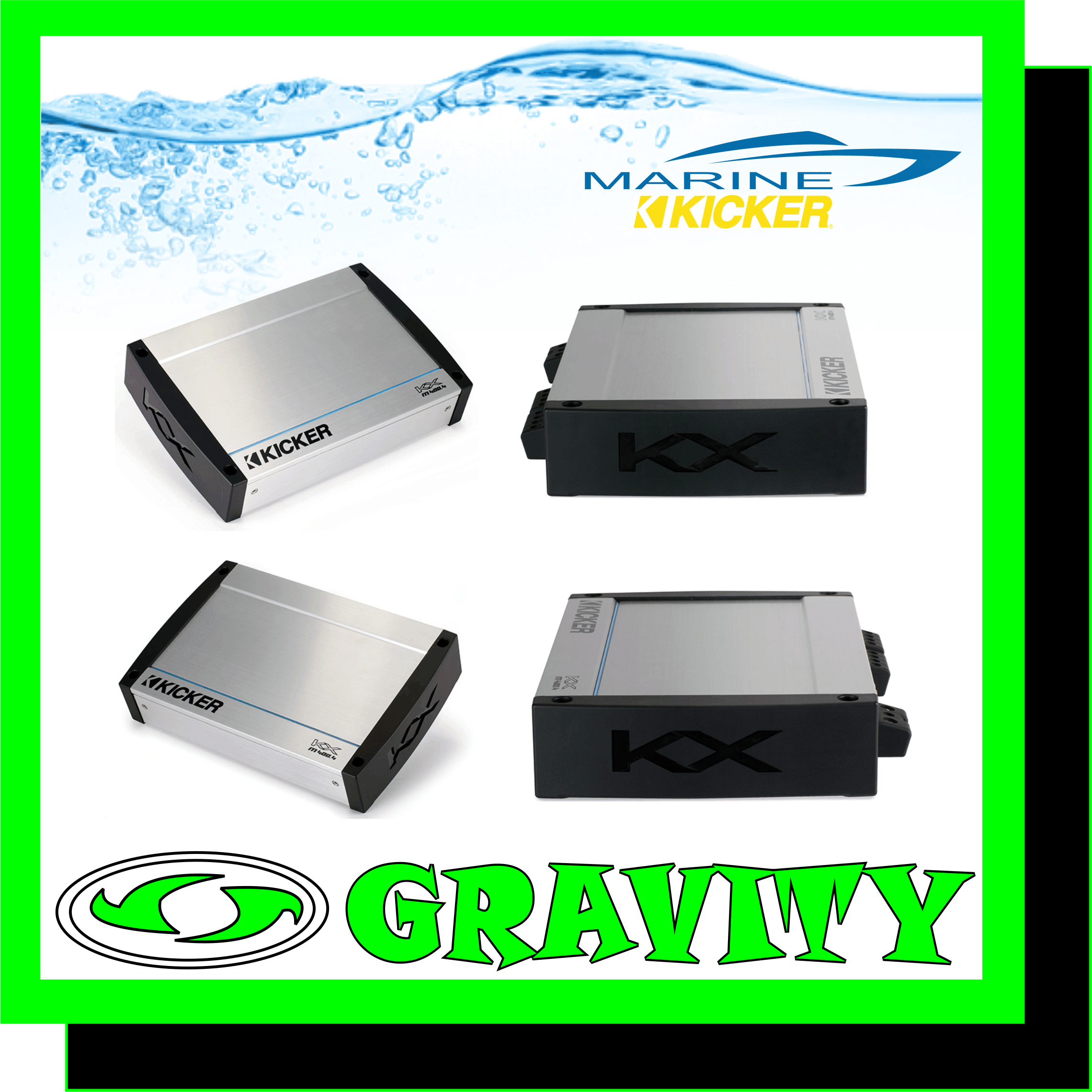Kicker 40KXM4004 4�100-Watt Four-Channel Full-Range Class D Marine Amplifier  Power (watts/ch), Full-Range Class D 2 Ohm stereo 100�4 Power (watts/ch), Full-Range Class D 4 Ohm brdgd mono 200�2 Remote Bass Control (included) No ? Not Applicable Dimensions: 2-1/8 H x 8-5/16 W x 11-3/16 L (in.) 55 H x 210 W x 284 L (mm) Frequency Response (Hz): full range 10-20k (KXM.5 sub ch. 10-160) �1dB  Signal-to-Noise Ratio >95dB, A-weighted, re: rated power Active Crossover: (amp1) 24dB/octave, variable 10-500Hz, selectable high pass, low pass or all pass, w/10x switch; (amp2) 24dB/octave, variable high pass 10-500Hz, variable low pass 40-500Hz, selectable high pass, low pass, all pass or band pass, w/10x switch for lo pass; (KXM.5 sub channel) 24dB/octave, variable 40-160Hz low pass only Input Sensitivity Low Level: 125mV-5V High Level: 250mV-10V KickEQ? Boost: Variable +18dB @ 40Hz  Built for the Outdoors  KXM Amps were built for the outdoors. Power, speaker and input connections are gasket-sealed, as is the control cover hiding the settings, creating a water-resistant barrier to key components. The internal circuit board is sprayed with a moisture-deterring conformal coating for water and dirt resistance. The amplifier?s power connections meet marine-industry standards for protection against the elements. Stainless-steel mounting hardware prevents rust stains on carpeting and gel coat, and the UV-treated chassis finish battles harsh sunlight.  KXM Amplifiers  KICKER� takes proven technologies and advanced components to the water with KXM-Series Marine Amplifiers. Based on the critically acclaimed KX-Series Amplifier line for cars and trucks, weather-resistant KXM Amps utilize class-leading features specific for unbelievable sound in the boating environment, and within the most compact chassis for installing in tight locations.  KICKER KXM400.4 Amplifier  KXM Amps were built for the outdoors. Power, speaker and input connections are gasket-sealed, as is the control cover hiding the settings, creating a water-resistant barrier to key components. The internal circuit board is sprayed with a moisture-deterring conformal coating for water and dirt resistance. The amplifier?s power connections meet marine-industry standards for protection against the elements. Stainless-steel mounting hardware prevents rust stains on carpeting and gel coat, and the UV-treated chassis finish battles harsh sunlight.   KICKER KXM400.4 Amplifier KXM Amps were built for the outdoors. Power, speaker and input connections are gasket-sealed, as is the control cover hiding the settings, creating a water-resistant barrier to key components. The internal circuit board is sprayed with a moisture-deterring conformal coating for water and dirt resistance. The amplifier's power connections meet marine-industry standards for protection against the elements. Stainless-steel mounting hardware prevents rust stains on carpeting and gel coat, and the UV-treated chassis finish battles harsh sunlight.