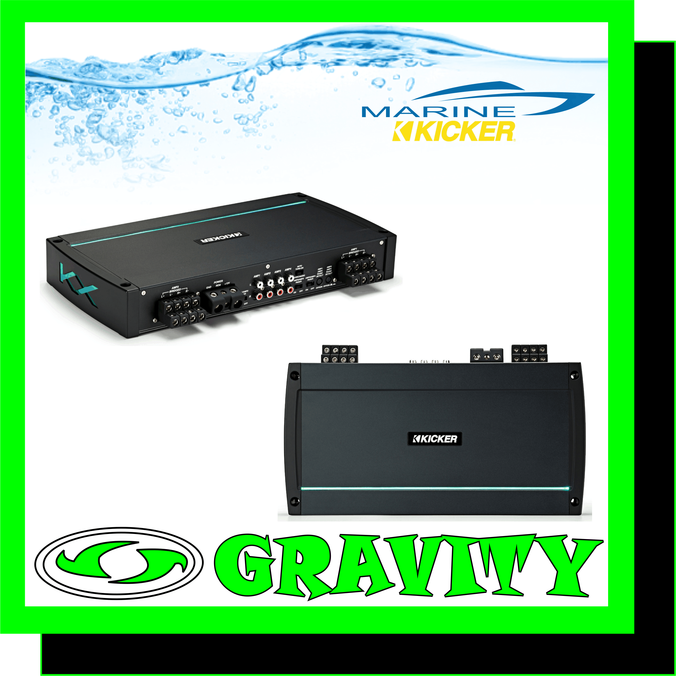Kicker 44KXMA800.8 8-channel marine amplifier ? 50 watts RMS x 8  Product highlights: 8-channel marine amplifier 50 watts RMS x 8 at 4 ohms (100 watts RMS x 8 at 2 ohms) 200 watts RMS x 4 bridged at 4 ohms (4-ohm stable in bridged mode) CEA-2006 compliant Class D amp technology gain knobs also function as clip lights Amp 1 and Amp 2: variable high- or low-pass filter (10-5000 Hz, 24 dB/octave) Amp 3 and Amp 4: variable high-pass filter (10-500 Hz, 24 dB/octave) variable low-pass filter (40-5000 Hz, 24 dB/octave) bandpass engages both high- and low-pass filters variable bass boost (0-18 dB at 40 Hz) on all channels  MORE FEATURES: weather-resistant conformal-coated circuit boards front-mounted controls protected behind gasket-sealed fold-down door Fail-Safe Integration Technology eliminates noise from your vehicle?s electrical system preamp and speaker-level inputs (speaker wire to RCA adapterrequired for speaker-level input) wiring, hardware, and fuse not included with amplifier 4-gauge power and ground wires and a 120-amp fuse recommended dimensions: 14-311/16?W x 2-1/4?H x 8-7/16?D  Powerful, dependable, and good-looking Kicker's KXMA800.8 marine 8-channel amplifier will bring brilliance and clarity to your sound, powering eight speakers with 50 watts RMS each. You can also use this amp in a 4-way system, with two channels powering tweeters, two channels powering midrange drivers, two powering mid-bass speakers, and two channels bridged together to power a subwoofer with up to 200 watts RMS. This versatile amp will always find a place in your boat's sound system, no matter how it evolves over the years.  Stays cool under pressure This reliable and compact KXM Series rocker will run cool even when pushed hard, thanks to its high-mass heatsink, high-tech internal components, and efficient full-range Class-D amp technology. Made for marine use The KXMA800.8 features a conformal-coated circuit board for improved water and dust resistance, plus corrosion-resistant power connections, a gasket-sealed front cover, and stainless steel mounting hardware that won't rust all over your boat's gel coat or carpeting.  Connection perfection Kicker employs their Fail-Safe Integration Technology (FIT2?) to reject noise and stop any interference generated by your boat's electronics, so you'll enjoy your music clean and pure. Speaker-level inputs make it possible to hook this amp up to almost any stereo receiver or radio. Kicker also helps you set this amp's gain properly, by offering free test tones for downloading. You play a tone and turn the gain up until the gain knob glows red. Then, you turn it down until it just goes out, and the amp's gain is set perfectly.  Versatile controls behind the folding door A gasket-sealed front door gives you quick and easy access to your amp's controls. You can tune for almost any kind of speaker, as the steeply-sloped high- and low-pass filters offer a wide range of adjustment. The filter sections for the Amp 3 and Amp 4 channels can be set up for bandpass operation ? where both the high- and low-pass filters are engaged to allow only the frequencies between them to play ? for optimizing the signal for midrange speakers in a 3- or 4-way system.
