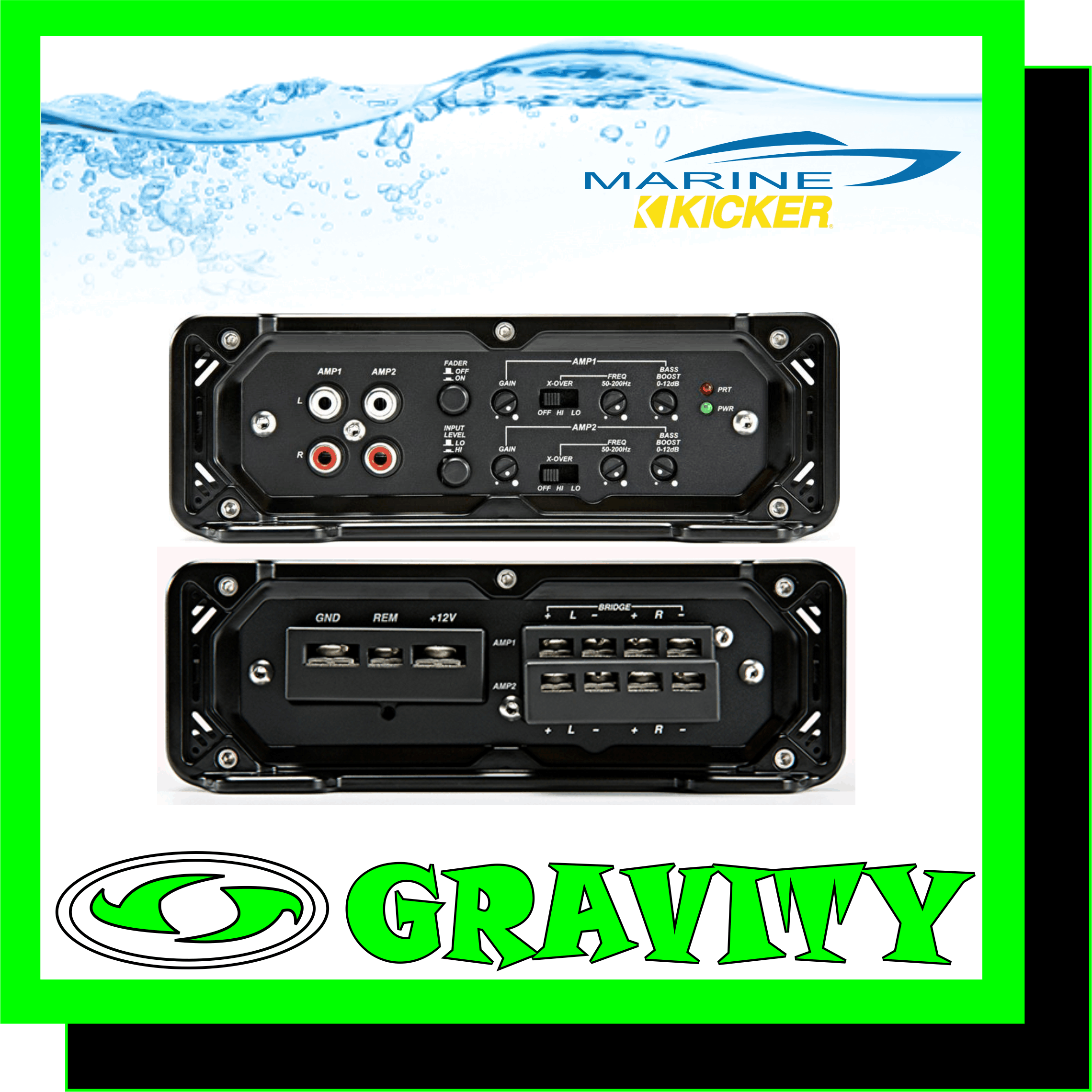 Kicker 45KMA3004 4-Channel 75Watt x 4 @ 2 Ohm Marine Class-D Amplifier  Product highlights: 4-channel marine amplifier 40 watts RMS x 4 at 4 ohms (75 watts RMS x 4 at 2 ohms) 150 watts RMS x 2 bridged at 4 ohms (4-ohm stable when bridged) CTA-2006 compliant Class D amp technology variable high- and low-pass filters (50-200 Hz, 12 dB/octave) variable bass boost (0-12 dB at 40 Hz) on all channels  OTHER FEATURES: conformal-coated circuit board helps prevent corrosion marine-grade speaker terminals and ABYC/NMMA-compliant power connections fader switch eliminates need for Y-cords for input signals preamp and speaker-level inputs (speaker wire to RCA adaptersrequired for speaker-level input) wiring, fuse, and hardware not included with amplifier 4-gauge power and ground leads and a 60-amp fuse recommended dimensions: 12-3/8?W x 2-5/16?H x 6-3/4?D Specifications:  KMA300.4 4-Channel 75Watt x 4 @ 2 Ohm Marine Class-D Amplifier:  POWER [watts/ch], 2 OHM STEREO: 75 x 4 POWER [watts/ch], 4 OHM BRIDGED MONO: 150 x 2 Class-D Power Supply Four-Channel Amplifier With Bridging Capability Conformal-Coated Circuit Board Variable 12dB Crossover KickEQ? Variable 12dB Bass Boost ABYC/NMMA-Compliant Power Connections 316L Stainless-Steel Hardware Included What?s in the Box: 1 ? power amplifier 1 ? user manual, mounting hardware  Enjoy your music while you?re cruising A little power goes a long way in making your day out on the water more fun. Kicker?s KMA300.4 marine amplifier can power four speakers with 40 watts RMS each, so you?ll hear your music clearly over the sounds of the wind and waves, in up to 2 zones on your boat. You could also use this amp to power a system consisting of two speakers and a subwoofer. If you?re just interested in power, this amp can go into bridged, 2-channel mode and put out up to 150 watts RMS per channel, for a couple high-performance tower speakers, for example.  Tone controls for the best sound High-pass crossover filters guard against low-frequency distortion in your speakers. A low-pass filter and a bass boost on each channel help sculpt the tone when you?re powering subs.  Shrugs off salt and water Kicker knows how rough things can get at sea ? they built this amp weather-tough, with marine-grade speaker terminals, stainless-steel screws, conformal circuit boards, and ABYC/NMMA-compliant power connections. That last one is a certification from the National Marine Manufacturers Association (NMMA), so you know that these connectors are well-made and will work well for a long time, even in rough seas.   KMA300.4 4-Channel 75Watt x 4 @ 2 Ohm Marine Class-D Amplifier Big sound meets big value. Use this flexible four-channel KM marine amplifier to power your system with ease and pump up the sound like only KICKER can!  