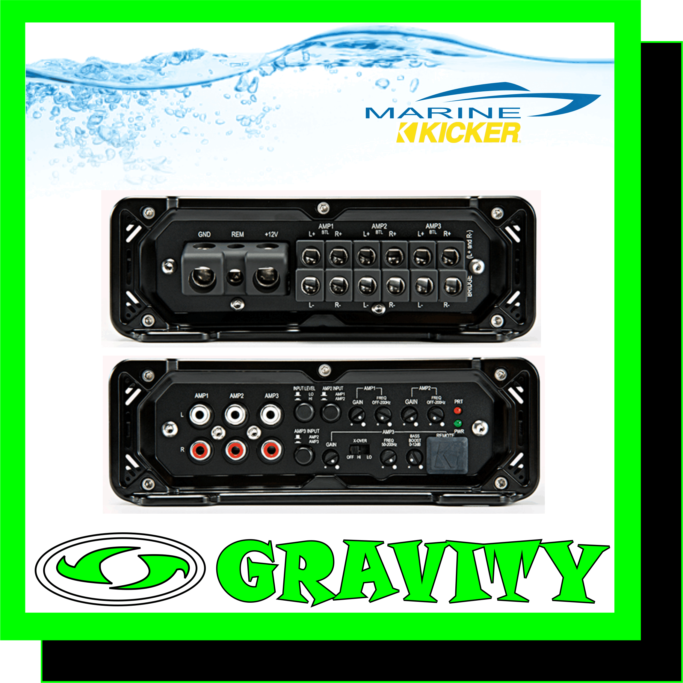 Kicker 45KMA4506 6-Channel 75Watt x 6 @ 2 Ohm Marine Class-D Amplifier  IN THE ZONE  With this KM Six-Channel Amp, your boat is a floating concert! Connect as many as 12 speakers in three independent zones to control the volume level on the tower speakers, and in the cabin or even the deck! A separate full-range level control connects to the amp for even more convenience. It?s truly one of the most versatile amps in marine audio.  This amp also features variable bass boost with KickEQ?, giving you as much as a 12dB of extra bump, as well as a powerful 12dB crossover and 24dB subsonic filter, letting you quickly tune your system to perfection.  Class-D Power Supply Six-Channel Amplifier With Bridging Capability Three-Zone Control Full-Range Volume Controller Included Conformal-Coated Circuit Board Variable 12dB Crossover 24dB Subsonic Filter (Amp 3 Only) KickEQ? Variable 12dB Bass Boost ABYC/NMMA-Compliant Power Connections 316L Stainless-Steel Hardware Included Specifications:  KMA450.6 6-Channel 75Watt x 6 @ 2 Ohm Marine Class-D Amplifier:  POWER [watts/ch], 2 OHM STEREO: 75 x 6 POWER [watts/ch], 4 OHM BRIDGED MONO: 150 x 3 Class-D Power Supply Six-Channel Amplifier With Bridging Capability Three-Zone Control Full-Range Volume Controller Included Conformal-Coated Circuit Board Variable 12dB Crossover 24dB Subsonic Filter (Amp 3 Only) KickEQ? Variable 12dB Bass Boost ABYC/NMMA-Compliant Power Connections 316L Stainless-Steel Hardware Included What?s in the Box: 1 ? power amplifier 1 ? remote control 1 ? remote cable 1 ? user manual, mounting hardware   KMA450.6 6-Channel 75Watt x 6 @ 2 Ohm Marine Class-D Amplifier Big sound meets big value. Use this flexible KM Six-Channel Marine Amplifier to power your system with ease and pump up the sound like only KICKER can! With this KM Six-Channel Amp, your boat is a floating concert! Connect as many as 12 speakers in three independent zones to control the volume level on the tower speakers, and in the cabin or even the deck! A separate full-range level control connects to the amp for even more convenience. It?s truly one of the most versatile amps in marine audio. This amp also features variable bass boost with KickEQ?, giving you as much as a 12dB of extra bump, as well as a powerful 12dB crossover and 24dB subsonic filter, letting you quickly tune your system to perfection.  
