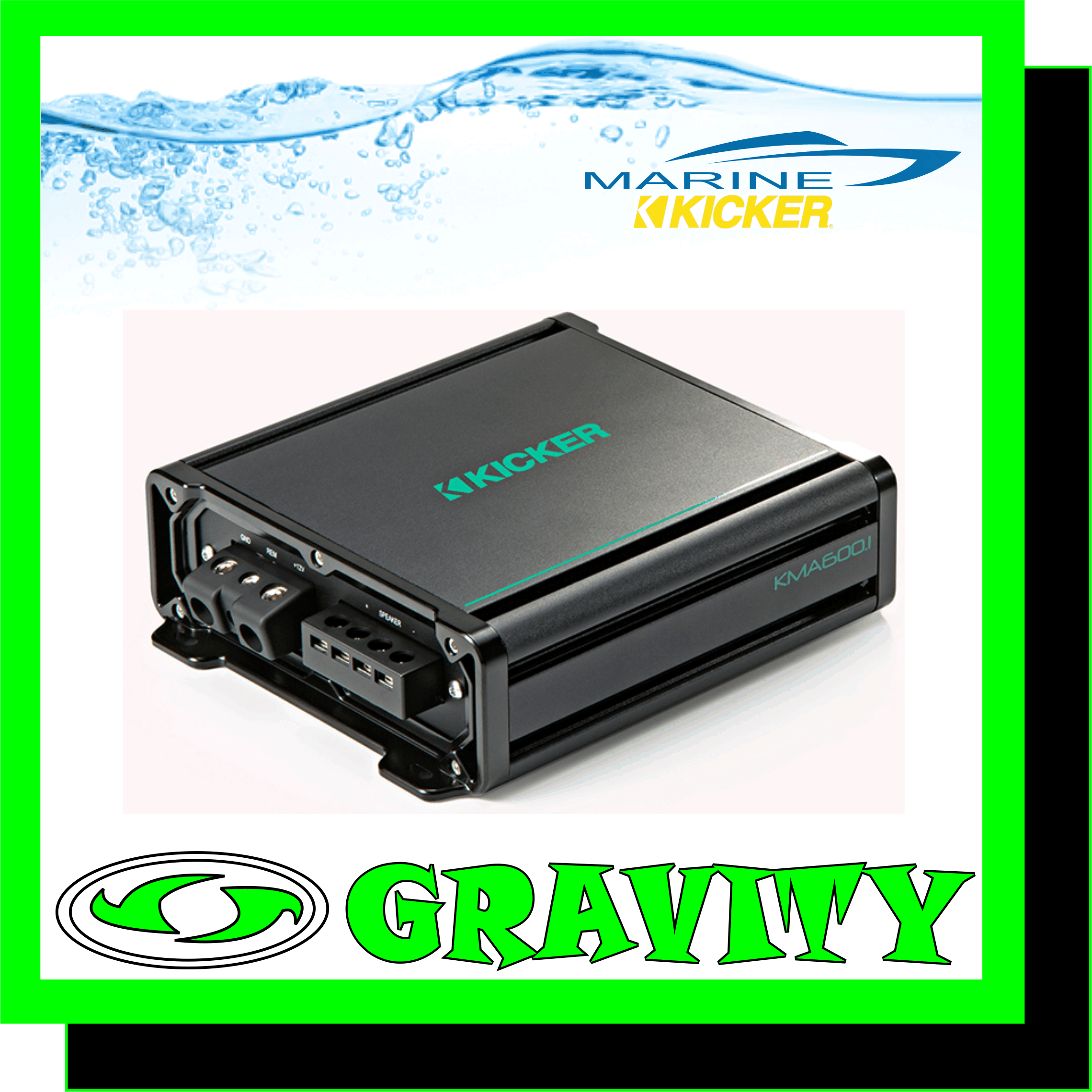Kicker 45KMA6001 Monoblock 600Watt @ 2 Ohm Marine Class-D Amplifier  BIG BUMP  Experience the perfect way to get bass on your boat! A mighty Class-D power plant, 12dB crossover and subsonic filter all help you dial in the best sound. Use the remote level control to adjust the bass right from the dash and connect the full-range RCA outputs to expand your system!  Class-D Power Supply Mono Amplifier Conformal-Coated Circuit Board Remote Level Control Included Variable 12dB Crossover KickEQ? Variable 12dB Bass Boost 24dB Subsonic Filter Full-Range RCA Output ABYC/NMMA-Compliant Power Connections 316L Stainless-Steel Hardware Included Specifications:  KMA600.1 Monoblock 600Watt @ 2 Ohm Marine Class-D Amplifier:  POWER [watts/ch], CLASS D 2 OHM MONO: 600 x 1 Class-D Power Supply Mono Amplifier Conformal-Coated Circuit Board Remote Level Control Included Variable 12dB Crossover KickEQ? Variable 12dB Bass Boost 24dB Subsonic Filter Full-Range RCA Output ABYC/NMMA-Compliant Power Connections 316L Stainless-Steel Hardware Included What?s in the Box: 1 ? mono power amplifier 1 ? remote control 1 ? remote cable 1 ? user manual, mounting hardware   KMA600.1 Monoblock 600Watt @ 2 Ohm Marine Class-D Amplifier Big bass meets big value. Use this flexible KM marine subwoofer amplifier to power your bass with ease, and pump up the sound like only KICKER can! Experience the perfect way to get bass on your boat! A mighty Class-D power plant, 12dB crossover and subsonic filter all help you dial in the best sound. Use the remote level control to adjust the bass right from the dash and connect the full-range RCA outputs to expand your system!  