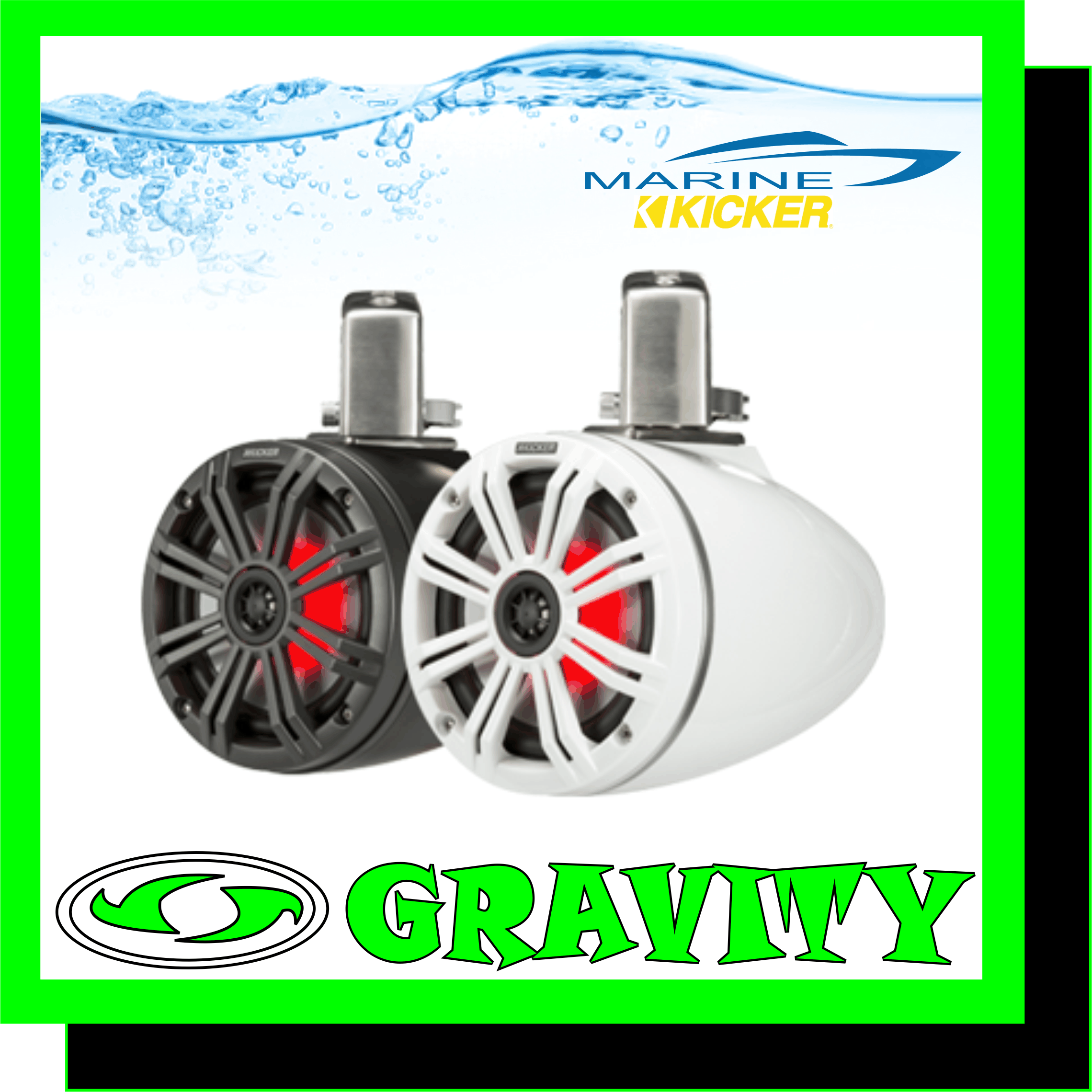 Kicker KMTC65 (165mm) Loaded Marine Cans with 45KM654L Speakers pair Charcoal or Black  Product highlights: 6-1/2? marine wakeboard tower speakers (pair) UV-treated polypropylene woofer with Santoprene rubber surround 3/4? balanced dome titanium tweeter built-in LED lighting with 20 color options and 19 dynamic modes 359� swiveling clamp system optional KMLC remote controls all lighting functions available in White or Charcoal/Black sealed motor structure and locking terminal covers stainless steel mounting hardware included UV-resistant polymer basket  SPECS: handles up to 65 watts RMS (195 watts peak power) frequency response: 35-21,000 Hz sensitivity: 90 dB impedance: 4 ohms dimensions: 7? x 9-11/16? D x 10-11/16? H (w/bracket) Specifications:  Kicker KMTC65 (165mm) Loaded Marine Cans with 45KM654L Speakers pair; Charcoal/White  Woofer (in, cm) 6-1/2, 16 Tweeter (in, cm) 3/4, 2 Tweeter Dome Material Titanium Rated Impedance (ohms) 4 Peak Power Handling (Watts) 195 Continuous Power Handling (Watts RMS) 65 Sensitivity (1W, 1m) 90 Frequency Response (Hz) 35-21k Height incl. bracket (in, cm) 10-11/16, 27.1 Height from roll bar (in, cm) 8-1/4, 22.8 Diameter (in, cm) 7, 17.7 Depth (in, cm) 9-11/16, 24.5 LED Lighting Yes What?s in the Box: 2 ? full-range speaker enclosures mounting hardware   Kicker KMTC65 (165mm) Loaded Marine Cans with 45KM654L Speakers pair; Charcoal/White Livin? Loud and looking good, KICKER KMTC65 Coaxial Tower Systems are the flexible, stylish solution your boat needs . Sold as pairs. ? Four-Ohm Voice Coil ? 3/4-Inch Titanium Tweeter ? UV-Treated Polypropylene Woofer With Santoprene� Surround ? 359� Swivel With Toolless Locking Cam/Toggle System ? Stainless Steel/ABS Clamp Fits 1.5 - 3.25-Inch Tubing ? UV-Resistant Polymer Basket ? Through-Clamp Wiring System ? 316L Stainless Mounting Hardware Included ? Grille With Seven-Color LED System Included* ? Meets or Exceeds ASTM Standards for UV** and Salt/Fog Exposure***    Add these 6-1/2? speakers to your tower Kicker?s 45KMTC65 marine tower speakers are an amazing combination of awesome sound and cool lighting. Like all Kicker speakers, they sound terrific, but with built-in LED lighting and aggressive styling, these speakers bring a lot more to the party. You can adjust the multi-color LEDs to suit your boat or your mood, so they?ll add a lot to your evening cruise. Available in classic White or a Charcoal/Black combo, these 6-1/2? speakers will look great in any boat.  Get the lighting look you want You can access twenty color options as well as 19 dynamic modes using the optional Kicker KMLC remote. The KMLC gives you multi-function control of the LED lighting by managing color and dynamic mode functions, including adjustable brightness, fade, speed/strobe, and auto save. Whether you?re on fresh water or salt, these speakers will give you years of audio and visual enjoyment.  Point your sound where you want it These rugged wakeboard tower speakers are tough enough for marine duty, but they?re very easy on the ears. The durable 6-1/2? poly woofers and balanced dome titanium tweeters cut through wind, waves, and engine roar to deliver big-time sound without annoying harshness. The swiveling clamp system is easy to install and lets you rotate the speakers to suit your situation, Point them aft for waterskiiing or wakeboarding, or spin them in to enjoy your music when you?re anchored out. Whatever you?re doing, these Kickers will make your day on the water just a little bit better than it was already.  Built for boating and built to last Designed for life on the water, these powerful 4-ohm speakers feature sealed motors, rubber cone surrounds, and locking terminal covers to keep spray away from the internal componentry. They?ll also stand up to harsh sunlight, thanks to special UV treatments on the cones, surrounds, baskets, and grilles. The durable stainless steel/ABS clamps will fit tubing from 1-1/2? to 3-1/4?, so these speakers will work on a wide variety of vessels.