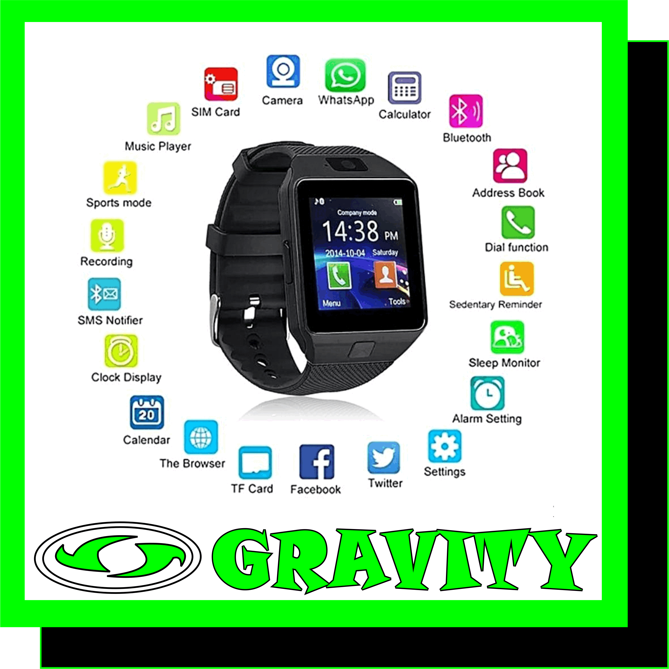 Features: - GSM 850/900/1800/1900 MHz , Single Micro SIM Card - Bluetooth Dialer, Call Reminder, Bluetooth Call - Bluetooth SMS/IM Message Notified - 1.56" TFT LCD Touch Screen 240*240 pixels - 1.3M Camera (Video Recording not Support) - Anti-loss Technology to bind phone - Pedometer, Sleep Monitor, Sedentary Reminder - Audio Player - Calendar (Synchronizable) Specification: -CPU: MTK6260A -Network & Connectivity: -SIM Card: Single SIM Card (Micro SIM Card) Can be as a phone -Frequency: GSM 850/900/1800/1900 MHz -Bluetooth: (Built - in) - BT3.0, BT4.0 -Storage: External memory: Support TF card up to 32GB -Display: 1.56 inch TFT LCD, 240 x 240 pixels -Camera: 1.3 M Media: -Music: Support -Picture Format: JPEG, GIF, BMP, PNG -Music Format: MP3, WAV -Languages: Support kinds of langauage, Pls check the language photo. -Functions: Bluetooth Dialer, Contacts, Call Reminder, Alarm, Anti-loss, Pedometer, Sleep Monitor,Sedentary Reminder, Calendar,Calculator,Sound Recorder,Camera,Audio Player ,Browser Facebook,Twitter, Whatsapp -Battery: 380 mAh -Talk Time: 3~ 6 Hours -Standby Time: 2~7days -SMS: Support -USB Port: Mini USB 5pin interface -Color: Black,White,Coffee,Sliver -Size: 43.5*40*11.5 (mm) -Gravity Sensor: Support - Case Material: Metal /Band Material:Silicon