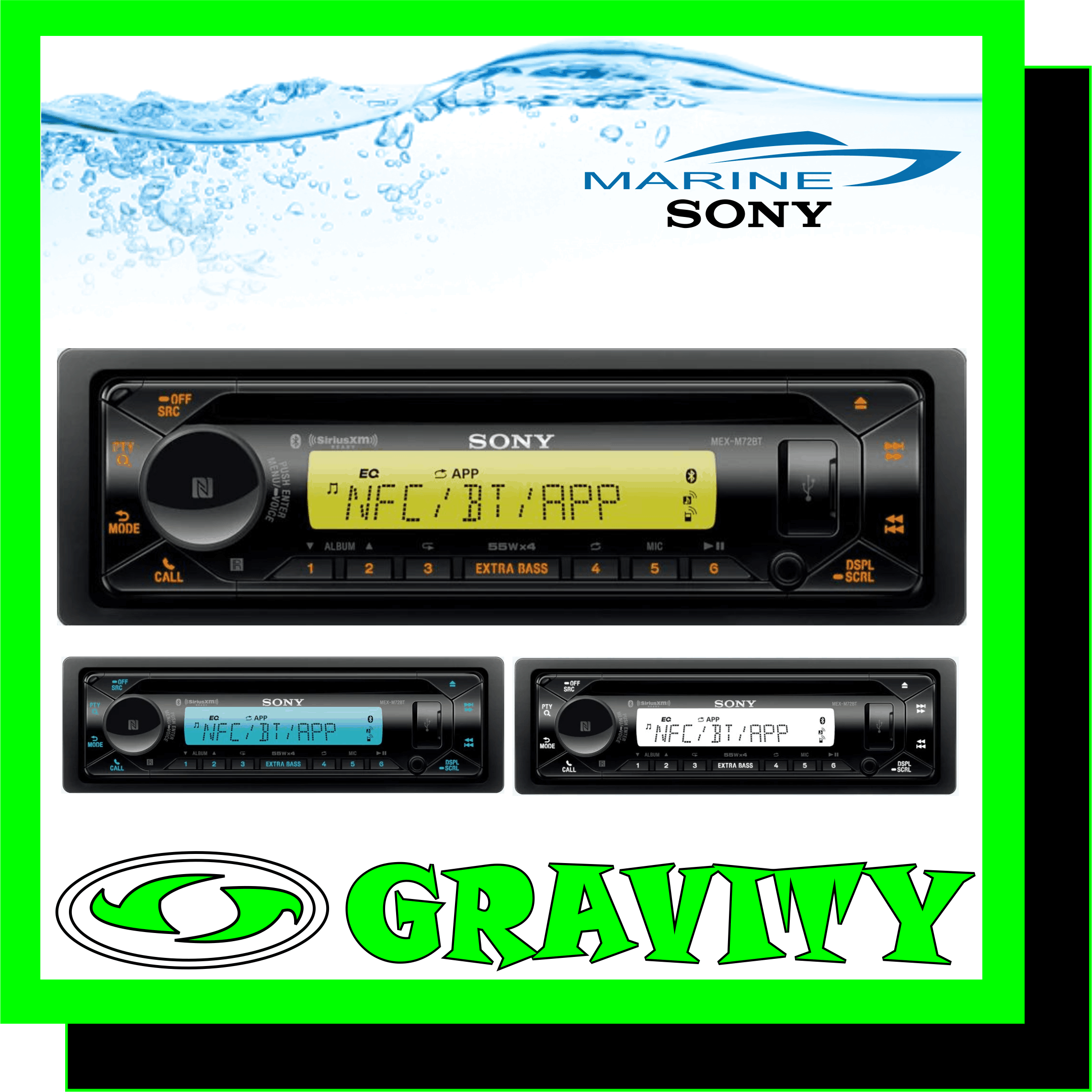 Marine CD Receiver with Bluetooth ? 55W x 4 max. power ? EXTRA BASS ? 3 Pre Out ? 10-band equaliser ? High-pass filter/low-pass filter ? MP3, WMA, FLAC, AAC playback  Connect wirelessly on water, or off-roading Marine CD receiver with Dual BLUETOOTH� connectivity and two-zone color illuminator The MEX-M72BT brings improved communication and illumination out at sea or on any off-road adventure. Dual Bluetooth� connectivity lets you connect a second smartphone wirelessly, so you can make and receive hands-free calls from either phone. The anti-corrosive coating and UV-resistant finish mean that sunshine and sea air are never a problem.  Ready for sun and humidity The UV-resistant finish can handle bright sunlight, and the anti-corrosive coating stands up to salty sea air without fading or cracking.  Tap to connect wirelessly NFC technology lets you connect your Bluetooth� phone instantly, just by tapping it on the receiver's volume knob. No NFC? No problem. You can still manually connect to Bluetooth� wireless connection using your device's settings menu.  Control with your voice Use voice commands to get directions, play music, and communicate with contacts when connected with your smartphone.   Connect two smartphones with Dual Bluetooth� connection Pair your first phone using Bluetooth� for full access to music playback, and communication features. A second phone can be connected simultaneously for making and receiving calls.  Bring Siri along for the ride Hook up your iOS device to control its music, navigation, messaging, and more, using Siri Eyes Free  Voice control for Android Use voice control to get directions, send messages, and play tracks on your Android smartphone.  Control by talking Enjoy helpful smartphone features without taking your eyes off the view ahead. Voice control lets you manage music and communicate with contacts, all via simple spoken commands.  Bring great sound to every journey Wherever you're going, enjoy clear and natural sound driven by powerful amplification and customizable audio settings.  High-power amp for rich, clear sound The built-in four-channel amplifier delivers 4x55W of power, for loud and natural sound.  USB input lets you play music from your iPhone or iPod You can easily play music from your iOS device. Just plug in with a USB cable and control basic playback functions while seeing track information on the display.  AOA 2.0 lets you play music from your smartphone Enjoy downloaded or streamed music from your smartphone with Android Open Accessory 2.0 support. Simply plug into the USB port, then play your favorite music apps.