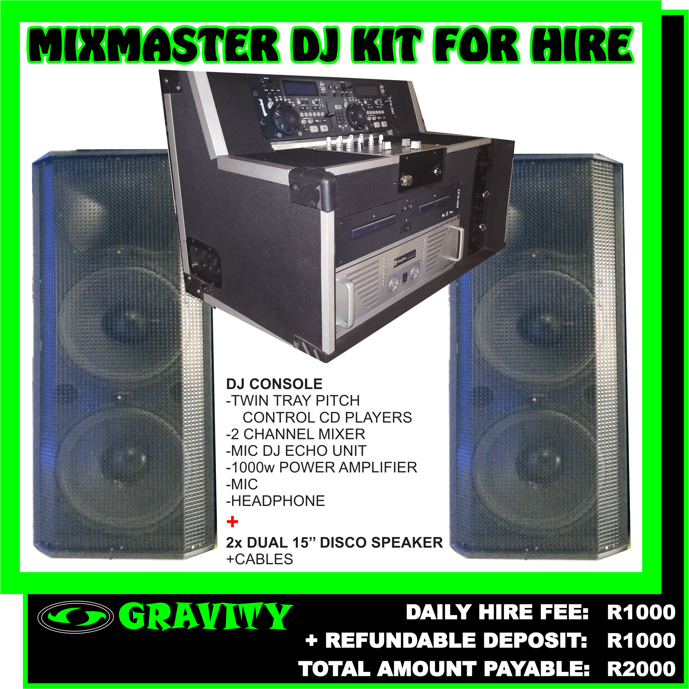 MIX MASTER DJ KIT FOR HIRE DISCO DJ/PA EQUIPMENT GRAVITY DJ STORE