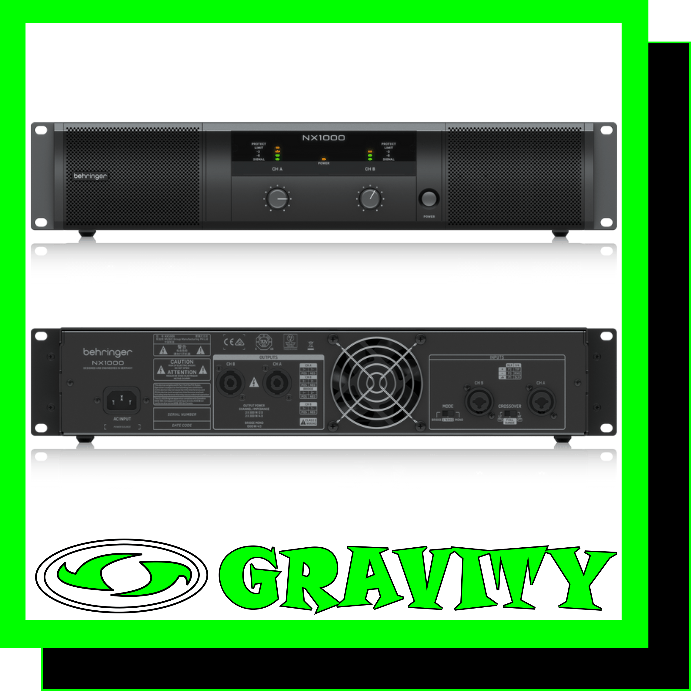 NX1000 Ultra-Lightweight 1000-Watt Class-D Power Amplifier with SmartSense Loudspeaker Impedance Compensation  -Delivers 2 x 500 Watts into 2 Ohms; 2 x 300 Watts into 4 Ohms; 1000 Watts into 4 Ohms (bridge mode) and weighs less than 7.3 lbs / 3.3 kg -Ultimate reliability through revolutionary cool-running High-Density Class-D technology with “near-zero” thermal buildup -Ultra-efficient switch-mode power supply for noise-free audio, superior transient response and low power consumption -Built-in stereo crossover with low-cut, high-cut and full range mode -SmartSense Loudspeaker impedance compensation features fully linear frequency response at any speaker load impedance -“Zero-Attack” limiters offer maximum output level with reliable overload protection -Detented and illuminated gain controls for precise level setting -Precise 4-segment Signal and Limit LEDs to monitor performance -XLR and 1/4” TRS combination input connectors for compatibility with any source -Professional twist-lock speaker connectors for ultimate reliability -Independent DC, LF and thermal overload protection on each channel automatically protects amplifier and speakers without shutting down the show “Back-to-front” ventilation system prevents thermal buildup for reliable operation  NX1000 The NX1000 power amplifier packs 1000 Watts (2 x 500 Watts @ 2 Ohms; 2 x 300 Watts @ 4 Ohms; 1000 Watts into 4 Ohms bridge mode) into exceptionally lightweight (7.3 lbs / 3.3 kg) and rack-mountable packages. And because the NX1000 is so much more efficient than conventional designs, it runs cooler and doesn’t require the massive heat sinks and heavy toroid transformers typically associated with its conventional counterparts. Thanks to our “Zero-Attack” limiters that offer maximum output level with exceptionally-reliable overload protection and SmartSense Loudspeaker impedance compensation, which provides fully linear frequency response at any speaker load impedance, you can run the NX1000 full-out for hours on-end. Our revolutionary high-density Class-D technology, combined with an ultra-efficient, switch-mode power supply ensure this feather-light powerhouse will drive your rig effortlessly for many years to come.  Class-D – Massive Power, Perfect Sound Thanks to our High-Density Class-D amplifier Technology, we are able to provide you with enormous power and incredible sonic performance in an easy-to-use, ultra-portable and lightweight package. Class-D amplification makes all the difference, offering the ultimate in energy efficiency – and eliminating the need for heavy power supplies and massive heat sinks. This amazing technology makes it possible to design and build extremely powerful products that are significantly lighter in weight than their traditional counterparts, while using less energy and protecting the environment.  Sublimely Simple Operation The front panel controls and indicators provide your system’s vital signs at a glance. After pressing the Power button, the Power LED lights to show the amp is ready for action. All channels feature positive-detent Gain controls with Signal LEDs that light when a signal is present, as well as Limit LEDs to indicate when the amplifier is running at full capacity. Just as elegant as the front, the rear panel is home to the combo XLR and 1/4? TRS Input connectors, making the NX1000 compatible with virtually any source, balanced or unbalanced. Professional twist-lock speaker sockets are provided to ensure every drop of output power gets to your loudspeakers.  The rear panel is also where you’ll find the switches that enable the NX1000 amp to run in your choice of dual mono, stereo or mono bridge modes. The NX1000’s built-in Crossover switch sets the amp to Full-Range mode, where the output is sent unfiltered to your loudspeakers, or Bi-amp mode, which sends only the low-frequency content (<100 Hz) to passive subwoofers, while the high-frequency content (>100 Hz) is channeled to your full-range loudspeakers.  SmartSense Impedance Compensation Our new SmartSense Technology puts the punch back into Class-D amplification, providing vastly improved full-range frequency response with more powerfully-dynamic bass, and smoother high-frequency reproduction. The resulting output is no longer dependent on the actual load, but is rendered perfectly ruler flat via impedance compensation. NX1000’s design also incorporates a significantly-higher damping factor that yields better amplifier control over the loudspeaker for stronger audio reproduction – especially in the LF area.  Sound Value Sporting massive output ratings, lightweight Class-D technology and an equally lightweight price tag – plus all the amenities a professional audio engineer could ask for – the BEHRINGER NX1000 power amplifier is a serious amp for your most demanding applications.  Experience the BEHRINGER NX1000 amplifier at your local dealer, or get yours online today, and find out why more and more professionals are turning to BEHRINGER amplifiers for their superb performance and extraordinary value.