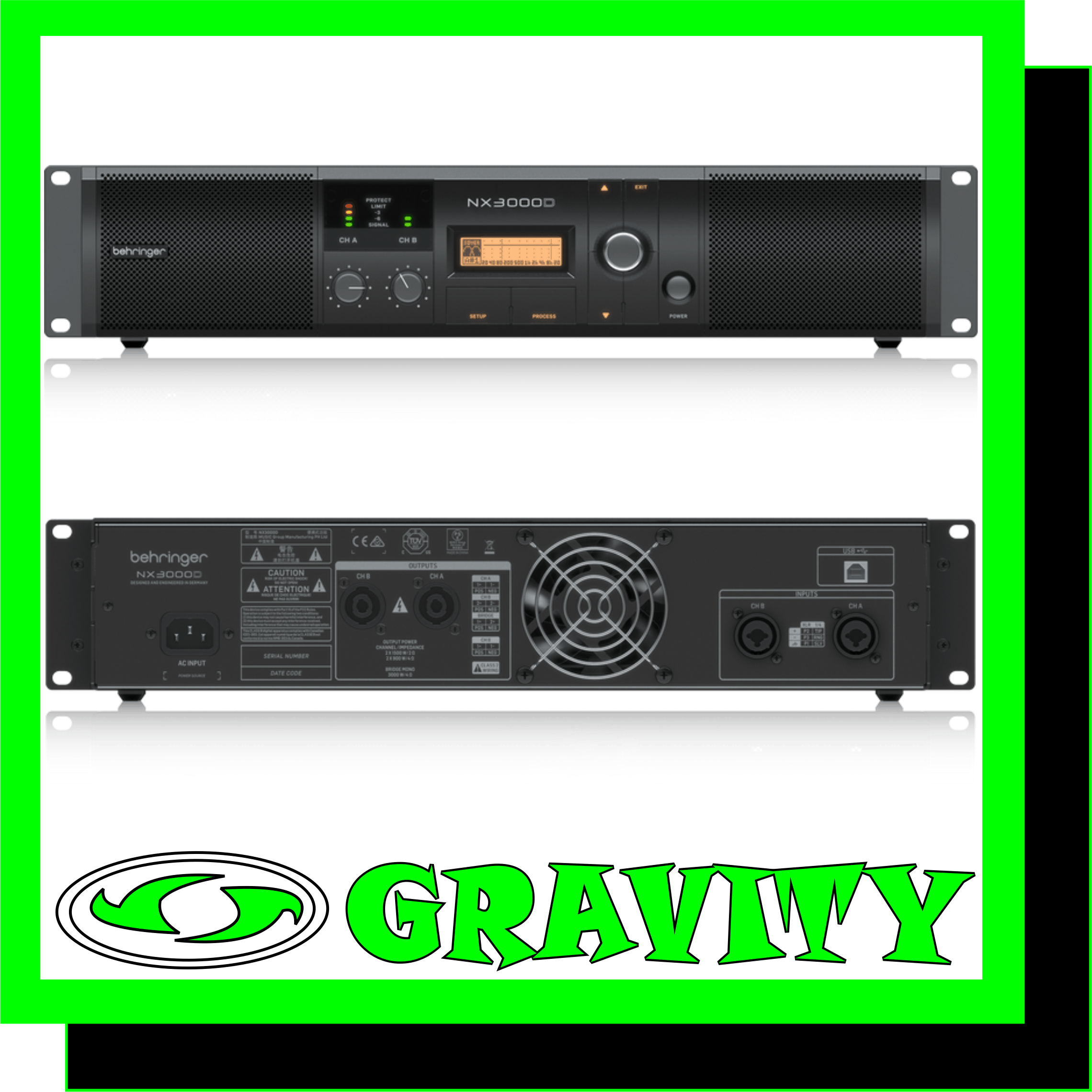 NX3000D Ultra-Lightweight 3000-Watt Class-D Power Amplifier with DSP Control and SmartSense Loudspeaker Impedance Compensation  -Delivers 2 x 1500 Watts into 2 Ohms; 2 x 900 Watts into 4 Ohms; 3000 Watts into 4 Ohms (bridge mode) and weighs less than 7.9 lbs / 3.6 kg -Ultimate reliability through revolutionary cool-running High-Density Class-D technology with “near-zero” thermal buildup -Ultra-efficient switch-mode power supply for noise-free audio, superior transient response and low power consumption -High-performance DSP and 24-bit/96 kHz converters deliver ultimate signal integrity and extreme dynamic range -DSP section features sophisticated delay, crossover (3 filter types, up to 48 dB/octave), EQ (8 parametric, 2 dynamic), dynamics processing and lockable security settings -SmartSense Loudspeaker impedance compensation features fully linear frequency response at any speaker load impedance -Front panel LCD display enables setup and adjustment without PC -Can be set up, controlled and monitored via front panel USB connector. Powerful remote software downloadable at behringer.com -“Zero-Attack” limiters offer maximum output level with reliable overload protection -Built-in Subwoofer/Satellite crossover for perfect subwoofer operation -Detented and illuminated gain controls for precise level setting -Precise 4-segment Signal and Limit LEDs to monitor performance -XLR and 1/4” TRS combination input connectors for compatibility with any source -Professional twist-lock speaker connectors for ultimate reliability -Independent DC, LF and thermal overload protection on each channel automatically protects amplifier and speakers without shutting down the show -“Back-to-front” ventilation system prevents thermal buildup for reliable operation  Class-D – Massive Power, Perfect Sound Thanks to our High-Density Class-D amplifier Technology, we are able to provide you with enormous power and incredible sonic performance in an easy-to-use, ultra-portable and lightweight package. Class-D amplification makes all the difference, offering the ultimate in energy efficiency – and eliminating the need for heavy power supplies and massive heat sinks. This amazing technology makes it possible to design and build extremely-powerful products that are significantly lighter in weight than their traditional counterparts, while using less energy and protecting the environment.  Sublimely Simple Operation The front panel controls and indicators provide your system’s vital signs at a glance. After pressing the Power button, the Power LED lights to show the amp is ready for action. All channels feature positive-detent Gain controls with Signal LEDs that light when a signal is present, as well as Limit LEDs to indicate when the amplifier is running at full capacity. Just as elegant as the front, the rear panel is home to the combo XLR and 1/4? TRS Input connectors, making the NX3000D compatible with virtually any source, balanced or unbalanced. Professional twist-lock speaker sockets are provided to ensure every drop of output power gets to your loudspeakers.  NX DSP For sound engineers requiring high-level control capability, the NX3000D amplifier comes ready for action right out-of-the-box. The built-in DSP and 24-bit/96 kHz converters ensure the ultimate signal integrity with an extremely broad dynamic range. DSP section features sophisticated delay, crossover (3 filter types, up to 48 dB/octave), EQ (8 parametric, 2 dynamic), dynamics processing and lockable security settings. A convenient front panel LCD display allows you to setup and make adjustments directly at the amplifier, without the need for a PC.  SmartSense Impedance Compensation Our new SmartSense Technology puts the punch back into Class-D amplification, providing vastly improved full-range frequency response with more powerfully-dynamic bass, and smoother high-frequency reproduction. The resulting output is no longer dependent on the actual load, but is rendered perfectly ruler flat via impedance compensation. NX3000D’s design also incorporates a significantly-higher damping factor that yields better amplifier control over the loudspeaker for stronger audio reproduction – especially in the LF area.