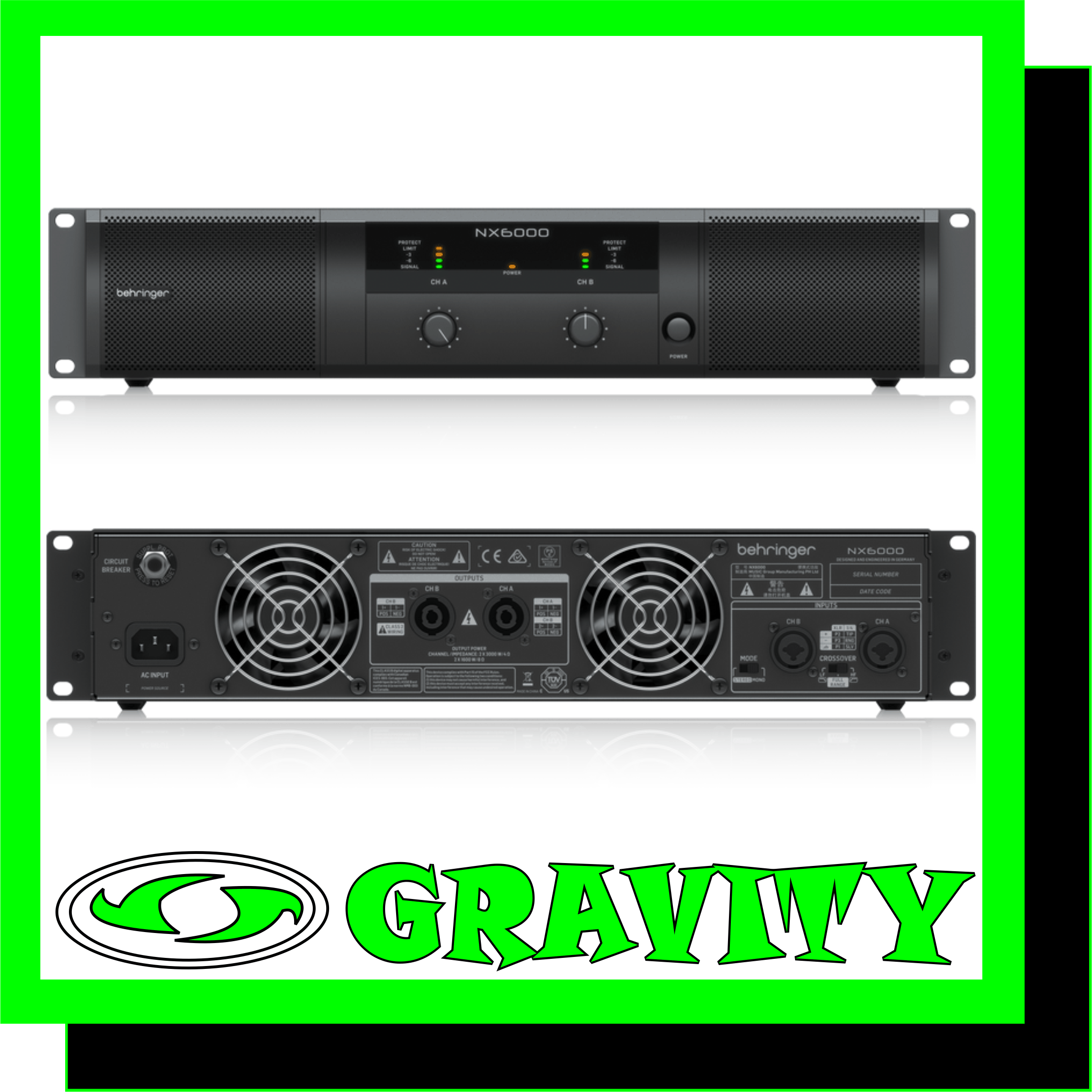 NX6000 Ultra-Lightweight 6000-Watt Class-D Power Amplifier with SmartSense Loudspeaker Impedance Compensation  -Delivers 2 x 3000 Watts into 4 Ohms; 2 x 1600 Watts into 8 Ohms and weighs less than 13 lbs / 5.9 kg -Ultimate reliability through revolutionary cool-running High-Density Class-D technology with “near-zero” thermal buildup -Ultra-efficient switch-mode power supply for noise-free audio, superior transient response and low power consumption -Built-in stereo crossover with low-cut, high-cut and full range mode -SmartSense Loudspeaker impedance compensation features fully linear frequency response at any speaker load impedance -“Zero-Attack” limiters offer maximum output level with reliable overload protection -Detented and illuminated gain controls for precise level setting -Precise 4-segment Signal and Limit LEDs to monitor performance -XLR and 1/4” TRS combination input connectors for compatibility with any source -Professional twist-lock speaker connectors for ultimate reliability -Independent DC, LF and thermal overload protection on each channel automatically protects amplifier and speakers without shutting down the show -“Back-to-front” ventilation system prevents thermal buildup for reliable operation  NX6000 The NX6000 power amplifier packs 6000 Watts (2 x 3000 Watts @ 4 Ohms; 2 x 1600 Watts @ 8 Ohms) into exceptionally lightweight (13 lbs / 5.9 kg) and rack-mountable packages. And because the NX6000 is so much more efficient than conventional designs, it runs cooler and doesn’t require the massive heat sinks and heavy toroid transformers typically associated with its conventional counterparts. Thanks to our “Zero-Attack” limiters that offer maximum output level with exceptionally-reliable overload protection and SmartSense Loudspeaker impedance compensation, which provides fully linear frequency response at any speaker load impedance, you can run the NX6000 full-out for hours on-end. Our revolutionary high-density Class-D technology, combined with an ultra-efficient, switch-mode power supply ensure this feather-light powerhouse will drive your rig effortlessly for many years to come.  Class-D – Massive Power, Perfect Sound Thanks to our High-Density Class-D amplifier Technology, we are able to provide you with enormous power and incredible sonic performance in an easy-to-use, ultra-portable and lightweight package. Class-D amplification makes all the difference, offering the ultimate in energy efficiency – and eliminating the need for heavy power supplies and massive heat sinks. This amazing technology makes it possible to design and build extremely-powerful products that are significantly lighter in weight than their traditional counterparts, while using less energy and protecting the environment.  Sublimely Simple Operation The front panel controls and indicators provide your system’s vital signs at a glance. After pressing the Power button, the Power LED lights to show the amp is ready for action. All channels feature positive-detent Gain controls with Signal LEDs that light when a signal is present, as well as Limit LEDs to indicate when the amplifier is running at full capacity. Just as elegant as the front, the rear panel is home to the combo XLR and 1/4? TRS Input connectors, making the NX6000 compatible with virtually any source, balanced or unbalanced. Professional twist-lock speaker sockets are provided to ensure every drop of output power gets to your loudspeakers.  The rear panel is also where you’ll find the switches that enable the NX6000 amp to run in your choice of dual mono or stereo modes. The NX6000’s built-in Crossover switch sets the amp to Full-Range mode, where the output is sent unfiltered to your loudspeakers, or Bi-amp mode, which sends only the low-frequency content (<100 Hz) to passive subwoofers, while the high-frequency content (>100 Hz) is channeled to your full-range loudspeakers.  SmartSense Impedance Compensation Our new SmartSense Technology puts the punch back into Class-D amplification, providing vastly improved full-range frequency response with more powerfully-dynamic bass, and smoother high-frequency reproduction. The resulting output is no longer dependent on the actual load, but is rendered perfectly ruler flat via impedance compensation. NX6000’s design also incorporates a significantly-higher damping factor that yields better amplifier control over the loudspeaker for stronger audio reproduction – especially in the LF area.  Sound Value Sporting massive output ratings, lightweight Class-D technology and an equally lightweight price tag – plus all the amenities a professional audio engineer could ask for – the BEHRINGER NX6000 power amplifier is a serious amp for your most demanding applications.  Experience the BEHRINGER NX6000 amplifier at your local dealer, or get yours online today, and find out why more and more professionals are turning to BEHRINGER amplifiers for their superb performance and extraordinary value.
