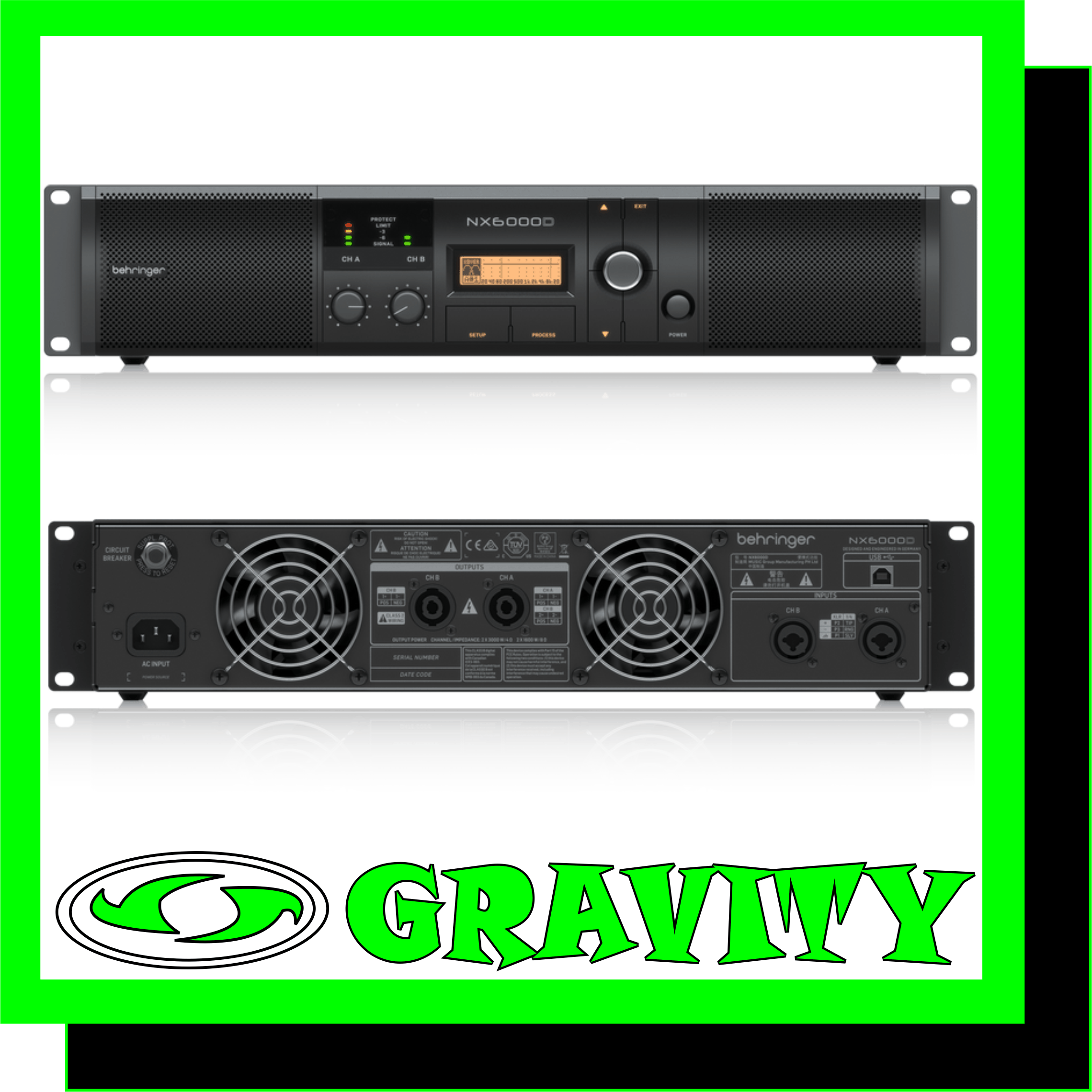 NX6000D Ultra-Lightweight 6000-Watt Class-D Power Amplifier with DSP Control and SmartSense Loudspeaker Impedance Compensation  -Delivers 2 x 3000 Watts into 4 Ohms, 2 x 1600 Watts into 8 Ohms and weighs less than 13.2 lbs / 6.0 kg -Ultimate reliability through revolutionary cool-running High-Density Class-D technology with “near-zero” thermal buildup -Ultra-efficient switch-mode power supply for noise-free audio, superior transient response and low power consumption -High-performance DSP and 24-bit/96 kHz converters deliver ultimate signal integrity and extreme dynamic range -DSP section features sophisticated delay, crossover (3 filter types, up to 48 dB/octave), EQ (8 parametric, 2 dynamic), dynamics processing and lockable security settings -SmartSense Loudspeaker impedance compensation features fully linear frequency response at any speaker load impedance -Front panel LCD display enables setup and adjustment without PC -Can be set up, controlled and monitored via rear panel USB connector. Powerful remote software downloadable at behringer.com -“Zero-Attack” limiters offer maximum output level with reliable overload protection -Built-in Subwoofer/Satellite crossover for perfect subwoofer operation -Detented and illuminated gain controls for precise level setting -Precise 4-segment Signal and Limit LEDs to monitor performance -XLR and 1/4” TRS combination input connectors for compatibility with any source -Professional twist-lock speaker connectors for ultimate reliability -Independent DC, LF and thermal overload protection on each channel automatically protects amplifier and speakers without shutting down the show -“Back-to-front” ventilation system prevents thermal buildup for reliable operatio  NX6000D The NX6000D power amplifier packs 6000 Watts (2 x 3000 Watts @ 4 Ohms; 2 x 1600 Watts @ 8 Ohms) into exceptionally lightweight (13.2 lbs / 6.0 kg) and rack-mountable packages. Plus, the built-in DSP and 24-bit/ 96 kHz converters ensure the ultimate signal integrity with an extremely broad dynamic range. And because the NX6000D is so much more efficient than conventional designs, it runs cooler and doesn’t require the massive heat sinks and heavy toroid transformers typically associated with its conventional counterparts. Thanks to our “Zero-Attack” limiters that offer maximum output level with exceptionally-reliable overload protection and SmartSense Loudspeaker impedance compensation, which provides fully linear frequency response at any speaker load impedance, you can run the NX6000D full-out for hours on-end. Our revolutionary high-density Class-D technology, combined with an ultra-efficient, switch-mode power supply ensure this feather-light powerhouse will drive your rig effortlessly for many years to come.  Class-D – Massive Power, Perfect Sound Thanks to our High-Density Class-D amplifier Technology, we are able to provide you with enormous power and incredible sonic performance in an easy-to-use, ultra-portable and lightweight package. Class-D amplification makes all the difference, offering the ultimate in energy efficiency – and eliminating the need for heavy power supplies and massive heat sinks. This amazing technology makes it possible to design and build extremely-powerful products that are significantly lighter in weight than their traditional counterparts, while using less energy and protecting the environment.  Sublimely Simple Operation The front panel controls and indicators provide your system’s vital signs at a glance. After pressing the Power button, the Power LED lights to show the amp is ready for action. All channels feature positive-detent Gain controls with Signal LEDs that light when a signal is present, as well as Limit LEDs to indicate when the amplifier is running at full capacity. Just as elegant as the front, the rear panel is home to the combo XLR and 1/4? TRS Input connectors, making the NX6000D compatible with virtually any source, balanced or unbalanced. Professional twist-lock speaker sockets are provided to ensure every drop of output power gets to your loudspeakers.  NX DSP For sound engineers requiring high-level control capability, the NX6000D amplifier comes ready for action right out-of-the-box. The built-in DSP and 24-bit/96 kHz converters ensure the ultimate signal integrity with an extremely broad dynamic range. DSP section features sophisticated delay, crossover (3 filter types, up to 48 dB/octave), EQ (8 parametric, 2 dynamic), dynamics processing and lockable security settings. A convenient front panel LCD display allows you to setup and make adjustments directly at the amplifier, without the need for a PC.  SmartSense Impedance Compensation Our new SmartSense Technology puts the punch back into Class-D amplification, providing vastly improved full-range frequency response with more powerfully-dynamic bass, and smoother high-frequency reproduction. The resulting output is no longer dependent on the actual load, but is rendered perfectly ruler flat via impedance compensation. NX6000D’s design also incorporates a significantly-higher damping factor that yields better amplifier control over the loudspeaker for stronger audio reproduction – especially in the LF area.