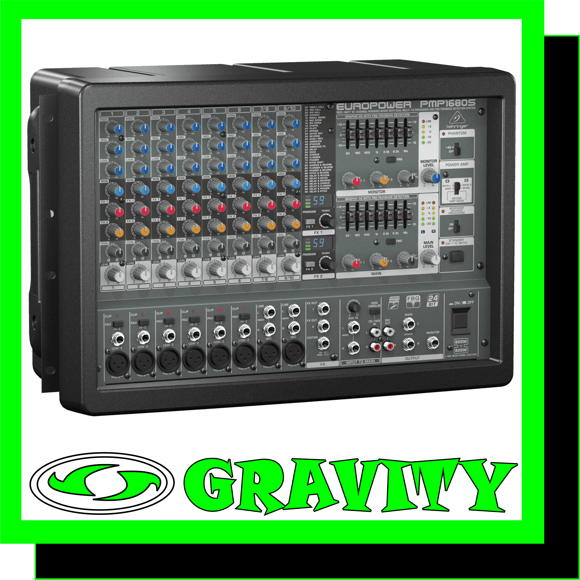 Behringer PMP1680S 1600-Watt 10-Channel Powered Mixer  FEATURES -Ultra-compact rackmountable 2 x 800-Watt stereo powered mixer (1600-Watt bridged mode) -Revolutionary Class-D amplifier technology: enormous power, incredible sonic performance and super-lightweight -Ultra-compact design at nearly half the depth and weight of conventional powered mixers means no more lugging around dead weight -10-channel mixer section features 6 mono and 2 stereo channels plus separate CD/Tape input/output -2 studio-grade, 24-bit stereo FX processors with 100 awesome presets including reverb, chorus, flanger, delay, pitch shifter, and various multi-effects -Revolutionary FBQ Feedback Detection system instantly reveals critical frequencies for easy feedback removal -8 high-quality mic preamps with switchable +48 V phantom power for condenser microphones -Effective, extremely musical 3-band EQ, switchable Pad, and Clip LEDs on all mono channels -Stereo 7-band graphic EQ allows precise frequency correction of monitor and main outputs -Voice Canceller function removes singer's voice from recordings for karaoke applications -Selectable stereo (main L/R), double mono (main/monitor) or bridged mono amplifier operation mode -Speaker Processing function adjusts frequency response to match professional speaker systems like BEHRINGER EUROLIVE series, etc. -Standby switch mutes all input channels during breaks while background music is provided via CD/Tape input -Adjustable stereo Aux input for connecting external signal sources -Internal switch-mode power supply, noise-free audio, superior transient response and very low power consumption -Rack mount brackets included -High-quality components and exceptionally rugged construction ensure long life -Conceived and designed by BEHRINGER Germany  EUROPOWER PMP1680S  The amazing PMP1680S Powered Mixer packs tremendous power (2 x 800 Watts stereo or 1,600 Watts in Bridged mode), while maintaining an incredible power-to-weight ratio. These mixers employ high-efficiency Class-D technology and a state-of-the- art switch-mode power supply, which significantly reduces weight and heat. The 10-channel PMP1680S features 8 high-quality mic preamps, 2 stereo channels, dual 24-bit Multi-FX processors with 100 awesome presets including studio-class reverbs, delays, pitch shifter and various multi-effects, plus a 7-band stereo graphic EQ with our proprietary FBQ Feedback Detection System – for the ultimate in feedback-free performance.