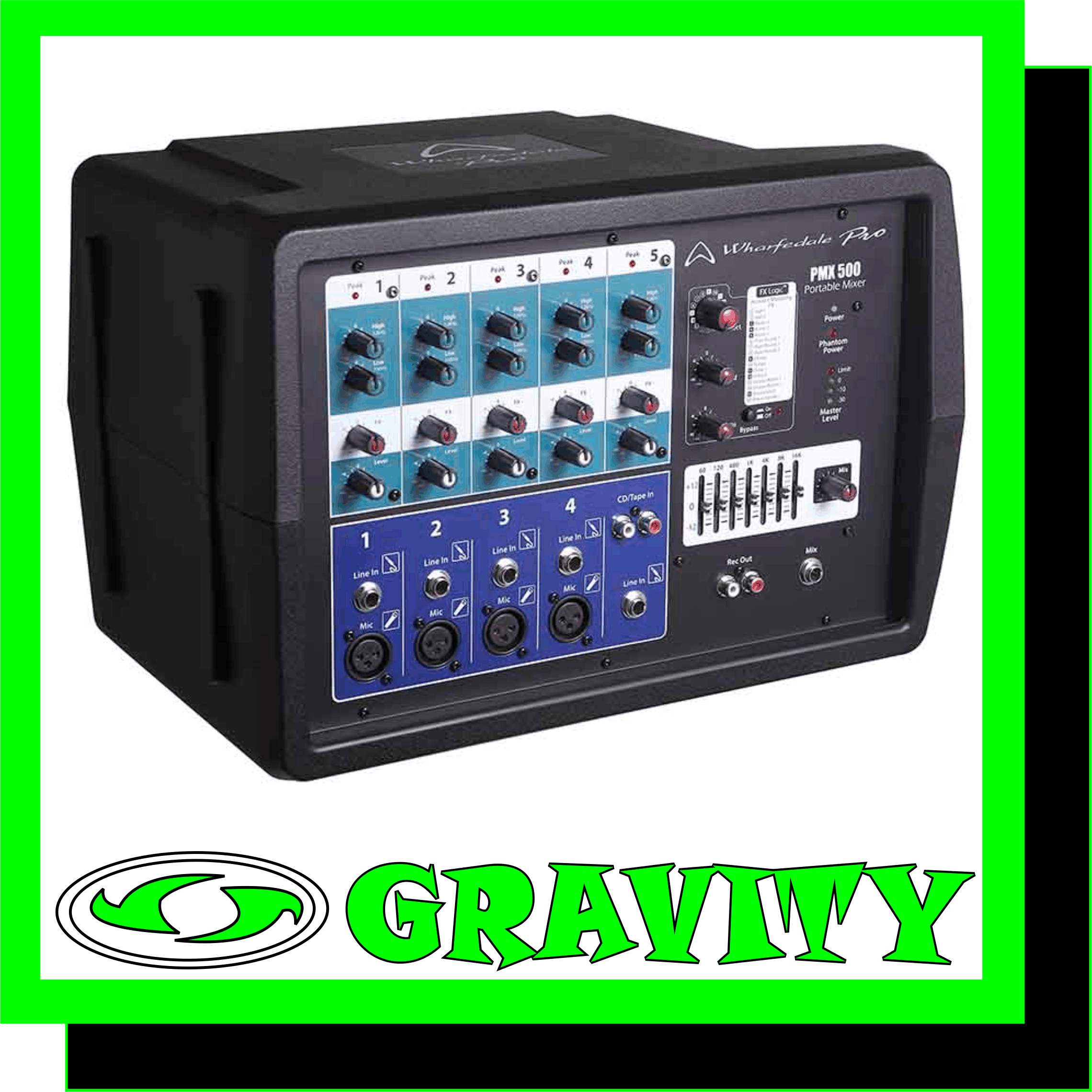 PMX 500  Key Features  -1 x 150W RMS -Lightweight Class-D Amplifier Modules -Lightweight, High-Efficiency Switch-Mode Power Supplies -Phantom Powered Balanced XLR Mic Inputs -¼” Jack and RCA Line Level Inputs -Peak Indicator for Each Channel -2-Band EQ on Every Channel -Built-in Digital FX -Clip LED display -7-Band Graphic EQ on Master Section -4 Segment LED Metering -Jack / Speakon Outputs  The PMX 500 from Wharfedale Pro is a class-leading lightweight, compact and portable powered mixer. Class D amplification technology means the amplifier is portable yet powerful with built-in digital FX this is a time and space saving powered mixer perfect for the mobile performer.
