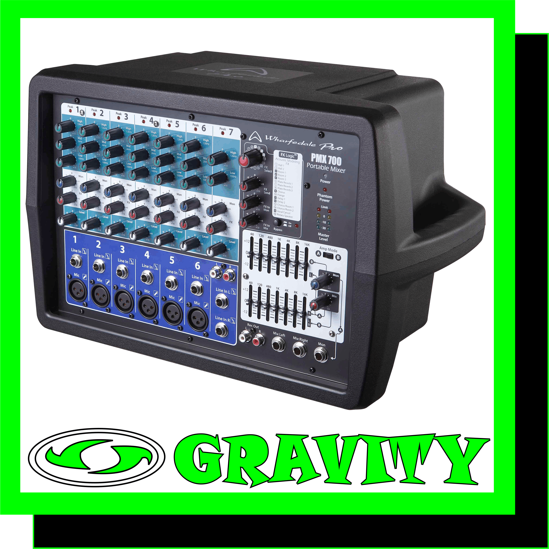PMX 700  Key Features  -2 x 150W RMS -Lightweight Class-D Amplifier Modules -Lightweight, High-Efficiency Switch-Mode Power Supplies -Phantom Powered Balanced XLR Mic Inputs -¼” Jack and RCA Line Level Inputs -Peak Indicator for Each Channel -3-Band EQ on Every Channel -Built-in Digital FX -Clip LED display -7-Band Graphic EQ on Master Section -4 Segment LED Metering -Jack / Speakon Outputs  The PMX 700 from Wharfedale Pro is a class-leading lightweight, compact and portable powered mixer. Class D amplification technology means the amplifier is portable yet powerful with built-in digital FX this is a time and space saving powered mixer perfect for the mobile performer.