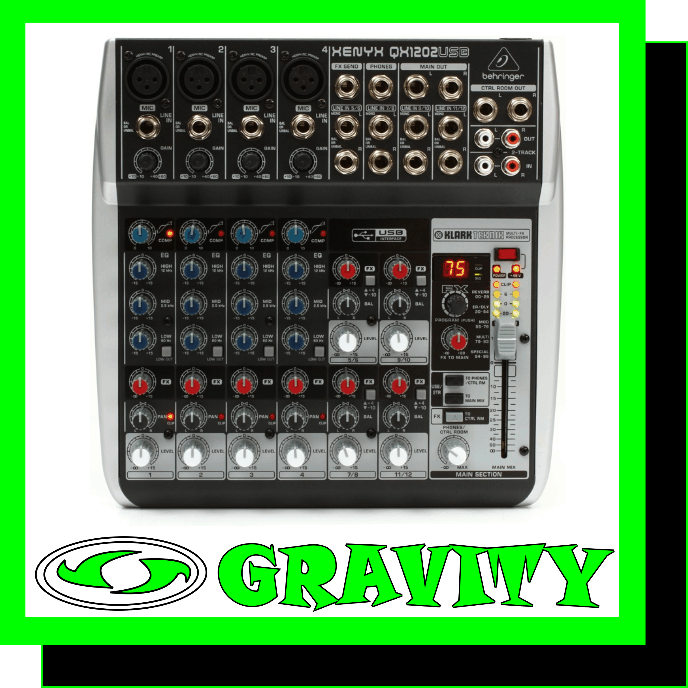 Behringer XENYX QX1202USB 12 input Mixer   Product Features: -Premium ultra-low noise, high headroom analog mixer -4 state-of-the-art XENYX Mic Preamps comparable to stand-alone boutique preamps -Studio-grade compressors with super-easy “one-knob” functionality and control -LED for professional vocal and instrumental sound -Ultra-high quality KLARK TEKNIK FX processor with 100 presets including reverb, -chorus, flanger, delay, pitch shifter and various multi-effects -Built-in stereo USB/Audio Interface to connect directly to your computer. Free -audio recording, editing and podcasting software plus 150 instrument/effect -plug-ins downloadable at behringer.com -Neo-classic “British” 3-band EQs for warm and musical sound -FX send control per channel for internal FX processor and/or as external send -Main mix outputs plus separate control room, phones and 2-Track outputs -2-Track inputs assignable to main mix or control room/phones outputs -High-quality components and exceptionally rugged construction ensure long life -Conceived and designed by BEHRINGER Germany  The compact QX1202USB mixer allows you to effortlessly achieve premium-quality sound, thanks to its 4 onboard studio-grade XENYX Mic Preamps and ultra-musical British channel EQs. And our easy-to-use one-knob compressors provide total dynamic control for the ultimate in punch and clarity, while respecting all the power and emotion you pack into every note. Add to this, the sweet forgiveness of our British-style EQs and a KLARK TEKNIK 24-bit, dual engine FX processor with 100 presets including reverb, chorus, flanger, delay, pitch shifter and various multi-effects and the QX1202USB becomes an incredibly versatile mixer for your live performances. But the XENYX QX1202USB isnt just designed to handle your live gigs; they also provide the state-of-the-art tools you need to make stunning, professional-quality recordings. Along with their built-in USB/audio interfaces, the QX1202USB comes with all the recording and editing software needed to turn your computer system into a complete, high-performance home recording studio. BUY ONLINE