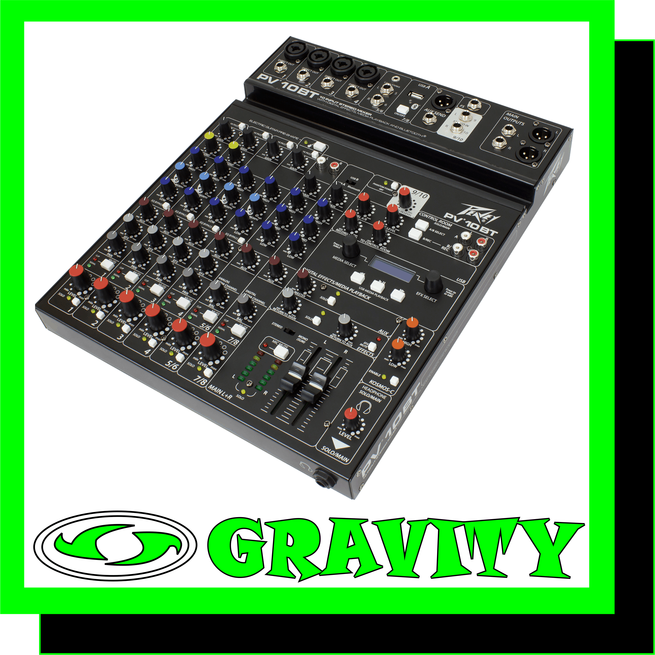 PV 10 AT  Features: -New rugged, slim, low-profile console design -Convenient tablet cradle -2 Channels of Antares® Auto-Tune -4 combination XLR/1/4" low noise mic preamps -Selectable Hi Pass Filter on first 4 inputs -3-band EQ on all channels -4 channels of Peavey's exclusive MidMorph® EQ -EQ bypass per channel -2 channels of built-in compression -Individual channel mutes -Individual Listen/Solo function -LED clip and signal present indication -4 Channels of direct out -Stereo pan control per channel -Channel 5/6 stereo 1/4", RCA, or 3.5mm input channel -Dual selectable control room outputs -One pre-fader AUX send -KOSMOS® bass and treble enhancement -Main stereo outputs with 1/4" unbalanced and balanced XLR connectors -Precision 60 mm faders on master -High quality master LED meter bridge -Master mic mute -Studio quality headphone output -Equipped with Bluetooth wireless connectivity, Bluetooth 3.0 + EDR, A2DP -On-board USB-A MP3 and WAV playback -Stereo USB-B streaming audio in and out, 16-bit, up to 48kHz sample rates -Built-in Digital Effects with LCD Display -Peavey's exclusive on-board Hi Z guitar input -Global 48V phantom power -Product Dimensions: 12.75" wide x 15.1" deep x 2.1875" high (32.39 cm x 38.35 cm x 5.56 cm) -Weight Packed: 9.48 lb(4.3 kg) -Width Packed: 16.14"(40.9956 cm) -Height Packed: 16.54"(42.0116 cm) -Depth Packed: 3.54"(8.9916 cm)  Overview: The all-new PV® 10 AT mixers come equipped with Antares® Auto-Tune® pitch correction, a technology that can literally help anyone sing in key and is used on professional recordings and live performances throughout the world. This technology is incorporated directly into a complete and powerful portable mixing solution, ensuring that your audience will experience perfectly tuned vocals to complement the crystal-clear audio of the mixer.  Features such as Bluetooth® allow seamless connection to almost any "smart" device. Multiple direct outs per channel allow easy connection to most DAW interfaces for recording. In addition, these mixers can stream audio directly to a PC. MP3 playback is also available via USB A port and LCD display.  With a slim, low-profile design, PV AT series mixers are ideal in small to mid-size venues. Key features include 2 channels of Antares Auto-Tune, 4 channels of reference-quality mic preamps, 4 direct outputs for recording, Bluetooth® wireless input, and built-in digital effects with LCD display. These all-new mixers will provide years of hassle-free operation.