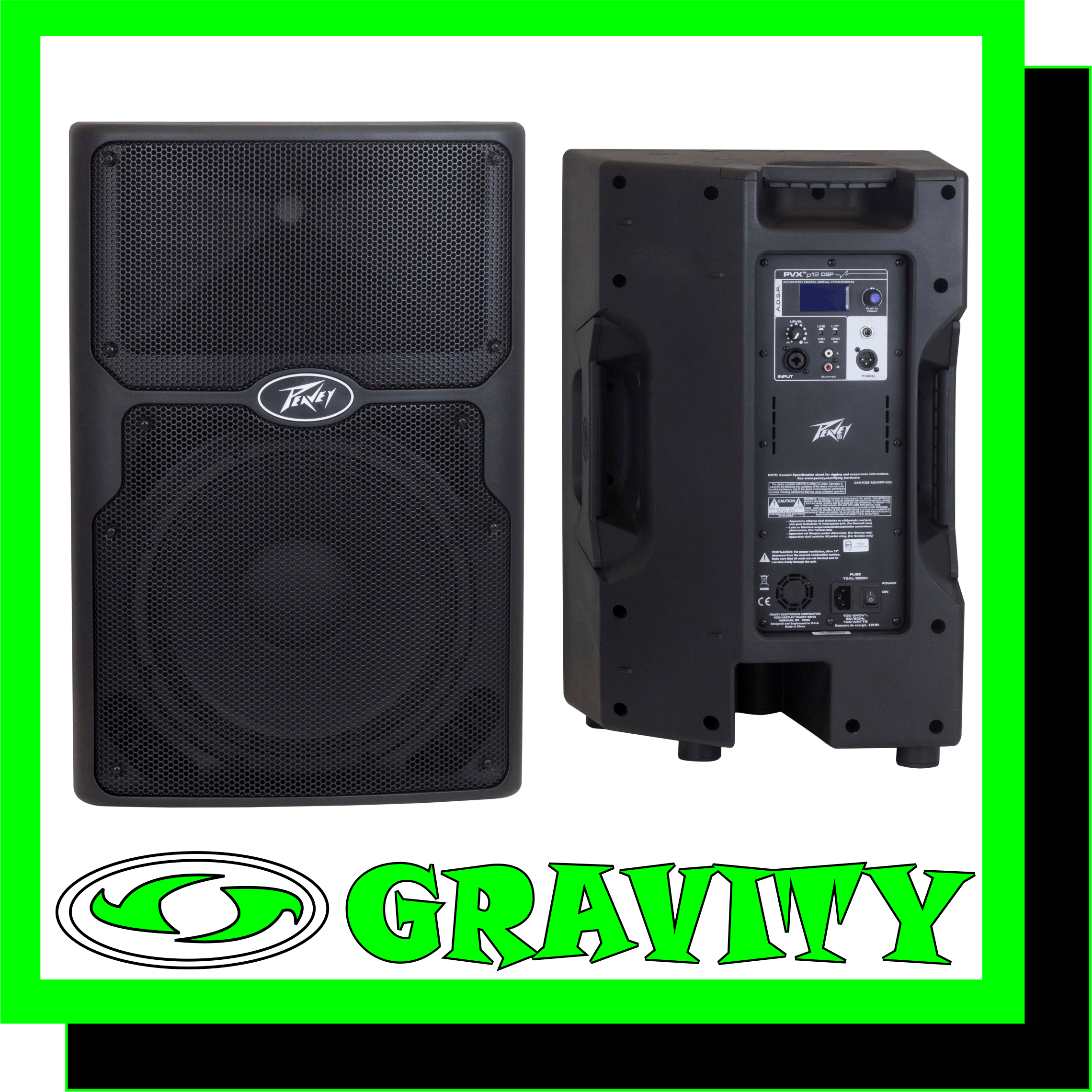 The PVXp™ 12 DSP features a reliable bi-amped power section that provides a total of 830 Watts of peak available dynamic power. With that much available power, speaker protection is critical. Advanced digital signal compression prevents audible overload, protecting the speakers from harmful distortion at high output levels. This powered enclosure also includes heavy duty speaker drivers; it features a 12" woofer with a 2-3/8" voice coil and a 50 oz. magnet. This is coupled with the RX14 compression driver that includes a 1.4" titanium diaphragm on a 100-degree horizontal x 50 degree vertical pattern asymmetrical horn.  The PVXp™ 12 DSP provides a balanced input via a combination jack that accepts a balanced TRS 1/4" input, as well as a balanced XLR input and summed RCA jacks. There are two balanced Thru outputs, a male XLR and a 1/4" TRS. The LCD display and EQ presets, along with other operating parameters are accessed via a one-knob selector.  Features -Two-way bi-amplified analog amp powered speaker system -DSP I/O is at 48 kHz and 24 bits, with low-jitter, professional grade components -Fan cooled for maximum reliability -Peavey Exclusive Quadratic Throat Waveguide™ technology, 100 by 50 degree coverage -DSP processing is 64 bit double-precision -Input is via a combo female XLR and 1/4" TRS phone jack with balanced input -A Mic/Line switch provides for two different gain settings -Thru output is via a male XLR jack and 1/4" TRS phone jack -Multiple Factory Preset EQ settings -Rugged plastic injection-molded trapezoidal enclosure -630 watts peak dynamic woofer power, 200 watts peak dynamic tweeter power -Full-coverage perforated steel grille, with powder coat finish -RX™ 14 compression driver, with 1.4 inch titanium diaphragm -Pole mount molded-in for 1 3/8" diameter poles -12" heavy-duty woofer with a 2-3/8" voice coil & 50 oz. magnet -Top, bottom and right side flying point inserts -Asymmetrical horn aims the sound down 10 degrees, at the audience, not over their heads -Weight Unpacked: 42.00 lb(19.051 kg) -Weight Packed: 48.00 lb(21.772 kg) -Width Packed: 20"(50.8 cm) -Height Packed: 26.75"(67.945 cm) -Depth Packed: 18.25"(46.355 cm)