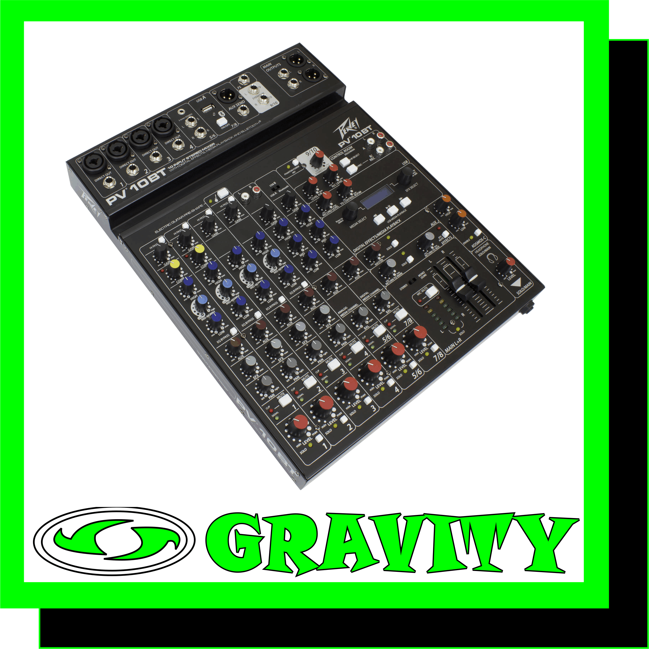 PV® 10 BT  Features: -New rugged, slim, low-profile console design -Convenient tablet cradle -4 combination XLR/1/4" low noise mic preamps -Selectable Hi Pass Filter on first 4 inputs -3-band EQ on all channels -4 channels of Peavey's exclusive MidMorph® EQ -EQ bypass per channel -2 channels of built-in compression -Individual channel mutes -Individual Listen/Solo function -LED clip and signal present indication -4 Channels of direct out -Stereo pan control per channel -Channel 5/6 stereo 1/4", RCA, or 3.5mm input channel -Dual selectable control room outputs -One pre-fader AUX send -KOSMOS® bass and treble enhancement -Main stereo outputs with 1/4" unbalanced and balanced XLR connectors -Precision 60 mm faders on master -High quality master LED meter bridge -Master mic mute -Studio quality headphone output -Equipped with Bluetooth wireless connectivity, Bluetooth 3.0 + EDR, A2DP -On-board USB-A MP3 and WAV playback -Stereo USB-B streaming audio in and out, 16-bit, up to 48kHz sample rates -Built-in Digital Effects with LCD Display -Peavey's exclusive on-board Hi Z guitar input -Global 48V phantom power -Product Dimensions: 12.75" wide x 15.1" deep x 2.1875" high (32.39 cm x 38.35 cm x 5.56 cm) -Weight Packed: 9.48 lb(4.3 kg) -Width Packed: 16.14"(40.9956 cm) -Height Packed: 16.54"(42.0116 cm) -Depth Packed: 3.54"(8.9916 cm)  Overview: Introducing the next level in world-class non-powered mixer performance. The all new PV® series mixing consoles include Peavey's reference-quality mic preamps that spec in at an incredible 0.0007% THD, making the PV series mixers excellent for live or recording applications.  The PV 10 BT includes 4 channels of reference quality mic preamps, 4 direct outputs for recording, a stereo channel, media channel with Bluetooth® wireless input, high quality digital effects with LCD display, streaming USB out, MP3 playback via USB A input, Peavey's exclusive Kosmos® audio enhancement, 48-volt phantom power, dual selectable control room outputs, 2 channels of compression, one channel of on board selectable guitar preamp, 3-band EQ per channel with bypass, channel mute buttons, aux send, signal clip indicators, and a stereo master LED meter bridge. This amazingly versatile mixer is at home both in the studio as well as live applications.  Modern features such as Bluetooth allow seamless connection to almost any "smart" device. 4 direct outs allow easy connection to most DAW interfaces for recording. In addition, the PV 10 BT can stream audio directly to a PC. MP3 playback is also available, just plug a flash drive with MP3 files on it into the USB A port and use the LCD to select and play back music. The PV series Solo feature allows the user to listen to individual channels via headphone or control room outputs, and the EQ bypass allows the user to hear and compare the EQ'd signal to the original signal with the push of a button. 2 channels of compression keep signals with difficult levels under control, and Peavey's exclusive guitar shape adjusts the EQ and preamp specifically for guitar. Hi pass filters on every channel remove unwanted rumble and noise, and balanced AUX and Master outputs ensure a clean noise-free signal to your powered speakers or power amplifier.