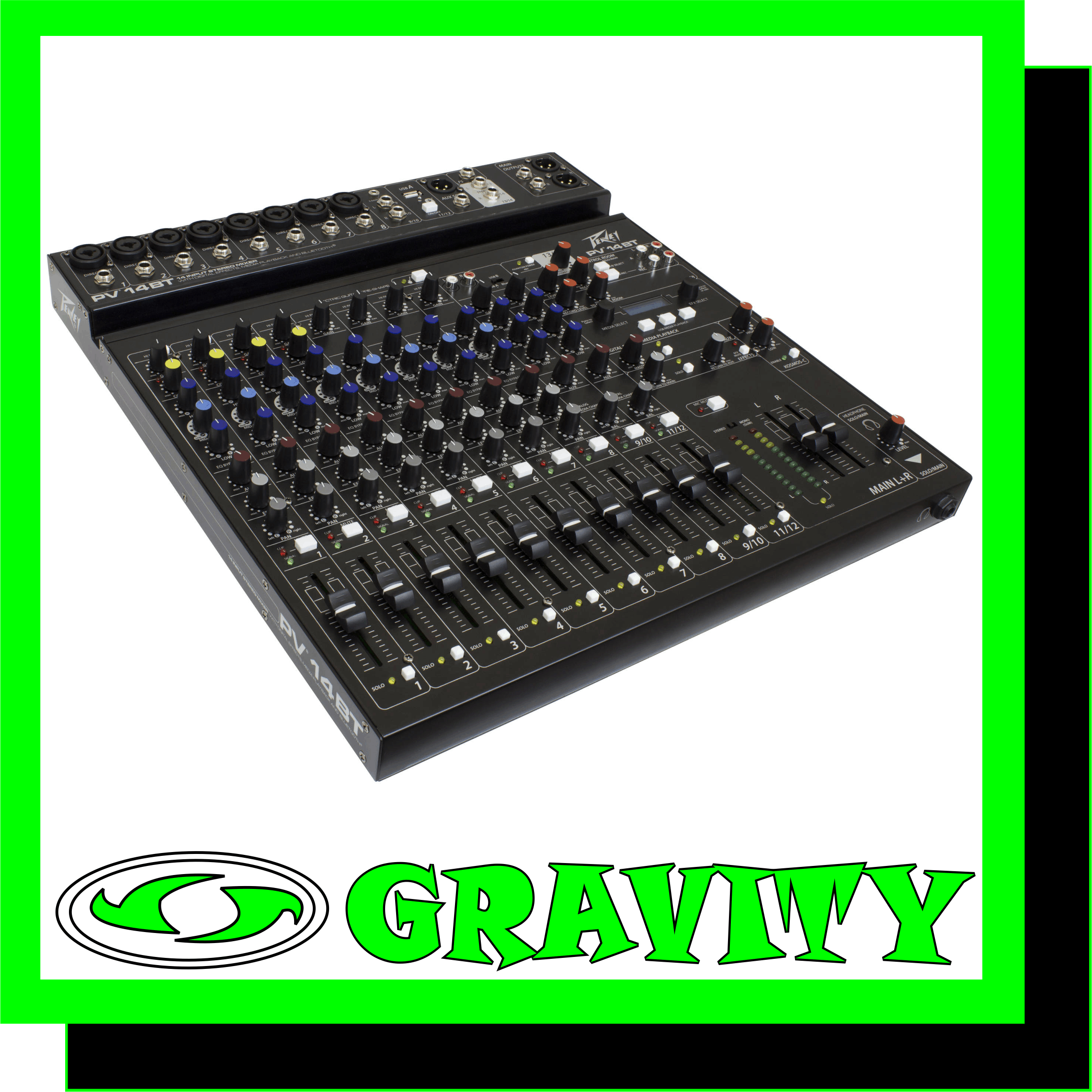 PV® 14 BT  Features: -New rugged, slim, low-profile console design -Convenient tablet cradle -8 combination XLR/1/4" low noise mic preamps -Selectable Hi Pass Filter on first 8 inputs -3-band EQ on all channels -8 channels of Peavey's exclusive MidMorph® EQ -EQ bypass per channel -4 channels of built-in compression -Individual channel mutes -Individual Listen/Solo function -LED clip and signal present indication -8 Channels of direct out -Stereo pan control per channel -Channel 9/10 stereo 1/4", RCA, or 3.5mm input channel -Dual selectable control room outputs -One pre-fader AUX send -KOSMOS® bass and treble enhancement -Main stereo outputs with 1/4" unbalanced and balanced XLR connectors -Precision 60 mm faders -High quality master LED meter bridge -Master mic mute -Studio quality headphone output -Equipped with Bluetooth wireless connectivity, Bluetooth 3.0 + EDR, A2DP -On-board USB-A MP3 and WAV playback -Stereo USB-B streaming audio in and out, 16-bit, up to 48kHz sample rates -Built-in Digital Effects with LCD Display -Peavey's exclusive on-board Hi Z guitar input -Global 48V phantom power -Product Dimensions: 16.1875" wide x 17.3" deep x 2.1875" high (41.12 cm x 43.94 cm x 5.56 cm) -Weight Packed: 13.23 lb(6 kg) -Width Packed: 18.7"(47.498 cm) -Height Packed: 20.47"(51.9938 cm) -Depth Packed: 3.54"(8.9916 cm)  Overview: Introducing the next level in world-class non-powered mixer performance. The all new PV® series mixing consoles include Peavey's reference-quality mic preamps that spec in at an incredible 0.0007% THD, making the PV series mixers excellent for live or recording applications.  The PV 14 BT includes 8 channels of reference quality mic preamps, 8 direct outputs for recording, a stereo channel, media channel with Bluetooth® wireless input, high quality digital effects with LCD display, streaming USB out, MP3 playback via USB A input, Peavey's exclusive Kosmos® audio enhancement, 48-volt phantom power, dual selectable control room outputs, 4 channels of compression, one channel of on board selectable guitar preamp, 3-band EQ per channel with bypass, channel mute buttons, aux send, signal clip indicators, and a stereo master LED meter bridge. This amazingly versatile mixer is at home both in the studio as well as live applications.  Modern features such as Bluetooth allow seamless connection to almost any "smart" device. 8 direct outs allow easy connection to most DAW interfaces for recording. In addition, the PV 14 BT can stream audio directly to a PC. MP3 playback is also available, just plug a flash drive with MP3 files on it into the USB A port and use the LCD to select and play back music. The PV series Solo feature allows the user to listen to individual channels via headphone or control room outputs, and the EQ bypass allows the user to hear and compare the EQ'd signal to the original signal with the push of a button. 4 channels of compression keep signals with difficult levels under control, and Peavey's exclusive guitar shape adjusts the EQ and preamp specifically for guitar. Hi pass filters on every channel remove unwanted rumble and noise, and balanced AUX and Master outputs ensure a clean noise-free signal to your powered speakers or power amplifier.