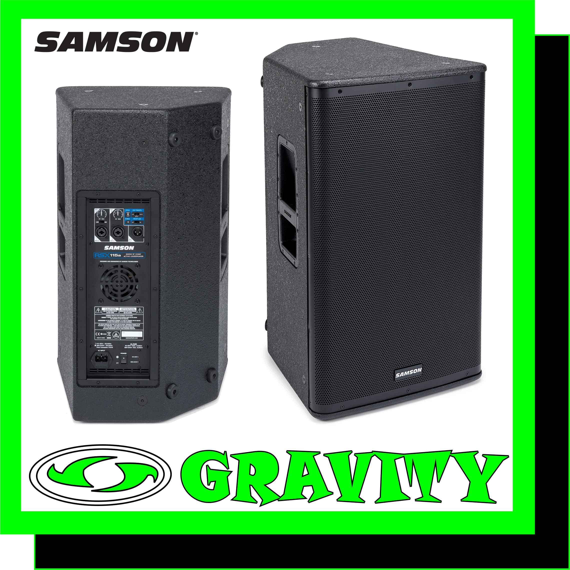 Place Of Power. Samson's RSX115A 2-Way Active Loudspeaker delivers 1,600 watts of output power and impeccable sound quality. The RSX115A combines 9-layer plywood cabinet construction with ultra-efficient Class D power and advanced Digital Signal Processing technology to provide unrivaled performance to live sound professionals.  Featuring Samson's proprietary R.A.M.P. (Reactive Alignment, Maximum Protection) DSP technology, the RSX115A employs Reactive Alignment filters to enhance transducer performance. The DSP also offers Maximum Protection to the speaker's components via thermal and over current sensors. Along with a 15" low frequency driver, the speaker features a single 1.75" PETP Celestion® compression driver mounted within a dispersion efficient waveguide, adding a wide and balanced sound field to the RSX design.  In addition to its ultra-durable cabinet construction, the RSX115A features a perforated steel grill, 1 3/8" pole mount receptacle and two rubberized carry handles. Connectivity includes two XLR-1/4" combo input channels with a selectable Mic/Line switch on Channel 1. Additionally, an XLR Link output is available for stereo operation. The speaker performs equally as well as a floor monitor or main system speaker. For situations that require permanent speaker installation, the RSX115A is furnished with twelve M10 (10mm) fly points.  -Lightweight, Class D 2-way active loudspeakers -1,600 watts of output power -Peak SPL of 133dB -9-layer plywood cabinet construction -Samson’s R.A.M.P. DSP technology -15" low frequency driver -1.75" PETP Celestion® compression driver -Two XLR-1/4" combo input channels -Floor monitor positioning option -1 3/8" pole mount receptacle -Twelve M10 (10mm) fly points -Rubberized carry handles -Perforated steel grill -Durable black, textured paint finish