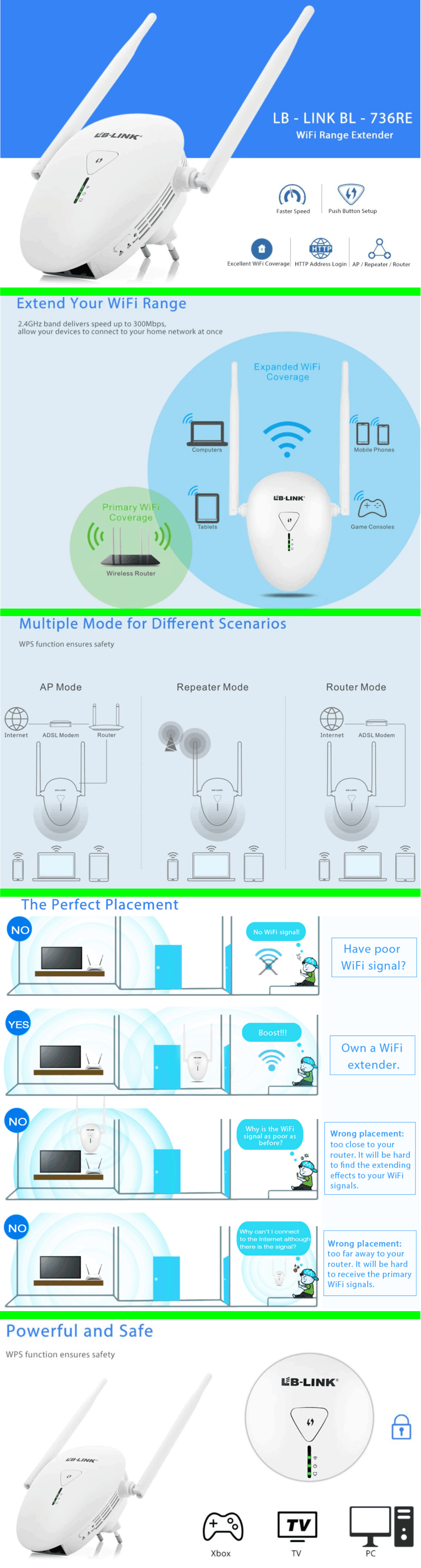 Description:  Say goodbye to the dead zones of WiFi. Convenient and easy to install, extended Wi-Fi coverage just needs to go off with this Lb-link bl-736re WiFi range extender .  Increase the existing range and speed of the network, delivering WiFi up to 300 Mbps.  It works with any standard Wi-Fi router and is ideal for keeping your mobile devices connected to you while moving throughout your home.   Main features:  -With two external antennas, supports 2.4 GHz WiFi, WiFi speed up to 300 Mbps, coverage area up to 100 m, expanding and strengthening your wireless signal  -Ethernet port (10/100 Mbit / s) allows the conservator to act as a wireless adapter for connecting wired devices without delay  -C WPS function, simply push the WPS button, provides wireless encryption settings easily provides network security  • Support router, repeater, AP three modes of operation, the function with a convenient mode switch, let you freely switch  -C design high heat on both sides, improves its durability and stability WiFi  -Adopts eco-friendly plastic bolochku, harmless, protivoavarnaya and wear-resistant, more durable  -Easy to install and use, small size and design of the wall makes it easy to deploy and move with flexibility 