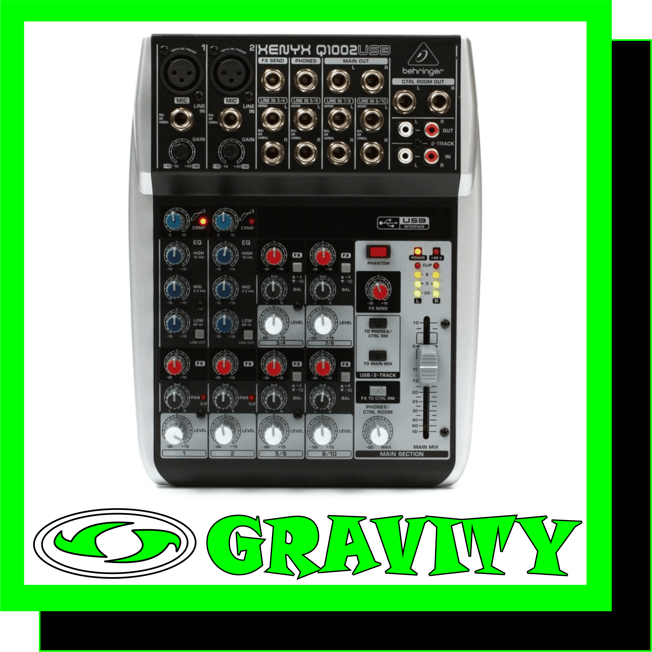 Behringer XENYX Q1002USB 10-Input 2-Bus Mixer  Product Features: -Premium ultra-low noise, high headroom analog mixer -2 state-of-the-art XENYX Mic Preamps comparable to stand-alone boutique preamps -Studio-grade compressors with super-easy “one-knob” functionality and control LED for professional vocal and instrumental sound -Built-in stereo USB/Audio Interface to connect directly to your computer. Free audio recording, editing and podcasting software plus 150 instrument/effect plug-ins  downloadable at behringer.com -Neo-classic “British” 3-band EQs for warm and musical sound -1 post fader FX send per channel for external FX devices -Main mix outputs plus separate control room, phones and 2-Track outputs -2-Track inputs assignable to main mix or control room/phones output -FX to control room function helps to monitor effect signal via headphones and control room outputs -High-quality components and exceptionally rugged construction ensure long life -Conceived and designed by BEHRINGER Germany